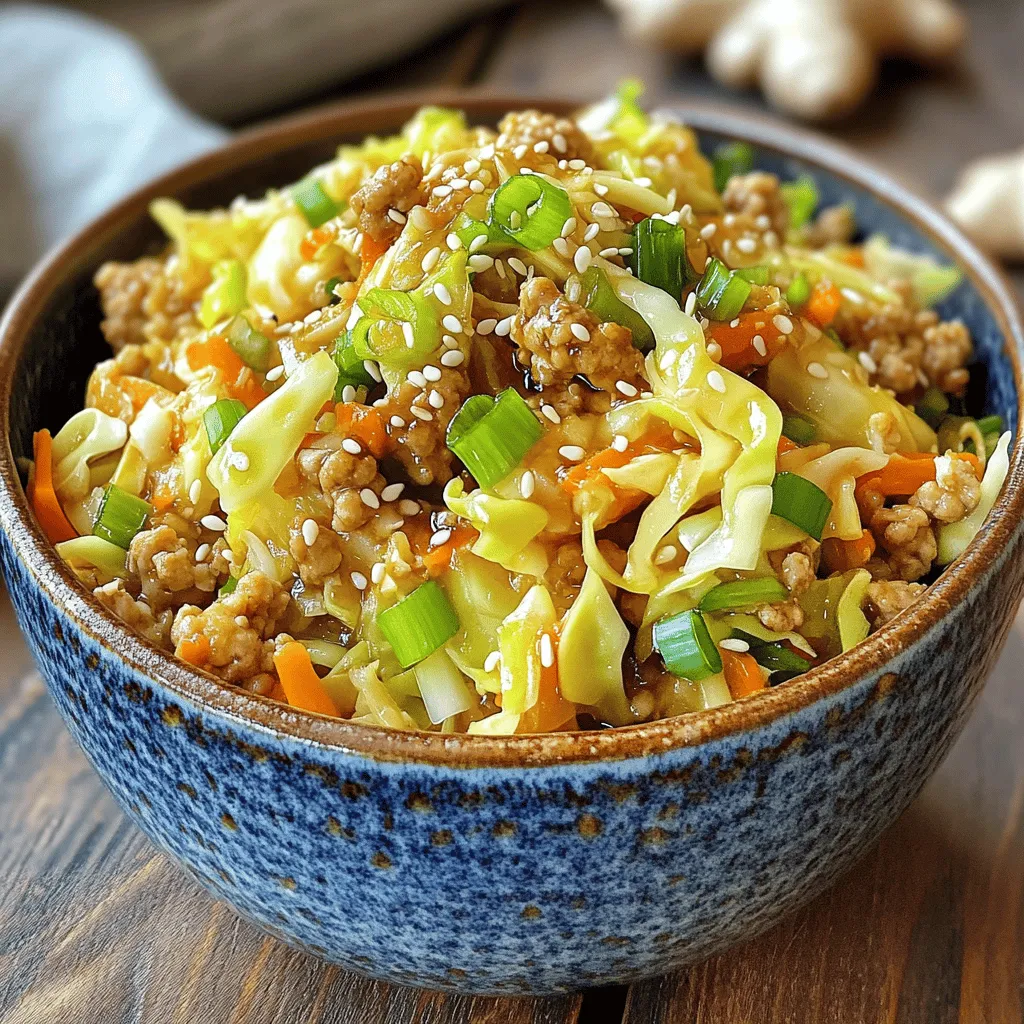 - Ground chicken or turkey - Coleslaw mix (shredded cabbage and carrots) - Green onions, garlic, and ginger The main ingredients make this dish shine. Ground chicken or turkey gives it protein and flavor. I love using coleslaw mix. It adds crunch and color to the bowl. The mix of shredded cabbage and carrots is quick to use. Next, we have green onions, garlic, and ginger. These aromatics bring a fragrant kick to the dish. - Low-sodium soy sauce - Sesame oil and olive oil - Rice vinegar For the condiments and oils, low-sodium soy sauce is my go-to. It adds saltiness without being too strong. Sesame oil brings a nutty flavor. I like to mix it with olive oil for cooking. Rice vinegar adds a touch of tang. This combination creates a balanced taste that makes every bite enjoyable. - Salt and pepper - Sesame seeds for garnish Seasoning is key to a great dish. I always use salt and pepper to enhance the flavors. They help bring out the best in all the ingredients. Finally, I sprinkle sesame seeds on top. They add a nice crunch and look great on the dish. For the full recipe, check out the details above. To start, heat your oils in a large skillet or wok on medium heat. I prefer to use both olive oil and sesame oil for a rich flavor. The right skillet is key; a non-stick or well-seasoned cast iron works best. This ensures even cooking and easy cleanup. Next, add the ground chicken or turkey to the hot skillet. Cook it until it turns brown, which takes about 5 to 7 minutes. Break up the meat with a spatula as it cooks. This helps it brown evenly. Don't forget to season it with salt and pepper for maximum flavor. Proper seasoning makes a big difference in taste. Once the meat is cooked, it’s time for the aromatics. Stir in minced garlic and ginger. Cook them for about 1 minute until they smell great. Then, add the coleslaw mix into the skillet. Stir it until the cabbage wilts, which should take about 3 to 4 minutes. This gives your dish that classic egg roll taste while keeping it healthy. For the complete cooking instructions, refer to the Full Recipe. Adjust seasonings to your taste. If you like it spicy, add chili flakes. You can also use more garlic or ginger for a stronger punch. Taste as you go for the best results. To enhance flavor, try adding a splash of lime juice. This brightens the dish. You can also mix in a bit of hoisin sauce for a sweet touch. For even cooking, use a large skillet or wok. This helps distribute heat. Stir often to ensure nothing sticks and cooks evenly. To avoid soggy vegetables, cook the coleslaw mix quickly. Stir-fry it for just a few minutes. You want it tender but still crisp. Serve in wide bowls for a nice look. This gives you space to show off the colorful mix. For garnishing, sprinkle sesame seeds on top. They add crunch and style. You can also add chopped cilantro or sliced radishes for extra color. These small touches make your dish pop! {{image_2}} You can switch the ground chicken or turkey for ground beef. This change adds a rich flavor. If you prefer plant-based options, use lentils or tofu instead. Both options are tasty and filling. For vegetarians, skip meat entirely. For vegans, ensure the sauces are plant-based. Add more veggies to your dish for extra color and taste. Bell peppers, zucchini, or mushrooms work well. You can also toss in snap peas or broccoli for crunch. Adjust cooking times for these vegetables. Softer veggies, like mushrooms, need less time than crunchy ones like bell peppers. Make your egg roll in a bowl unique by adding different sauces or spices. Try sweet chili sauce for a touch of sweetness. You can also add curry powder for a warm flavor. For an Asian-inspired twist, use hoisin sauce or sriracha for heat. Each of these options brings a new twist to a classic dish. To store leftovers from your egg roll in a bowl, let it cool first. Place the dish in an airtight container. This keeps it fresh and tasty. You can store it in the fridge for up to four days. If you have a lot, consider portioning it out. This way, you can grab a quick meal when you need it. If you want to freeze your egg roll in a bowl, use freezer-safe bags or containers. Be sure to remove as much air as possible. This helps prevent freezer burn. You can keep it in the freezer for up to three months. When you're ready to eat, thaw it in the fridge overnight. To reheat, I recommend using the stovetop. This method keeps the dish from getting soggy. Heat it on medium until warmed through. If you use a microwave, put it in a bowl and cover it. Microwave in short bursts, stirring in between. This helps heat it evenly. Enjoy your meal just like it was fresh! Egg Roll in a Bowl is a quick and tasty dish. It has all the flavors of an egg roll but skips the wrapper. You get ground meat, veggies, and savory sauce in a bowl. It is easy to make and fun to eat. You can enjoy it as a main meal or a side. Yes, you can make Egg Roll in a Bowl ahead of time. Cook it, then store it in the fridge. It will stay fresh for up to three days. Just reheat it when you are ready to eat. This makes it great for meal prep. Egg Roll in a Bowl can be gluten-free. Use gluten-free soy sauce instead of regular soy sauce. Make sure to check the labels on all your ingredients. This way, you can enjoy the dish without gluten. To spice up Egg Roll in a Bowl, add red pepper flakes or sriracha. You can also mix in some chopped jalapeños. Adjust the heat to fit your taste. Start with a little and add more if needed. Egg Roll in a Bowl pairs well with rice or noodles. You can also add a side of steamed veggies. For a fresh touch, serve it with a salad. Enjoy the mix of flavors and textures! For the complete recipe, check the Full Recipe section. This blog post covered how to make a tasty Egg Roll in a Bowl. We explored key ingredients like ground chicken and coleslaw. The step-by-step guide shared how to cook the meat and vegetables perfectly. I provided tips to enhance flavor and ideas for alternative ingredients. Lastly, I shared storage methods and answered common questions. Now you can enjoy this dish anytime by following the tips and variations. Keep experimenting to find your favorite flavors. This recipe is easy and fun to make!