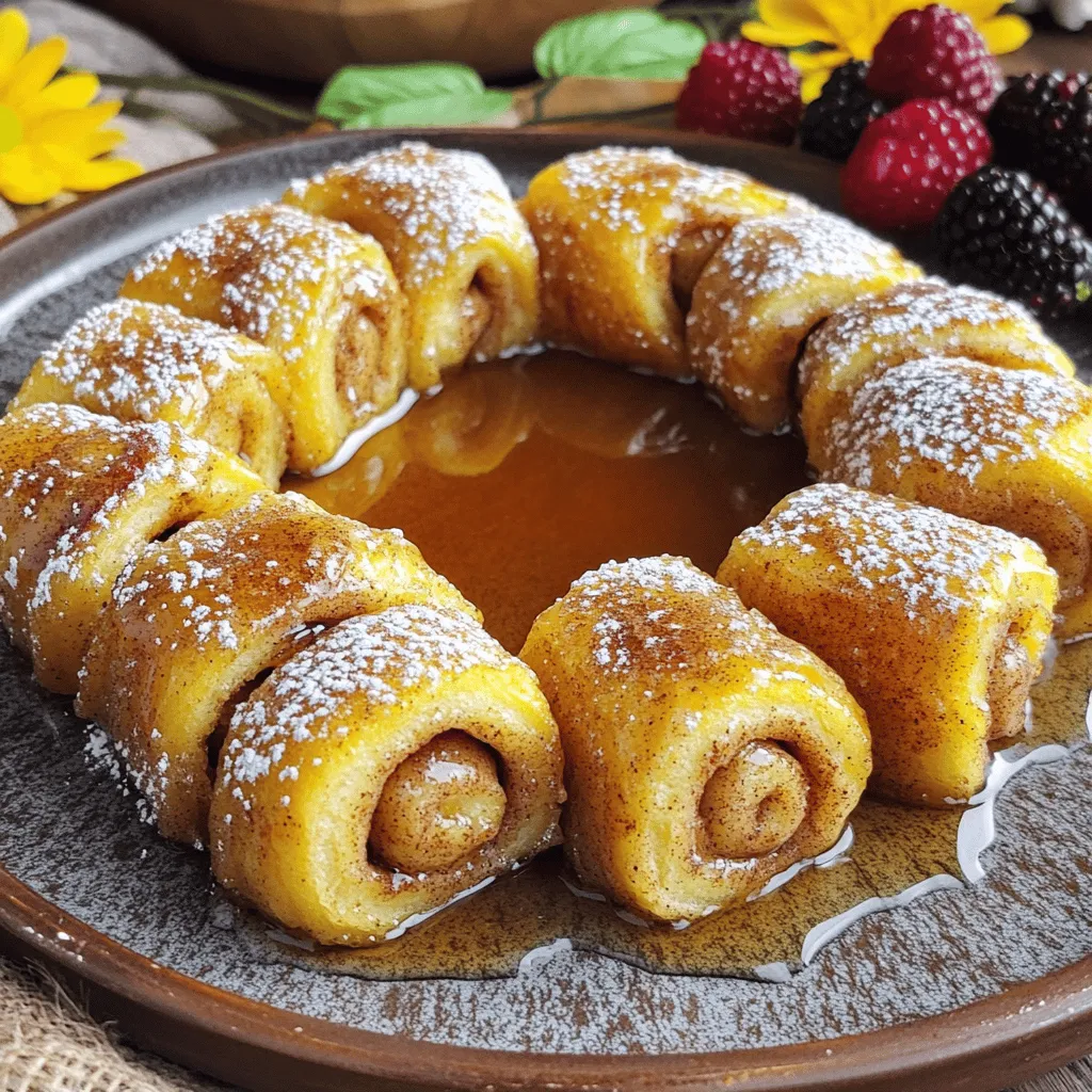 - 6 slices of bread (white or whole grain) - 4 tablespoons butter, softened - 1 tablespoon ground cinnamon - 1/4 cup sugar - 2 large eggs - 1/4 cup milk (dairy or non-dairy) - 1 teaspoon vanilla extract - 1/4 cup cream cheese, softened - 1/4 cup powdered sugar - Syrup for serving To create these delightful roll-ups, you need a mix of simple ingredients. The bread acts as the base, while cream cheese adds richness. The cinnamon and sugar give that classic cinnamon roll flavor. With eggs and milk, you create a lovely custard that brings it all together. You can use any bread you like. White bread is soft and perfect for rolling. Whole grain offers a nuttier flavor and is a bit healthier. The butter is key. It helps cook the roll-ups and adds a nice golden crust. The cinnamon and sugar mix is what makes these roll-ups taste like a sweet treat. The eggs and milk create a rich batter for dipping. The vanilla extract adds a warm note. Cream cheese brings a creamy texture, while powdered sugar gives an extra sweet touch. Finally, don’t forget the syrup! It adds sweetness and makes these roll-ups even more fun to eat. For the full recipe, you can check out the details above. Enjoy making these tasty treats! Preparation of the Filling First, mix cream cheese with powdered sugar. Use a bowl to blend them until smooth. This will be the sweet filling. Set this aside for later use. Flattening and Filling the Bread Next, take a rolling pin to flatten each slice of bread. This helps make rolling easier. Once flattened, spread the cream cheese mixture evenly across each slice. Leave a little space at the edges, so it does not ooze out. Rolling and Cooking Now it’s time to roll! Start at one end and roll each slice tightly into a log. Make sure it is snug but not too tight. After rolling, dip each log in the egg mixture to coat it. Heat a skillet over medium heat and add butter. Place the roll-ups in the skillet and cook until golden brown on all sides. This should take about 2-3 minutes per side. Enjoy the warm, sweet aroma filling your kitchen! For the full recipe, check out the complete instructions. To make perfect cinnamon roll French toast roll-ups, flatten the bread evenly. This step helps you roll them tightly. Use a rolling pin to gently press down on each slice. Fresh ingredients also make a big difference. They boost the flavor and taste of your roll-ups. When cooking, keep the heat at medium. This prevents the roll-ups from burning too quickly. Flip them carefully to keep the filling inside. If you are gentle, your roll-ups will stay intact and look great. Serve your roll-ups with warm syrup and a dusting of powdered sugar. This adds sweetness and a nice touch. You can also pair them with fresh fruit. Berries add color and flavor, making your dish even more delightful. {{image_2}} You can make your Cinnamon Roll French Toast Roll-Ups even more fun. Try adding chocolate chips or chopped nuts to the cream cheese filling. This makes each bite a sweet treat. You can also use flavored cream cheese, like strawberry or blueberry. This twist adds fruit flavor and a nice color. If you need a gluten-free option, choose gluten-free bread. This works well and keeps the roll-ups tasty. For a vegan version, swap out the eggs. You can use a flaxseed mixture instead. Just mix one tablespoon of ground flaxseed with three tablespoons of water. Let it sit until it thickens. This will bind your roll-ups perfectly. You can serve these roll-ups in many ways. For a sweet dessert, add whipped cream on top. This makes a great finish. If you want to serve them for brunch, pair them with crispy bacon or sausage. This adds a savory touch that balances the sweetness. Each option transforms your roll-ups into a special meal. For the complete recipe, check the Full Recipe. To keep your Cinnamon Roll French Toast Roll-Ups fresh, place them in an airtight container. Store in the fridge. They taste best within 2-3 days. This helps maintain their flavor and texture. When you're ready to enjoy leftovers, warm them up. You can use a skillet or microwave. If you want them crispy again, toast them lightly. This brings back that delightful crunch we all love. Want to save some for later? You can freeze the roll-ups before cooking. Just ensure they’re wrapped well. When ready to eat, thaw them in the fridge overnight. Cook from frozen as per the Full Recipe. Enjoy them any time you crave this tasty treat! You can use mascarpone or ricotta as alternatives. Both will give a creamy texture. Mascarpone has a rich taste, while ricotta is lighter. Try them and see which one you like best. Yes, you can prepare them and refrigerate before cooking. Make the roll-ups and place them in a covered dish. They can stay in the fridge for up to a day. Just cook them when you are ready for a quick breakfast. Opt for whole grain bread and reduce sugar in the filling. Whole grain adds more fiber. You can also swap out some sugar for a natural sweetener like honey or maple syrup. This way, you keep the flavor but make it a bit better for you. Cinnamon pairs well with nutmeg or pumpkin spice for added flavor. A pinch of nutmeg gives a warm, cozy taste. If you love fall flavors, pumpkin spice can bring that right to your breakfast table. Experiment and find your perfect mix! Cinnamon Roll French Toast Roll-Ups are simple, tasty, and fun to make. Start with basic ingredients, flatten the bread, and fill it with cream cheese. Roll them up, dip in egg, and cook until golden. You can change the flavors or make them healthier. Store leftovers well and enjoy them later. With these tips, you will create a delightful dish that everyone will love. Try this recipe today and add your special touch!