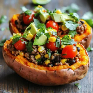 - 4 medium sweet potatoes - 1 lb ground turkey or beef - 1 tablespoon olive oil - 1 small onion, diced - 2 cloves garlic, minced - 1 can (15 oz) black beans, drained and rinsed - 1 cup corn kernels (fresh or frozen) - 1 tablespoon taco seasoning - 1/2 teaspoon cumin - Salt and pepper to taste - 1 cup cherry tomatoes, halved - 1 avocado, diced - 1/4 cup fresh cilantro, chopped - Lime wedges for serving - Cheese varieties (cheddar, feta, etc.) - Greek yogurt or sour cream - Jalapeños or hot sauce When making taco stuffed sweet potatoes, you will need fresh, wholesome ingredients. I always choose medium sweet potatoes. They have a nice, sweet flavor and a soft texture once cooked. Ground turkey or beef adds protein to the dish. I prefer turkey for its lean quality. Olive oil helps sauté the onion and garlic, giving a rich base for the filling. Onions and garlic add great flavor. Use fresh garlic for the best taste. Black beans provide a healthy boost. They are full of fiber and protein. Corn adds sweetness and color to the mix. Taco seasoning and cumin bring the classic taco flavors we love. For topping, I like to add halved cherry tomatoes and diced avocado. They add freshness to each bite. Chopped cilantro gives a nice herbal note. Lime wedges are essential for a zesty finish. If you want, add cheese or Greek yogurt for creaminess. You can also spice it up with jalapeños or hot sauce. For the full recipe, check out the detailed cooking steps and tips! 1. Preheat your oven to 400°F (200°C). This step is key to cooking sweet potatoes well. 2. Take the sweet potatoes and poke holes in them with a fork. This helps steam escape while baking. 3. Place the sweet potatoes on a baking sheet and bake them for 45-50 minutes. They should be soft when done. 4. While the sweet potatoes bake, heat one tablespoon of olive oil in a large skillet over medium heat. 5. Add a small diced onion and sauté it for about 3-4 minutes until it softens. 6. Next, add in two minced cloves of garlic and cook for an additional minute. This adds great flavor. 1. Add one pound of ground turkey or beef to the skillet. Cook until it is fully browned. 2. Use a spoon to break up the meat as it cooks. This helps it cook evenly. 3. Stir in one can of black beans, drained and rinsed, and one cup of corn. 4. Sprinkle in one tablespoon of taco seasoning and half a teaspoon of cumin. 5. Season with salt and pepper to taste. Cook for another 5 minutes until heated through. 1. Once the sweet potatoes are done, remove them from the oven and let them cool slightly. 2. Cut a slit down the center of each potato. Gently squeeze the ends to open them up. 3. Fill each sweet potato with the taco mixture, making sure to pack it in well. 4. Top the stuffed sweet potatoes with halved cherry tomatoes, diced avocado, and fresh cilantro. 5. Serve with lime wedges on the side. A squeeze of lime adds a fresh zing. For the full recipe, you can check the detailed instructions provided above. Enjoy making this healthy and delicious meal! To know when sweet potatoes are done, look for tenderness. You can poke them with a fork. If it goes in easily, they are ready. A perfect bake takes about 45-50 minutes at 400°F. For faster baking, try this: cut sweet potatoes in half lengthwise. This can cut the baking time by about 15 minutes. Another tip is to microwave them. Cook them for about 5-7 minutes on high. Then finish them in the oven for a crisp skin. To boost flavor, consider adding smoked paprika or chili powder. These spices will give your dish a nice kick. You can also add fresh lime juice right before serving. It adds a bright, zesty taste. Pair these taco stuffed sweet potatoes with a fresh salad or guacamole. They complement each other well, adding freshness to your meal. For sides, I recommend serving with a simple green salad or tortilla chips. They add crunch and balance. For visual appeal, arrange your stuffed sweet potatoes on a colorful plate. Drizzle with extra lime juice and sprinkle cilantro on top. This makes each serving look inviting and appetizing. For the full recipe, check out the section above. {{image_2}} You can make taco stuffed sweet potatoes fit different diets. For a vegetarian or vegan version, swap the ground turkey or beef for lentils or chickpeas. Both options give great protein and texture. Use olive oil and skip any animal products for a perfect vegan meal. If you need gluten-free options, you are in luck! Sweet potatoes are naturally gluten-free. Just make sure any taco seasoning you use is gluten-free too. Check the label, and you are good to go! You can change up the proteins in this dish. Try using shredded chicken, ground chicken, or even tofu for a fun twist. Each option adds a new flavor and texture. Think about adding creative vegetables too. Bell peppers, zucchini, or spinach can enhance your filling. These veggies not only add color but also boost nutrients. Do you like it spicy? Add jalapeños or a dash of hot sauce to kick up the heat. For a mild option, skip the spicy toppings and stick to fresh herbs. You can also mix up the beans you use. Swap black beans for pinto beans or kidney beans. Each bean type brings its unique taste and texture, so feel free to experiment with what you have on hand. For the full recipe, check out the original guide! To store your taco stuffed sweet potatoes, let them cool first. Place them in an airtight container. This keeps them fresh for about three to five days in the fridge. If you want longer storage, consider vacuum sealing them. Vacuum sealing removes air, which helps keep the sweet potatoes fresh for up to three months. It’s a great way to save time and enjoy this dish later. When you’re ready to enjoy leftovers, you can microwave or use the oven. For the microwave, place the sweet potato on a plate. Heat for about one to two minutes, checking often. For oven reheating, preheat to 350°F (175°C). Wrap each sweet potato in foil and heat for about 15 minutes. This method keeps the sweet potato moist. To avoid drying out, add a splash of water to the container if microwaving. To freeze taco stuffed sweet potatoes, prepare them as usual. After cooking, let them cool completely. Then, wrap each one tightly in plastic wrap. Place them in a freezer-safe bag or container. This helps prevent freezer burn. When you're ready to eat, take a potato out and thaw it in the fridge overnight. Reheat using the oven or microwave for the best texture. Can I use different types of potatoes? Yes, you can try regular potatoes or even butternut squash. Each will give a unique taste and texture. Sweet potatoes add a natural sweetness, but other options can work too. How can I make this dish ahead of time? You can prepare the sweet potatoes and filling in advance. Bake the sweet potatoes and store them in the fridge for up to three days. Cook the filling and refrigerate it as well. When you’re ready to serve, just stuff the sweet potatoes and heat everything together. What is the calorie count for taco stuffed sweet potatoes? One serving of taco stuffed sweet potatoes contains about 400-500 calories. This can vary based on the toppings you choose. The sweet potatoes add fiber and vitamins, making it a healthy meal option. Are there protein-rich alternatives for the filling? Absolutely! You can use black beans or lentils for a plant-based option. If you prefer meat, try chicken or tofu for a good protein boost. You can even mix in quinoa for added texture and protein. Can you serve taco stuffed sweet potatoes cold? While they are best served warm, you can eat them cold. The flavors still taste good, but you lose some of that cozy comfort. How to adjust the recipe for larger servings? To serve more people, simply double the ingredients. Make sure to use larger baking sheets and enough space for all the sweet potatoes. You can also increase the filling to ensure everyone gets plenty. For the complete recipe, check out the Full Recipe section. Taco stuffed sweet potatoes mix healthy eating with great flavor. We covered all the needed ingredients, cooking steps, and tips for perfect results. You can easily modify this dish to fit diets or preferences. Storing leftovers is simple, too. Whether you enjoy them fresh or as a meal prep option, they are tasty. Try adding your favorite toppings or variations for fun. Cooking these delights can inspire family meals and gatherings. Enjoy the taste, nutrition, and joy of making taco stuffed sweet potatoes at home.