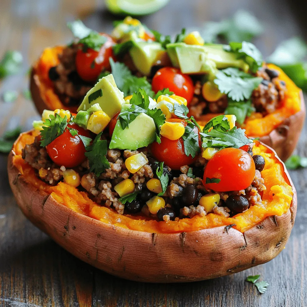 - 4 medium sweet potatoes - 1 lb ground turkey or beef - 1 tablespoon olive oil - 1 small onion, diced - 2 cloves garlic, minced - 1 can (15 oz) black beans, drained and rinsed - 1 cup corn kernels (fresh or frozen) - 1 tablespoon taco seasoning - 1/2 teaspoon cumin - Salt and pepper to taste - 1 cup cherry tomatoes, halved - 1 avocado, diced - 1/4 cup fresh cilantro, chopped - Lime wedges for serving - Cheese varieties (cheddar, feta, etc.) - Greek yogurt or sour cream - Jalapeños or hot sauce When making taco stuffed sweet potatoes, you will need fresh, wholesome ingredients. I always choose medium sweet potatoes. They have a nice, sweet flavor and a soft texture once cooked. Ground turkey or beef adds protein to the dish. I prefer turkey for its lean quality. Olive oil helps sauté the onion and garlic, giving a rich base for the filling. Onions and garlic add great flavor. Use fresh garlic for the best taste. Black beans provide a healthy boost. They are full of fiber and protein. Corn adds sweetness and color to the mix. Taco seasoning and cumin bring the classic taco flavors we love. For topping, I like to add halved cherry tomatoes and diced avocado. They add freshness to each bite. Chopped cilantro gives a nice herbal note. Lime wedges are essential for a zesty finish. If you want, add cheese or Greek yogurt for creaminess. You can also spice it up with jalapeños or hot sauce. For the full recipe, check out the detailed cooking steps and tips! 1. Preheat your oven to 400°F (200°C). This step is key to cooking sweet potatoes well. 2. Take the sweet potatoes and poke holes in them with a fork. This helps steam escape while baking. 3. Place the sweet potatoes on a baking sheet and bake them for 45-50 minutes. They should be soft when done. 4. While the sweet potatoes bake, heat one tablespoon of olive oil in a large skillet over medium heat. 5. Add a small diced onion and sauté it for about 3-4 minutes until it softens. 6. Next, add in two minced cloves of garlic and cook for an additional minute. This adds great flavor. 1. Add one pound of ground turkey or beef to the skillet. Cook until it is fully browned. 2. Use a spoon to break up the meat as it cooks. This helps it cook evenly. 3. Stir in one can of black beans, drained and rinsed, and one cup of corn. 4. Sprinkle in one tablespoon of taco seasoning and half a teaspoon of cumin. 5. Season with salt and pepper to taste. Cook for another 5 minutes until heated through. 1. Once the sweet potatoes are done, remove them from the oven and let them cool slightly. 2. Cut a slit down the center of each potato. Gently squeeze the ends to open them up. 3. Fill each sweet potato with the taco mixture, making sure to pack it in well. 4. Top the stuffed sweet potatoes with halved cherry tomatoes, diced avocado, and fresh cilantro. 5. Serve with lime wedges on the side. A squeeze of lime adds a fresh zing. For the full recipe, you can check the detailed instructions provided above. Enjoy making this healthy and delicious meal! To know when sweet potatoes are done, look for tenderness. You can poke them with a fork. If it goes in easily, they are ready. A perfect bake takes about 45-50 minutes at 400°F. For faster baking, try this: cut sweet potatoes in half lengthwise. This can cut the baking time by about 15 minutes. Another tip is to microwave them. Cook them for about 5-7 minutes on high. Then finish them in the oven for a crisp skin. To boost flavor, consider adding smoked paprika or chili powder. These spices will give your dish a nice kick. You can also add fresh lime juice right before serving. It adds a bright, zesty taste. Pair these taco stuffed sweet potatoes with a fresh salad or guacamole. They complement each other well, adding freshness to your meal. For sides, I recommend serving with a simple green salad or tortilla chips. They add crunch and balance. For visual appeal, arrange your stuffed sweet potatoes on a colorful plate. Drizzle with extra lime juice and sprinkle cilantro on top. This makes each serving look inviting and appetizing. For the full recipe, check out the section above. {{image_2}} You can make taco stuffed sweet potatoes fit different diets. For a vegetarian or vegan version, swap the ground turkey or beef for lentils or chickpeas. Both options give great protein and texture. Use olive oil and skip any animal products for a perfect vegan meal. If you need gluten-free options, you are in luck! Sweet potatoes are naturally gluten-free. Just make sure any taco seasoning you use is gluten-free too. Check the label, and you are good to go! You can change up the proteins in this dish. Try using shredded chicken, ground chicken, or even tofu for a fun twist. Each option adds a new flavor and texture. Think about adding creative vegetables too. Bell peppers, zucchini, or spinach can enhance your filling. These veggies not only add color but also boost nutrients. Do you like it spicy? Add jalapeños or a dash of hot sauce to kick up the heat. For a mild option, skip the spicy toppings and stick to fresh herbs. You can also mix up the beans you use. Swap black beans for pinto beans or kidney beans. Each bean type brings its unique taste and texture, so feel free to experiment with what you have on hand. For the full recipe, check out the original guide! To store your taco stuffed sweet potatoes, let them cool first. Place them in an airtight container. This keeps them fresh for about three to five days in the fridge. If you want longer storage, consider vacuum sealing them. Vacuum sealing removes air, which helps keep the sweet potatoes fresh for up to three months. It’s a great way to save time and enjoy this dish later. When you’re ready to enjoy leftovers, you can microwave or use the oven. For the microwave, place the sweet potato on a plate. Heat for about one to two minutes, checking often. For oven reheating, preheat to 350°F (175°C). Wrap each sweet potato in foil and heat for about 15 minutes. This method keeps the sweet potato moist. To avoid drying out, add a splash of water to the container if microwaving. To freeze taco stuffed sweet potatoes, prepare them as usual. After cooking, let them cool completely. Then, wrap each one tightly in plastic wrap. Place them in a freezer-safe bag or container. This helps prevent freezer burn. When you're ready to eat, take a potato out and thaw it in the fridge overnight. Reheat using the oven or microwave for the best texture. Can I use different types of potatoes? Yes, you can try regular potatoes or even butternut squash. Each will give a unique taste and texture. Sweet potatoes add a natural sweetness, but other options can work too. How can I make this dish ahead of time? You can prepare the sweet potatoes and filling in advance. Bake the sweet potatoes and store them in the fridge for up to three days. Cook the filling and refrigerate it as well. When you’re ready to serve, just stuff the sweet potatoes and heat everything together. What is the calorie count for taco stuffed sweet potatoes? One serving of taco stuffed sweet potatoes contains about 400-500 calories. This can vary based on the toppings you choose. The sweet potatoes add fiber and vitamins, making it a healthy meal option. Are there protein-rich alternatives for the filling? Absolutely! You can use black beans or lentils for a plant-based option. If you prefer meat, try chicken or tofu for a good protein boost. You can even mix in quinoa for added texture and protein. Can you serve taco stuffed sweet potatoes cold? While they are best served warm, you can eat them cold. The flavors still taste good, but you lose some of that cozy comfort. How to adjust the recipe for larger servings? To serve more people, simply double the ingredients. Make sure to use larger baking sheets and enough space for all the sweet potatoes. You can also increase the filling to ensure everyone gets plenty. For the complete recipe, check out the Full Recipe section. Taco stuffed sweet potatoes mix healthy eating with great flavor. We covered all the needed ingredients, cooking steps, and tips for perfect results. You can easily modify this dish to fit diets or preferences. Storing leftovers is simple, too. Whether you enjoy them fresh or as a meal prep option, they are tasty. Try adding your favorite toppings or variations for fun. Cooking these delights can inspire family meals and gatherings. Enjoy the taste, nutrition, and joy of making taco stuffed sweet potatoes at home.