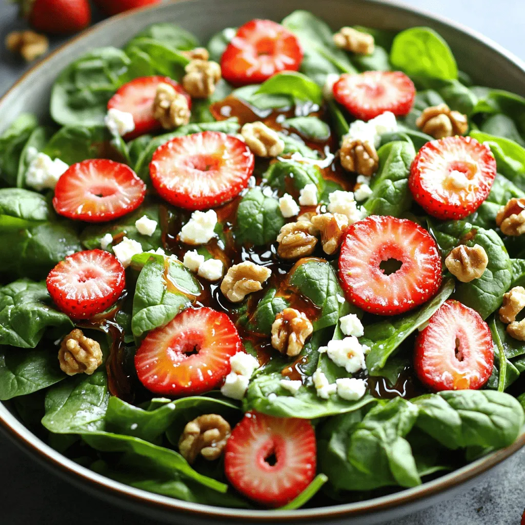 - 4 cups fresh spinach leaves - 1 cup strawberries You need fresh spinach for great taste. Spinach is packed with vitamins and minerals. I love using baby spinach, as it is tender and sweet. Strawberries add a bright color and sweetness. Always choose ripe strawberries. Their flavor makes the salad pop. - 1/2 cup feta cheese - 1/4 cup walnuts (or pecans) Feta cheese gives a salty kick to the salad. It crumbles well and mixes nicely with the other ingredients. You can also use goat cheese for a creamy twist. Nuts add crunch and flavor. Walnuts have a rich taste, but pecans work too. They add a nice texture. - 2 tablespoons honey - 1 tablespoon balsamic vinegar - 1 tablespoon olive oil - Salt and pepper to taste The dressing makes this salad shine. Honey adds natural sweetness. Balsamic vinegar brings a tangy flavor. Olive oil ties everything together. Always season with salt and pepper to enhance the taste. You can adjust the dressing to your liking. For the full recipe, check the details above. First, you need to wash the spinach leaves. Rinse them under cold water. Make sure to remove any dirt. After that, tear the leaves into bite-sized pieces. This helps with eating and mixing. Next, hull the strawberries. Use a sharp knife to remove the green tops. Then, slice the strawberries into thin pieces. This makes them easier to mix into the salad. In a small bowl, whisk together the honey, balsamic vinegar, and olive oil. This will create a nice, smooth dressing. Add a pinch of salt and some pepper to taste. Whisk until everything blends well. Set the dressing aside for later. Now, take a large salad bowl. Place the fresh spinach leaves in first. Then, add the sliced strawberries right on top. Next, sprinkle the crumbled feta cheese over the salad. Finally, add the chopped walnuts or pecans. Drizzle the dressing over your salad. Gently toss everything together until well mixed. Taste your salad and adjust the seasoning. Add more salt or pepper if you like. Enjoy your fresh creation from the Full Recipe! To bring out the best in your salad, consider adding fresh herbs. Mint or basil works well. A pinch of black pepper adds a nice kick. You can also try a squeeze of lemon juice for extra brightness. This balances the sweetness of the strawberries. Serve your salad in clear bowls. This lets the colors shine through. You can also layer the ingredients. Start with spinach, then add strawberries, cheese, and nuts. For garnish, place whole strawberries and walnut halves on top. This makes it look fancy and inviting. To save time, wash and prep your ingredients in advance. You can chop nuts and slice strawberries ahead of time. Store them in the fridge to keep them fresh. When you’re ready, just toss everything together. This salad is quick and easy with these steps. For the full recipe, you can refer to the earlier section. {{image_2}} If you want to change things up, swap out the feta cheese. Try goat cheese for a tangy taste. You can also use vegan cheese if you prefer a dairy-free option. For nuts, walnuts are great, but pecans add a sweet crunch. If nuts aren’t your thing, try seeds like sunflower or pumpkin seeds. Seasonal fruits can elevate this salad, too. In summer, add peaches or blueberries. In fall, consider apples or pears for a cozy touch. The dressing is simple, but you can mix it up. Instead of honey, use maple syrup for a vegan option. You can also try lemon juice for a zesty kick. If you want to boost flavor, add fresh herbs. Basil or mint can bring a fresh twist. You can even toss in a bit of Dijon mustard for extra depth. Each variation will change the salad’s flavor and can make it feel new. This salad is easy to adapt for different diets. To make it gluten-free, just ensure all your dressing ingredients are gluten-free. This salad is already quite healthy, but you can make it vegan by removing the cheese. Replace it with avocado for creaminess. You can also add chickpeas or quinoa for protein. This makes the salad filling while keeping it fresh and light. To keep your leafy greens and berries fresh, store them properly. First, wash and dry spinach leaves. Wrap them in a damp paper towel. Then, place them in a plastic bag but leave it slightly open for airflow. This method keeps them crisp. For strawberries, do not wash them until you are ready to eat. Store them in their original container in the fridge. If they feel soft, use them soon. After making the salad, you may have leftovers. To store them, place the salad in an airtight container. Keep the dressing separate to prevent sogginess. The salad will stay fresh for a day or two. If you add nuts or cheese, they may lose their crunch over time. The shelf life of your salad depends on the ingredients. Fresh spinach and strawberries last about 2 to 3 days in the fridge. Feta cheese can last up to a week. Walnuts and pecans can last longer if stored in a cool, dry place. Always check for any signs of spoilage before eating. Yes, you can make this salad ahead of time. To keep it fresh, prep ingredients separately. Store spinach, strawberries, cheese, and nuts in airtight containers. Mix the dressing in another jar. This way, you can combine everything just before serving. This keeps your greens crisp and the berries fresh. This salad pairs well with grilled chicken or fish. You can also serve it with a light pasta or a quinoa dish. These options add heartiness without overpowering the salad's fresh taste. A slice of crusty bread on the side works too. To make this salad more filling, add protein. Grilled chicken or shrimp are great options. You can also mix in chickpeas or black beans for a plant-based choice. These additions not only boost protein but also add texture and flavor. Yes, this recipe is great for meal prep. Just keep the dressing separate until you're ready to eat. Assemble the salad in a container with layers. Place spinach at the bottom, then strawberries, cheese, and nuts on top. This helps prevent sogginess. You can enjoy it throughout the week. Check out the Full Recipe for more details on preparation. This blog post covered a fresh salad bursting with flavors from spinach, strawberries, feta, and walnuts. I shared easy steps for prepping ingredients, making dressing, and tossing it all together. I also offered tips for enhancing taste, creative presentation, and time-saving methods. You can customize this salad with different ingredients and dressings. Store it well to keep it fresh. Whether for a meal prep or a light side dish, this salad fits many needs. Enjoy making it your own and savoring each bite.