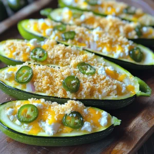 - 4 medium zucchinis - 1 cup cream cheese, softened - 1/2 cup shredded cheddar cheese - 1/4 cup crumbled feta cheese - 2 jalapeños, finely chopped - 1/4 cup green onions, chopped - 1/2 teaspoon garlic powder - 1/2 teaspoon onion powder - Salt and pepper to taste - 1/2 cup breadcrumbs (panko for extra crunch) - Olive oil for drizzling To make these jalapeño popper zucchini boats, start with fresh zucchinis. They should be firm and not too big. Zucchinis with a shiny skin usually taste better. For the creamy filling, I use a mix of cream cheese, cheddar, and feta. This blend gives a nice zing. Chop jalapeños finely. If you want less heat, remove the seeds. Green onions add a fresh crunch to the mix. Garlic and onion powders bring out the flavor nicely. Don't forget salt and pepper; they enhance every bite. For a fun crunch, use panko breadcrumbs. They toast up nicely in the oven. A drizzle of olive oil helps them brown. You can also try other cheeses like pepper jack for a spicy kick. - Other cheeses to try (e.g., pepper jack, mozzarella) - Additional spices (e.g., paprika, cayenne pepper) Feel free to customize your boats. You can add different cheeses based on what you have. If you like spice, add cayenne pepper or paprika for extra flavor. - Preheat the oven to 375°F (190°C). - Slice the zucchinis in half lengthwise. Scoop out the centers with a spoon. Leave about 1/4 inch of zucchini on the sides to create a boat. Place the boats cut-side up on a baking sheet. - In a mixing bowl, combine 1 cup of softened cream cheese, 1/2 cup of shredded cheddar cheese, and 1/4 cup of crumbled feta cheese. - Add 2 finely chopped jalapeños, 1/4 cup of chopped green onions, 1/2 teaspoon of garlic powder, 1/2 teaspoon of onion powder, and salt and pepper to taste. - Mix until well blended. Spoon the mixture generously into each zucchini boat, packing it in tightly. - Top each filled zucchini with 1/2 cup of breadcrumbs. Drizzle lightly with olive oil. - Bake in the preheated oven for 25-30 minutes. Check for doneness; the zucchini should be tender, and the breadcrumbs should turn a golden brown. - Remove from the oven and let cool for a few minutes before serving. For the full recipe, including cooking times and serving sizes, check out the complete guide. To make perfect jalapeño popper zucchini boats, start by choosing the right zucchinis. Look for medium-sized zucchinis, firm and shiny. They should feel heavy for their size. Avoid any with soft spots or blemishes. This ensures your boats hold up well during baking. Next, let's maximize flavor from the jalapeños. To control the heat, remove the seeds and white membranes. Use fresh jalapeños for the best taste. If you want it spicier, leave some seeds in. Remember, the flavor of jalapeños can vary, so taste as you go! For even cooking, place your zucchini boats cut-side up on a baking sheet. This position allows them to cook uniformly. If your oven has hot spots, rotate the pan halfway through baking. This simple step helps avoid unevenly cooked zucchinis. To achieve a crispy topping, use panko breadcrumbs instead of regular ones. Panko is light and airy, which gives a great crunch. Drizzle olive oil over the breadcrumbs. This extra step helps them brown and crisp up nicely. For an appealing presentation, garnish your zucchini boats with chopped green onions or fresh cilantro. These bright colors make the dish more inviting. Place them on a rustic wooden platter for a homey touch. When serving, pair the boats with a light salad. A simple green salad or coleslaw adds freshness. You could also serve them with tortilla chips and salsa for a fun, casual meal. For the full recipe, check the details above. {{image_2}} For those who follow a vegetarian diet, jalapeno popper zucchini boats are already a great choice. You can keep it simple while enjoying all the flavors. If you want a gluten-free version, swap the breadcrumbs for crushed gluten-free crackers or ground nuts. Both options maintain the crunchy texture we love. You can spice things up by adding more jalapeños. Just chop extra and mix them in. This adds a nice kick. For a twist, drizzle sweet chili sauce or sriracha on top. This gives a sweet and spicy finish that elevates the dish. If you want to use different cheeses, try pepper jack for a spicier flavor or mozzarella for a milder taste. Want to make it vegan? Simply replace cream cheese with non-dairy cream cheese. This keeps the creamy texture while being plant-based. For the full recipe, you can refer to the original instructions to ensure you have all the necessary details. After you enjoy your jalapeno popper zucchini boats, store any leftovers in an airtight container. This keeps them fresh and tasty. You can place them in the fridge. They last about three to four days. If you want to enjoy them later, avoid adding extra toppings until you're ready to eat. This helps maintain their flavor and texture. To freeze jalapeno popper zucchini boats, first let them cool completely. Then, wrap each boat in plastic wrap or foil. Place them in a freezer-safe bag or container. They can stay in the freezer for up to three months. When you're ready to eat, remove them from the freezer. Thaw them in the fridge overnight. To reheat, preheat your oven to 375°F (190°C). Place the boats on a baking sheet and cover with foil. Bake for 20 minutes, then uncover and bake for another 10 minutes. This way, they stay tasty and warm, just like fresh! Can I make these ahead of time? Yes, you can prepare the filling and stuff the zucchinis ahead. Keep them in the fridge. Just bake them when ready to eat. How do I prevent zucchini from getting soggy? To avoid soggy zucchini, scoop out enough flesh. Also, bake them at a high temperature. You can salt the insides before stuffing to draw out moisture. Can I grill instead of baking? Absolutely! Grilling adds a smoky flavor. Just place the stuffed zucchini boats on the grill over medium heat. Cook for about 15-20 minutes, checking for doneness. What temperature should they reach for doneness? For perfect zucchini boats, they should reach a tender state. Aim for about 375°F (190°C) when baking. The filling should be hot, and the breadcrumbs golden brown. Are jalapeno popper zucchini boats healthy? Yes, they offer a good mix of veggies and protein. Zucchini is low in calories and high in vitamins. The cream cheese and cheese add flavor without too many extra calories. Caloric breakdown per serving Each serving of jalapeno popper zucchini boats has about 150-200 calories. This depends on the amount of cheese and toppings used. They make a great snack or light meal. For the full recipe, check out the detailed steps. Zucchini boats are a tasty twist on classic flavors. We explored ingredients, preparation steps, and variations. Simple recipes turn healthy ingredients into delicious meals. Try customizing your boats with different cheeses or spices for unique flavors. Remember, leftovers can be stored safely for future meals. Enjoy this recipe for fun cooking and healthy eating!