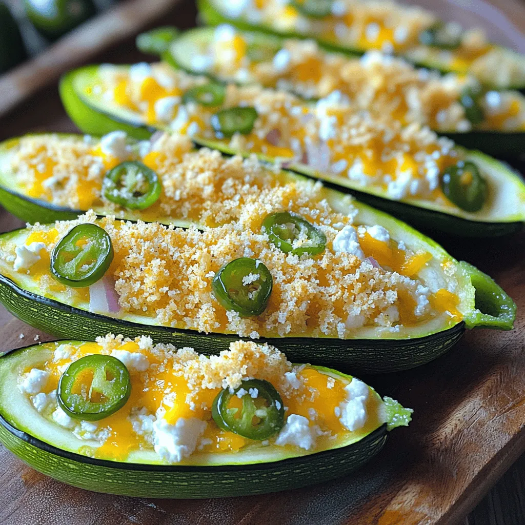 - 4 medium zucchinis - 1 cup cream cheese, softened - 1/2 cup shredded cheddar cheese - 1/4 cup crumbled feta cheese - 2 jalapeños, finely chopped - 1/4 cup green onions, chopped - 1/2 teaspoon garlic powder - 1/2 teaspoon onion powder - Salt and pepper to taste - 1/2 cup breadcrumbs (panko for extra crunch) - Olive oil for drizzling To make these jalapeño popper zucchini boats, start with fresh zucchinis. They should be firm and not too big. Zucchinis with a shiny skin usually taste better. For the creamy filling, I use a mix of cream cheese, cheddar, and feta. This blend gives a nice zing. Chop jalapeños finely. If you want less heat, remove the seeds. Green onions add a fresh crunch to the mix. Garlic and onion powders bring out the flavor nicely. Don't forget salt and pepper; they enhance every bite. For a fun crunch, use panko breadcrumbs. They toast up nicely in the oven. A drizzle of olive oil helps them brown. You can also try other cheeses like pepper jack for a spicy kick. - Other cheeses to try (e.g., pepper jack, mozzarella) - Additional spices (e.g., paprika, cayenne pepper) Feel free to customize your boats. You can add different cheeses based on what you have. If you like spice, add cayenne pepper or paprika for extra flavor. - Preheat the oven to 375°F (190°C). - Slice the zucchinis in half lengthwise. Scoop out the centers with a spoon. Leave about 1/4 inch of zucchini on the sides to create a boat. Place the boats cut-side up on a baking sheet. - In a mixing bowl, combine 1 cup of softened cream cheese, 1/2 cup of shredded cheddar cheese, and 1/4 cup of crumbled feta cheese. - Add 2 finely chopped jalapeños, 1/4 cup of chopped green onions, 1/2 teaspoon of garlic powder, 1/2 teaspoon of onion powder, and salt and pepper to taste. - Mix until well blended. Spoon the mixture generously into each zucchini boat, packing it in tightly. - Top each filled zucchini with 1/2 cup of breadcrumbs. Drizzle lightly with olive oil. - Bake in the preheated oven for 25-30 minutes. Check for doneness; the zucchini should be tender, and the breadcrumbs should turn a golden brown. - Remove from the oven and let cool for a few minutes before serving. For the full recipe, including cooking times and serving sizes, check out the complete guide. To make perfect jalapeño popper zucchini boats, start by choosing the right zucchinis. Look for medium-sized zucchinis, firm and shiny. They should feel heavy for their size. Avoid any with soft spots or blemishes. This ensures your boats hold up well during baking. Next, let's maximize flavor from the jalapeños. To control the heat, remove the seeds and white membranes. Use fresh jalapeños for the best taste. If you want it spicier, leave some seeds in. Remember, the flavor of jalapeños can vary, so taste as you go! For even cooking, place your zucchini boats cut-side up on a baking sheet. This position allows them to cook uniformly. If your oven has hot spots, rotate the pan halfway through baking. This simple step helps avoid unevenly cooked zucchinis. To achieve a crispy topping, use panko breadcrumbs instead of regular ones. Panko is light and airy, which gives a great crunch. Drizzle olive oil over the breadcrumbs. This extra step helps them brown and crisp up nicely. For an appealing presentation, garnish your zucchini boats with chopped green onions or fresh cilantro. These bright colors make the dish more inviting. Place them on a rustic wooden platter for a homey touch. When serving, pair the boats with a light salad. A simple green salad or coleslaw adds freshness. You could also serve them with tortilla chips and salsa for a fun, casual meal. For the full recipe, check the details above. {{image_2}} For those who follow a vegetarian diet, jalapeno popper zucchini boats are already a great choice. You can keep it simple while enjoying all the flavors. If you want a gluten-free version, swap the breadcrumbs for crushed gluten-free crackers or ground nuts. Both options maintain the crunchy texture we love. You can spice things up by adding more jalapeños. Just chop extra and mix them in. This adds a nice kick. For a twist, drizzle sweet chili sauce or sriracha on top. This gives a sweet and spicy finish that elevates the dish. If you want to use different cheeses, try pepper jack for a spicier flavor or mozzarella for a milder taste. Want to make it vegan? Simply replace cream cheese with non-dairy cream cheese. This keeps the creamy texture while being plant-based. For the full recipe, you can refer to the original instructions to ensure you have all the necessary details. After you enjoy your jalapeno popper zucchini boats, store any leftovers in an airtight container. This keeps them fresh and tasty. You can place them in the fridge. They last about three to four days. If you want to enjoy them later, avoid adding extra toppings until you're ready to eat. This helps maintain their flavor and texture. To freeze jalapeno popper zucchini boats, first let them cool completely. Then, wrap each boat in plastic wrap or foil. Place them in a freezer-safe bag or container. They can stay in the freezer for up to three months. When you're ready to eat, remove them from the freezer. Thaw them in the fridge overnight. To reheat, preheat your oven to 375°F (190°C). Place the boats on a baking sheet and cover with foil. Bake for 20 minutes, then uncover and bake for another 10 minutes. This way, they stay tasty and warm, just like fresh! Can I make these ahead of time? Yes, you can prepare the filling and stuff the zucchinis ahead. Keep them in the fridge. Just bake them when ready to eat. How do I prevent zucchini from getting soggy? To avoid soggy zucchini, scoop out enough flesh. Also, bake them at a high temperature. You can salt the insides before stuffing to draw out moisture. Can I grill instead of baking? Absolutely! Grilling adds a smoky flavor. Just place the stuffed zucchini boats on the grill over medium heat. Cook for about 15-20 minutes, checking for doneness. What temperature should they reach for doneness? For perfect zucchini boats, they should reach a tender state. Aim for about 375°F (190°C) when baking. The filling should be hot, and the breadcrumbs golden brown. Are jalapeno popper zucchini boats healthy? Yes, they offer a good mix of veggies and protein. Zucchini is low in calories and high in vitamins. The cream cheese and cheese add flavor without too many extra calories. Caloric breakdown per serving Each serving of jalapeno popper zucchini boats has about 150-200 calories. This depends on the amount of cheese and toppings used. They make a great snack or light meal. For the full recipe, check out the detailed steps. Zucchini boats are a tasty twist on classic flavors. We explored ingredients, preparation steps, and variations. Simple recipes turn healthy ingredients into delicious meals. Try customizing your boats with different cheeses or spices for unique flavors. Remember, leftovers can be stored safely for future meals. Enjoy this recipe for fun cooking and healthy eating!