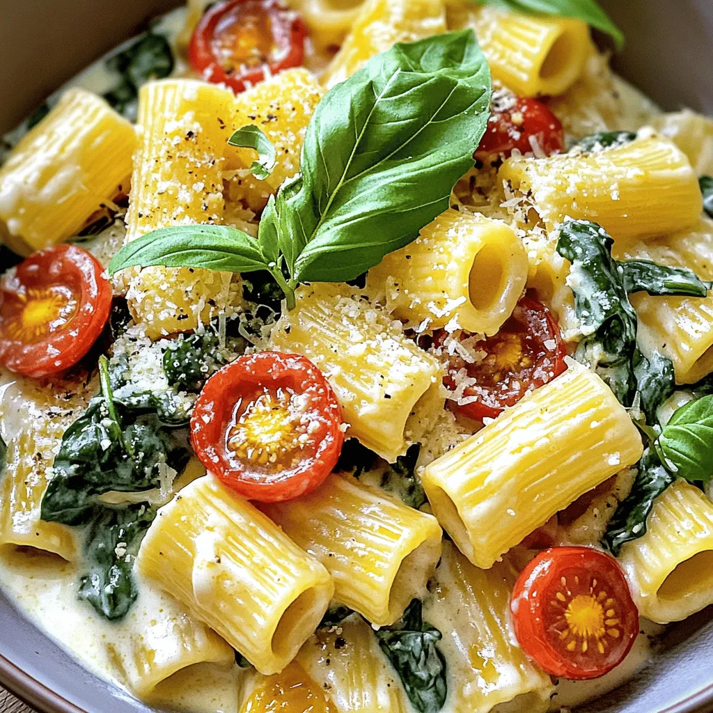 - 12 ounces rigatoni pasta - 2 tablespoons olive oil - 3 cloves garlic, minced - 1 cup cherry tomatoes, halved - 4 cups fresh spinach The rigatoni pasta is the star of this dish. Its ridges hold onto the creamy sauce well. I love using olive oil with garlic for a rich base. The smell alone makes your kitchen feel cozy. Cherry tomatoes add sweetness and a pop of color. Fresh spinach gives a nice green touch, making the dish feel fresh and vibrant. - 1 cup heavy cream - ½ cup grated Parmesan cheese Heavy cream is essential for that luscious, creamy texture. It makes the sauce rich but not too heavy. Parmesan cheese adds depth and a savory note. I always use fresh grated cheese for the best flavor. It melts beautifully and ties everything together. - Salt, pepper, and red pepper flakes - Fresh basil leaves for garnish Seasonings bring the dish to life. I use salt and pepper to enhance the flavors. Red pepper flakes add a mild kick if you like heat. Fresh basil leaves not only brighten the dish but also add aroma. Sprinkle them on top just before serving for a burst of flavor. For the full recipe, check out the [Full Recipe]. Start by boiling a large pot of salted water. Bring it to a rolling boil. Add 12 ounces of rigatoni pasta to the water. Cook it according to the package directions until it is al dente. This usually takes about 10-12 minutes. Remember to reserve 1 cup of pasta water before draining the pasta. This water will help adjust your sauce later. In a large skillet, heat 2 tablespoons of olive oil over medium heat. Add 3 cloves of minced garlic and sauté them for about 30 seconds. You want the garlic to smell great but not burn. Next, add 1 cup of halved cherry tomatoes. Cook for 3-4 minutes until they start to soften. Then, stir in 4 cups of fresh spinach. Cook it for about 2-3 minutes until the spinach wilts. If you like some heat, add ½ teaspoon of red pepper flakes now. Lower the heat and pour in 1 cup of heavy cream. Stir it well to combine. Let it simmer for 2-3 minutes. Gradually mix in ½ cup of grated Parmesan cheese until it melts and makes the sauce creamy. Taste the sauce and season it with salt and pepper as needed. If the sauce is too thick, use the reserved pasta water to adjust the consistency until it’s just right. Add the cooked rigatoni to your skillet. Toss the pasta in the creamy sauce until it’s well coated. This step is key to getting every bite full of flavor. If you find the sauce still too thick, add a little more reserved pasta water. Once everything is combined, remove the skillet from the heat. Let it sit for a minute. Serve the dish in wide bowls. Garnish with fresh basil leaves for a pop of color and extra flavor. For an added touch, sprinkle some extra Parmesan on top. For the full recipe, visit the detailed instructions provided above. To make a great cream sauce, use the right amount of cream. I recommend one cup for this dish. It gives a rich taste without being too heavy. Pour it in slowly to mix well. To prevent curdling, keep the heat low. High heat can make the cream separate. Stir the sauce often and watch it closely. This way, you get a smooth and creamy texture. Fresh herbs and spices can boost the flavor. I love adding fresh basil and a pinch of red pepper flakes. Basil adds a sweet touch, while red pepper gives a nice kick. You can also try thyme or oregano for a different taste. For serving size adjustments, you can easily double or halve the recipe. If you want more sauce, add extra cream and cheese. For fewer servings, just reduce the ingredients. Pair your creamy rigatoni with a light salad. A simple green salad with lemon dressing works well. You can also serve it with garlic bread for a cozy meal. For wine, a glass of Chardonnay is perfect. It matches the creaminess of the dish. If you prefer red, try a light Pinot Noir. Both will complement the flavors nicely. For the full recipe, check here: [Full Recipe] {{image_2}} You can boost your creamy rigatoni by adding protein. Chicken and shrimp work well. - Chicken: Cook diced chicken breast in the skillet. - Shrimp: Add shrimp to the garlic and tomatoes. Cook until pink. For a vegetarian twist, try chickpeas or lentils. They add protein and texture. Feel free to swap out the spinach and tomatoes. Use seasonal veggies to keep it fresh. - Zucchini: Shred it for a mild taste. - Broccoli: Steam it quickly for a crunchy bite. - Frozen Veggies: Peas or mixed vegetables work great, too. You can also use kale instead of spinach. It adds a deeper flavor. If you want a lighter meal, consider these swaps. - Lighter Dairy: Use half-and-half instead of heavy cream. - Lower-Carb Pasta: Opt for zucchini noodles or whole wheat pasta. These changes still give you a creamy texture while reducing calories. Enjoy your delicious meal without the guilt! Check out the Full Recipe for more details on making this dish. To keep your creamy rigatoni fresh, store leftovers in a tight container. Use glass or BPA-free plastic containers. Let the pasta cool to room temperature before sealing. This helps prevent moisture buildup, which can make it soggy. Refrigerate the dish within two hours of cooking. Properly stored, it lasts about three days in the fridge. For reheating creamy pasta, the best method is on the stove. Place it in a pan over low heat. Add a splash of reserved pasta water to help the sauce stay creamy. Stir gently to heat evenly. Avoid using high heat, as it can cause the sauce to separate. You can also use a microwave, but cover the dish to keep moisture in. You can freeze creamy rigatoni for up to three months. Use freezer-safe containers or bags. Make sure to label them with the date. To thaw, place it in the fridge overnight. For reheating, use the stovetop method. Add some water as needed to restore the creamy texture. Enjoy the flavors even after freezing! For the full recipe, refer to the earlier section. Yes, you can! If you don’t have rigatoni, try these options: - Penne - Fusilli - Farfalle - Shells These shapes hold the sauce well and make a tasty dish. To make this creamy rigatoni vegetarian, simply skip any meat. The original recipe does not include meat, so you are good to go. Focus on the fresh spinach and tomatoes for flavor. You can also add other veggies like mushrooms or zucchini. To change the serving size, you can scale the ingredients. If you want to serve more people, double the amounts. For fewer servings, cut them in half. Here’s a quick way to think about it: - For 2 servings, use half the ingredients. - For 6 servings, multiply everything by 1.5. This makes it easy to adjust! Creamy rigatoni can last about 3 to 5 days in the fridge. To keep it fresh, store it in an airtight container. Always check for any off smells before eating. If it smells bad, throw it away. Enjoy your creamy rigatoni while it's fresh! For the Full Recipe, check out the details above. This blog post covered how to make creamy rigatoni. We discussed key ingredients like pasta, garlic, spinach, and creamy dairy. Each step, from cooking to serving, was outlined for ease. You learned tips for the sauce and ways to personalize the dish. Plus, we shared storage and reheating advice. In conclusion, this recipe is not just tasty; it’s flexible for many diets. Enjoy making creamy rigatoni your own.