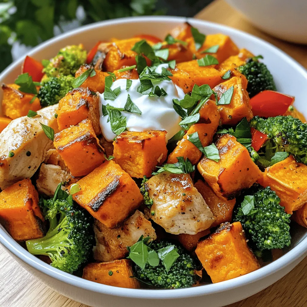 - Sweet potatoes - Chicken breast - Red bell pepper - Broccoli florets The main ingredients in this dish are bright and healthy. Sweet potatoes offer a little sweetness and lots of nutrients. Chicken breast adds protein, making the meal filling. Red bell pepper brings crunch and color, while broccoli florets add fiber and vitamins. These ingredients work well together, creating a balance of flavors and textures. - Olive oil - Paprika - Garlic powder - Cumin - Salt and pepper The seasonings make this meal pop! Olive oil helps cook the ingredients and adds richness. Paprika gives a warm, smoky taste. Garlic powder adds depth, while cumin brings an earthy note. Salt and pepper enhance all the flavors. Together, these seasonings create a savory mix that makes every bite enjoyable. - Greek yogurt - Fresh parsley Toppings make your bowls special. Greek yogurt adds creaminess and a tangy flavor. It also boosts protein. Fresh parsley adds a pop of green and a fresh taste. These toppings not only look good but also add great flavor. You can find the full recipe above to guide you through making these tasty bowls! First, you want to cube the sweet potatoes. Start by peeling them, then cut them into small cubes. This helps them cook evenly. Place the cubes in a large bowl. Next, toss the sweet potatoes with seasonings. Use 1 tablespoon of olive oil, paprika, garlic powder, cumin, salt, and pepper. Mix well so that each piece is coated. Now, spread the sweet potatoes on a baking sheet in a single layer. Roast them in a preheated oven at 400°F (200°C). Bake for about 20 minutes. Stir halfway through to ensure they roast evenly. The sweet potatoes should be tender and slightly caramelized when done. While the sweet potatoes roast, heat a skillet over medium heat and add 1 tablespoon of olive oil. Let it heat up for a moment. Now, add the diced chicken to the skillet. Season the chicken with salt and pepper. Cook for about 5-7 minutes, stirring often. The chicken should turn golden brown and cook through. Once the chicken is ready, add the sliced red bell pepper and broccoli florets to the skillet. Stir-fry these vegetables with the chicken for another 5-6 minutes. You want them to be tender but still crisp. Once everything is cooked, it’s time to assemble your bowls. Start by placing a scoop of the roasted sweet potatoes at the bottom of each bowl. Next, add the chicken and vegetable mixture on top of the sweet potatoes. For a tasty finish, serve each bowl with a dollop of Greek yogurt. This adds creaminess and flavor. To make it look nice, sprinkle fresh parsley on top for garnish. You can find the full recipe for this delicious dish above. Enjoy your healthy meal! - Ensuring chicken is tender: Use a meat thermometer. Cook chicken to 165°F for safety. Don’t overcook; this keeps it juicy. Let it rest for a few minutes after cooking to lock in moisture. - Tips for perfectly roasted sweet potatoes: Cut sweet potatoes into even cubes. This ensures they cook evenly. Toss them well with oil and spices. Spread them out on the baking sheet to avoid steaming. Stir halfway through roasting for nice caramelization. - Best practices for stir-frying vegetables: Heat your pan before adding oil. This prevents sticking. Add veggies in batches to avoid crowding. Cook on high heat for a short time. This keeps them crisp and colorful. - Arranging bowls for visual appeal: Start with the base of sweet potatoes. Add chicken and vegetables in sections. This creates a beautiful layered look. - Garnishing effectively: Use a dollop of Greek yogurt for creaminess. Sprinkle fresh parsley for color and flavor. You can also add a squeeze of lemon for brightness. - Using colorful ingredients: Bright vegetables like red bell peppers and green broccoli add color. This makes your meal more inviting. Mix different hues to catch the eye and enhance flavor. {{image_2}} You can switch up the proteins if you want. Instead of chicken, try turkey or tofu. Both options work well and add different flavors. Feel free to mix in different vegetables too. Zucchini, carrots, or even spinach can brighten the bowl. Each veggie brings its own taste and texture. For seasonings, get creative! Swap paprika for chili powder for a kick. Or use Italian herbs for a fresh twist. The key is to match flavors you love. If you need a gluten-free meal, choose gluten-free soy sauce or skip the soy sauce altogether. This dish can easily fit into a gluten-free diet. Want a vegetarian version? Use chickpeas or black beans instead of chicken. They add protein and work well with sweet potatoes. For low-carb options, skip the sweet potatoes and use cauliflower rice instead. It’s a great swap and keeps the meal light. Pair these bowls with a simple green salad. A fresh side adds crunch and balance to your meal. If you like meal prep, these bowls store well. You can make a big batch for quick lunches. Just keep the yogurt and parsley separate until you serve. These bowls are perfect for lunch or dinner. They are filling and flavorful, making them an excellent choice for any time of day. For the full recipe, check out the complete guide. To keep your Chicken and Sweet Potato Bowls fresh, follow these tips: - Refrigerating: Place leftovers in an airtight container. This keeps them moist and tasty. Store in the fridge for up to four days. - Freezing: For longer storage, freeze the bowls. Use freezer-safe containers or bags. This helps keep the flavors intact. They can last up to three months in the freezer. - Reheating: When ready to eat, thaw overnight in the fridge if frozen. Heat in the microwave or oven until warm. Stir to ensure even heating. How long do these bowls last? In the fridge, they last about four days. If you see any signs of spoilage, like off smells or mold, it’s best to throw them away. Always trust your senses. Keeping food safe is key. For more details, check the Full Recipe. This blog post explored sweet potato and chicken bowls. We covered key ingredients, cooking steps, and ways to make your dish shine. You learned useful tips to cook chicken right, roast potatoes, and present your meal beautifully. With various variations and storage info, you can customize these bowls to fit any diet. Whether spicy, gluten-free, or vegetarian, these bowls suit everyone’s taste. Now, it’s your turn to get creative in the kitchen and whip up this easy, yummy dish. Enjoy your flavorful journey!