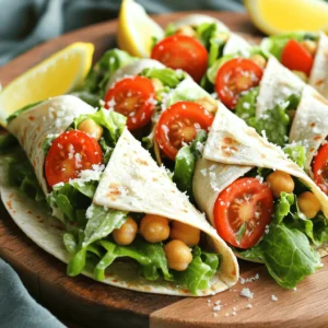 - 1 can (15 oz) chickpeas, drained and rinsed - 1 cup romaine lettuce, chopped - 1/2 cup cherry tomatoes, halved - 1/4 cup Parmesan cheese, grated - 1/4 cup Caesar dressing (store-bought or homemade) - 1 tsp garlic powder - 1/2 tsp black pepper - 1/4 tsp salt - Lemon wedges for serving - 4 whole wheat tortillas or wraps - Alternative gluten-free wraps Using these ingredients, you make a tasty and healthy meal. Chickpeas give a nice protein boost. Romaine lettuce adds crunch. Cherry tomatoes bring sweetness to the mix. Parmesan cheese gives a salty kick. The Caesar dressing ties all these flavors together. Add garlic powder, black pepper, and salt to enhance the taste. You can serve the wraps with lemon wedges for extra zing. For the wraps, choose whole wheat tortillas for fiber. If you need gluten-free options, select wraps made from rice or corn. This way, everyone can enjoy this meal. You can find the full recipe above to make these wraps at home. - Rinse and drain chickpeas - Prep romaine lettuce and cherry tomatoes First, start by rinsing and draining the canned chickpeas. This step helps remove excess salt and makes them taste fresher. Next, chop one cup of romaine lettuce into bite-sized pieces. Then, halve half a cup of cherry tomatoes. This gives your salad color and juicy flavor. - Combine salad ingredients in a large bowl - Whisk together the dressing and seasonings In a large bowl, combine the chickpeas, romaine lettuce, cherry tomatoes, and grated Parmesan cheese. Mix them gently so they blend well. In a separate bowl, whisk the Caesar dressing with garlic powder, black pepper, and salt. Whisk until it's smooth. This will add a nice zing to your salad. - Toss dressing with salad mixture - Fill and roll the tortillas Pour the dressing over the salad mixture. Toss it gently to coat everything well. Take four whole wheat tortillas and place a generous portion of the salad mixture in the center of each. Fold in the sides of the tortillas and roll from the bottom up. This keeps all the tasty filling inside. - Slice wraps for presentation - Add lemon wedges for flavor Slice each wrap in half at a diagonal. This makes them easy to eat and looks nice on a plate. Serve with lemon wedges on the side. A squeeze of lemon adds a bright flavor that completes your meal. You can find the full recipe for Chickpea Caesar Salad Wraps if you want to follow along easily. - Use fresh ingredients for maximum flavor: Fresh romaine lettuce and ripe cherry tomatoes bring life to your wraps. They add crunch and taste. Always choose the best produce you can find. - Customizing dressing consistency: You can adjust your Caesar dressing to fit your taste. If you want it thicker, add more cheese. For a lighter touch, mix in a little water or lemon juice. - Pair with side dishes or snacks: These wraps go well with sweet potato fries, fresh fruit, or a light soup. They make a great meal combo. - Presentation tips for gatherings: Slice the wraps in half to show off the colorful filling. Arrange them on a platter with lemon wedges for a nice touch. - Tips for prepping ingredients in advance: You can chop the veggies and mix the salad the night before. This way, you save time on busy days. Just wrap them just before serving. - Storing wraps for later consumption: Keep the wraps in airtight containers. They stay fresh for a day in the fridge. But best to eat them soon after making for the best taste. For the full recipe, check out the Chickpea Caesar Salad Wraps! {{image_2}} You can make this dish vegan easily. For cheese, swap Parmesan with nutritional yeast or vegan cheese. Nutritional yeast adds a cheesy flavor without dairy. It also packs nutrients like B vitamins. For the dressing, look for vegan-friendly Caesar options. You can also make your own using plant-based ingredients. This keeps the salad creamy and rich, just like the classic version. You can boost the protein by adding grilled tofu or tempeh. Both are great plant-based options that add texture and flavor. You can also add more veggies like cucumbers or bell peppers. These add crunch and freshness to your wraps. Experimenting with different veggies can create new flavors and keep it interesting. Tortillas are not the only option. You can use different types of wraps, like spinach or tomato. They add a pop of color and taste. For a low-carb choice, try lettuce wraps. They keep the meal light and fresh. Simply use large leaves of romaine or butter lettuce to wrap your salad. Each option gives you a unique twist on the Chickpea Caesar Salad Wraps, making them fun to enjoy. For the full recipe, check out the detailed instructions provided. To keep your assembled Chickpea Caesar Salad Wraps fresh, store them in the fridge. Place the wraps in an airtight container. This helps prevent them from getting soggy. You can also wrap them in plastic wrap or aluminum foil. This keeps the wraps safe and tasty for up to two days. If you want the best flavor, eat them soon after making them. Want to save some wraps for later? You can freeze them! Wrap each wrap in plastic wrap, then place them in a freezer-safe bag. This way, they stay fresh for up to three months. When you're ready to eat, take them out and let them thaw in the fridge overnight. You can reheat them in a microwave or a skillet. Just make sure they are warm all the way through. Check the best-by dates on your ingredients. Canned chickpeas last about three to five years. Fresh romaine lettuce should be eaten within a week. Tomato shelf life is around five to seven days. If you see any signs of spoilage, like wilting or bad smells, it's best to toss them. Keeping track of these dates helps you enjoy your wraps at their best. Yes, you can prep these wraps ahead of time. I suggest making the salad filling a day before. Store it in an airtight container in the fridge. Wraps taste best when fresh, so assemble them just before eating. This keeps the tortillas from getting soggy. If you want to save time, you can chop the veggies in advance. Just don’t mix the dressing until you’re ready to eat. You can use many dressings with chickpeas. Try a ranch or tahini dressing for a twist. A balsamic vinaigrette also works well. You can even use a yogurt-based dressing for creaminess. Feel free to experiment with flavors. Just remember to keep the taste balanced with the chickpeas. To lower the fat, use a light Caesar dressing or make your own. You can mix yogurt with lemon juice and garlic for a lighter version. Swap out Parmesan cheese for a sprinkle of nutritional yeast. This keeps the flavor while cutting calories. Use less dressing overall or skip it entirely if you like. Add more veggies for crunch instead. Yes, canned chickpeas are great for this recipe. They save time and are easy to use. Just rinse and drain them before adding to your salad. Canned chickpeas are already cooked, so they’re ready to go. If you prefer dry beans, soak and cook them first. Both options are tasty and nutritious. In this article, we explored how to make delicious chickpea Caesar salad wraps. You learned about the main ingredients, how to prepare them, and the step-by-step process for assembly. Fresh ingredients and smart storage tips help you enjoy these wraps longer. Remember, you can customize them with different proteins or dressings to suit your taste. These wraps are not just tasty, but also quick and easy to make, fitting perfectly into any meal plan. Enjoy your healthy wraps and get creative!