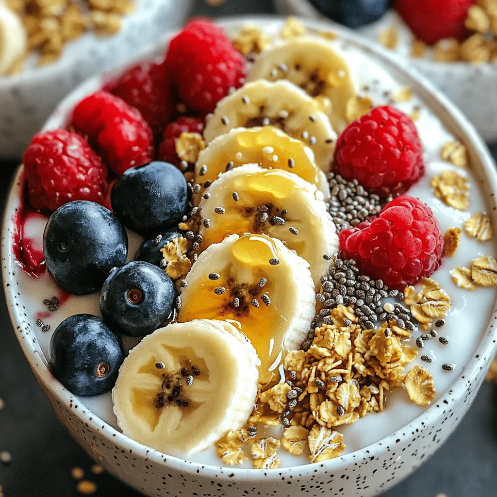 - 1 cup rolled oats - 2 cups almond milk (or milk of choice) - 1/2 cup Greek yogurt (non-fat or regular) - 1/4 cup chia seeds These main ingredients create a creamy and filling base for your breakfast bowl. The rolled oats pack fiber, while almond milk keeps it light. Greek yogurt adds protein, making this meal more satisfying. Chia seeds offer healthy fats and a nice texture. - 1 tablespoon honey or maple syrup - 1/2 cup mixed berries (fresh or frozen) - 1/4 cup granola - Nuts or seeds for topping (optional) These optional add-ins let you customize your bowl. Honey or maple syrup can sweeten your oats. Berries add color and flavor, while granola gives a crunchy bite. Nuts or seeds boost nutrition and texture, making each bite exciting. - A pinch of ground cinnamon - Other flavor enhancers A sprinkle of cinnamon brings warmth and depth to your bowl. You can also experiment with other spices like nutmeg or vanilla extract. These small additions can transform your breakfast from ordinary to extraordinary. For the full recipe, check out the details above. How to cook oats To cook the oats, grab a medium saucepan. Add 1 cup of rolled oats and 2 cups of almond milk. Sprinkle in a pinch of cinnamon for taste. Heat over medium heat. Stir gently for about 5 minutes. The mixture will thicken as it cooks. Preparing the yogurt base While the oats cook, prepare your yogurt base. Take 1/2 cup of Greek yogurt and divide it into four bowls. This makes each bowl creamy and rich. You can use non-fat or regular yogurt based on your choice. Layering the ingredients Once the oats are thick, it’s time to layer. Pour about 1/4 cup of cooked oats over the yogurt in each bowl. This creates a nice base. Topping options Now, add fun toppings! Start with sliced banana. Then, add mixed berries—fresh or frozen work great. Drizzle honey or maple syrup on top if you like sweetness. For crunch, sprinkle chia seeds and granola over everything. If you have nuts or seeds, toss a few on top. Covering for on-the-go If you need a quick breakfast, cover the bowls with lids or plastic wrap. This makes them easy to grab and go. Enjoying immediately You can also enjoy these bowls right away! They taste great fresh, and the flavors blend well. To save time in the morning, batch cooking oats is key. Cook a big batch of oats ahead of time. Store them in the fridge. When you need a quick meal, just reheat a portion. It’s a huge time-saver. Next, pre-portioning ingredients helps a lot. Use small containers for fruits, yogurt, and toppings. This way, you can grab what you need and go. Prepare these the night before. It cuts down on morning stress. Choosing the right fruits can elevate your bowl. Fresh berries like strawberries, blueberries, or raspberries add sweetness. Sliced bananas offer creaminess and a boost of energy. Use seasonal fruits for the best taste. Get creative with topping ideas. Try adding nuts or seeds for crunch. A sprinkle of cinnamon brings warmth and flavor. You can also drizzle honey or maple syrup for extra sweetness. Mix and match to keep things exciting. When it comes to containers, choose the best types for transport. Look for airtight bowls to keep your breakfast fresh. Glass containers work well and look nice too. They are sturdy and can go from fridge to bag. To prevent sogginess, layer your ingredients properly. Keep wet ingredients, like yogurt, separate from oats until you eat. This keeps everything fresh and tasty. You can enjoy a delightful breakfast on the go! {{image_2}} You can easily adapt these breakfast bowls to fit your diet. For a vegan option, swap the Greek yogurt for coconut yogurt. Use almond or oat milk instead of regular milk. You still get creamy goodness without dairy. If gluten-free is your goal, rolled oats are often safe. Just check the package for gluten-free labels. You can also use gluten-free granola and toppings to keep it safe. Let’s talk flavors! A tropical breakfast bowl is a fun twist. Use coconut milk, mango, and pineapple. Top it with shredded coconut for that beach vibe. For a chocolate banana bowl, mix cocoa powder into your oats. Add sliced bananas and a drizzle of chocolate syrup. This bowl feels like dessert but is still healthy! Seasonal fruits can make your breakfast special. In spring, use fresh berries for a bright spring berry bowl. Add strawberries, blueberries, and raspberries on top. When fall comes, enjoy a pumpkin spice bowl. Mix pumpkin puree with your oats and a dash of pumpkin spice. Top it with walnuts and a hint of maple syrup for warmth. These variations keep your breakfast exciting and full of flavor. You can store your breakfast bowls in the fridge for up to four days. To keep them fresh, use airtight containers. This will help prevent any leaks or spills. Layer the ingredients carefully to avoid sogginess. Keep the toppings separate until you’re ready to eat. This will keep the granola crunchy and the berries fresh. Yes, you can freeze breakfast bowls. They freeze well for up to three months. To freeze, prepare your bowls as normal. Then, wrap them tightly in plastic wrap or place them in freezer-safe containers. When you want to enjoy one, take it out of the freezer and let it thaw overnight in the fridge. To reheat, you can microwave the bowl for about two minutes. Stir halfway through to ensure even heating. If you prefer, you can also enjoy them cold, especially during warm days. For the best taste, reheat your bowls in the microwave. Heat them in short bursts to avoid overheating. Stir the ingredients to mix everything well. If you like your breakfast cold, that works too! Just add your toppings right before eating. Enjoy the fresh flavors of the fruits and yogurt. These bowls make for a quick and satisfying meal, even on busy mornings. For the full recipe, refer back to the recipe section. Yes, you can make these bowls ahead of time. A good option is to cook the oats in advance. Store them in the fridge for up to three days. You can also pre-portion the yogurt and toppings. Just layer them in your bowls. This way, you save time on busy mornings. If you need a yogurt substitute, try regular yogurt or plant-based options. For dairy, use plain yogurt or skyr. For non-dairy, choose almond, coconut, or soy yogurt. Each option adds a creamy texture to your bowls. These breakfast bowls are quite healthy. The oats provide fiber, which helps keep you full. Greek yogurt adds protein for muscle support. Chia seeds give healthy fats and extra nutrients. Fresh fruits add vitamins and antioxidants. This mix supports a balanced diet. You can customize your breakfast bowl easily. Try different fruits like mango or peaches. Add nuts for crunch or seeds for extra nutrition. Change up the sweetener, using agave or stevia. You can even switch spices, trying nutmeg or vanilla for a new flavor. In this blog post, I explored tasty breakfast bowls using key ingredients like rolled oats, almond milk, and Greek yogurt. You learned easy steps for preparation and assembly, along with tips to speed up your morning routine. I shared fun variations for dietary needs, flavor choices, and seasonal ingredients. Remember, these bowls are not just healthy; they can also reflect your personal tastes. Get creative, and enjoy your breakfast in a way that excites you every morning!