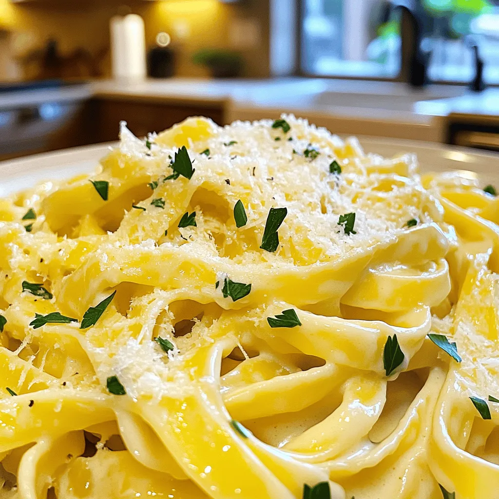 To make Garlic Parmesan Pasta, you need a few key ingredients. They create a rich and creamy dish. Here’s what you need: - 12 oz fettuccine or spaghetti - 4 tablespoons unsalted butter - 6 cloves garlic, minced - 1 cup heavy cream - 1 cup grated Parmesan cheese - 1 teaspoon salt - 1/2 teaspoon black pepper - 1/4 teaspoon red pepper flakes (optional for heat) - 2 tablespoons fresh parsley, chopped (for garnish) - Extra Parmesan for serving These ingredients work together to give you a savory and satisfying meal. The butter and cream create a smooth sauce that coats the pasta well. You can add more flavors to your Garlic Parmesan Pasta. Here are some great options: - Lemon zest for brightness - Fresh basil for a fragrant touch - Sun-dried tomatoes for a sweet twist - Spinach for a pop of color and nutrition These extras can make your dish even more exciting. Each one adds a unique flavor. You can mix and match based on what you like best. Some kitchen basics can help you make this dish faster. Here are a few staples I recommend: - Olive oil for cooking - Chicken or vegetable broth for depth - Dried Italian herbs like oregano or thyme Having these items on hand lets you whip up Garlic Parmesan Pasta anytime. They add extra flavor and make the process easier. For the full recipe, check out the details above. Enjoy your cooking! First, fill a large pot with water. Add salt and bring it to a boil. Once boiling, add 12 oz of fettuccine or spaghetti. Cook it according to the package instructions until it is al dente. This usually takes about 8-10 minutes. When the pasta is done, save 1 cup of the pasta water. Then, drain the pasta in a colander and set it aside. Next, heat a large skillet over medium heat. Add 4 tablespoons of unsalted butter and let it melt. Once melted, add 6 cloves of minced garlic. Sauté the garlic for 1-2 minutes until it smells really good and turns light golden. Be careful not to burn it! Lower the heat and pour in 1 cup of heavy cream. Let it simmer gently. Gradually stir in 1 cup of grated Parmesan cheese until it melts and becomes smooth. Season the sauce with 1 teaspoon of salt, 1/2 teaspoon of black pepper, and 1/4 teaspoon of red pepper flakes if you like some heat. If the sauce is too thick, add some reserved pasta water until it’s just right. Now, add the cooked pasta to the skillet with the sauce. Toss the pasta well to coat it in the creamy sauce. Cook for another minute so the pasta can absorb some flavors. Remove the skillet from the heat and garnish with 2 tablespoons of chopped fresh parsley and extra Parmesan cheese. For the best taste, serve the pasta right away. You can find the full recipe [Full Recipe]. To make a great sauce, you want balance. If it's too thick, add some pasta water slowly. This helps make it creamy. If it's too thin, let it simmer longer. The goal is a smooth, rich sauce that clings to the pasta. Stir often to avoid burning the garlic. Herbs and spices can change the whole dish. Fresh parsley adds color and a fresh taste. You can also try basil or thyme for a twist. A pinch of red pepper flakes gives heat if you like spice. Taste as you go. This way, you can adjust to your liking. How you serve your pasta matters! Use a large bowl or plate for a nice look. Twirl the pasta with a fork for a fancy touch. Top with extra Parmesan and parsley for color. Adding a lemon wedge on the side can brighten the dish. This makes it pop and look gourmet. Check out the Full Recipe for more tips! {{image_2}} Want to boost your Garlic Parmesan Pasta? Add protein! Chicken, shrimp, or bacon work great. Cook chicken in the skillet before adding garlic. For shrimp, add them after the garlic cooks. Bacon adds a nice crunch. Just cook it until crispy, then mix it in. Each option adds flavor and makes the dish more filling. If you prefer a meatless meal, try some tasty swaps. Use mushrooms for a hearty texture. Sauté them with garlic until tender. You can also add spinach or kale for a pop of color and nutrients. Toss these in with the pasta. They cook quickly and add great flavor. Craving Garlic Parmesan Pasta but need it gluten-free? No problem! Use gluten-free pasta instead of regular. Many brands offer tasty options that hold up well. Cook it just like regular pasta. The sauce remains the same. Just remember to check labels to ensure your ingredients are gluten-free. You can enjoy this dish without worry! For the full recipe, check out the details above. Store any leftover Garlic Parmesan Pasta in an airtight container. Make sure it cools down first. This helps keep the pasta fresh. Place it in the fridge for up to three days. If you want to keep it longer, consider freezing it. To reheat Garlic Parmesan Pasta, use the stove for best results. Heat a skillet over low heat. Add a splash of water or cream to keep it moist. Stir gently until warmed. You can also use the microwave. Just cover the bowl with a lid or a damp paper towel. Heat in short bursts to avoid overcooking. You can freeze Garlic Parmesan Pasta for later use. Allow it to cool completely, then portion it into freezer-safe bags. Remove as much air as possible before sealing. It can last up to two months in the freezer. When you're ready to eat, thaw it in the fridge overnight before reheating. You can use whole milk or half-and-half as a substitute. If you want a lighter option, use a mixture of milk and butter. This mix gives you a creamy feel without being too heavy. If you need a dairy-free choice, try coconut cream or cashew cream. They add a nice flavor and richness. Heavy cream is great, but these options work well too. To add spice, use red pepper flakes in the sauce. Adjust the amount to your taste. You can also add sliced jalapeños or a dash of hot sauce. If you want more heat, try adding spicy sausage or pepperoni. These will give your dish an extra kick. Just remember, spice can easily be adjusted, so start small and add more as needed. Yes, you can use any pasta shape you like! Penne, rigatoni, or even gluten-free pasta work great. The key is to cook it until al dente. This means it should still have a slight bite. Different shapes hold the sauce differently, so feel free to experiment and find your favorite! Garlic Parmesan Pasta goes well with many dishes. A simple green salad with a light dressing is a great choice. Grilled chicken or shrimp adds protein and makes it a full meal. Garlic bread is a classic side that complements the pasta's flavors. For a light touch, serve with steamed veggies like broccoli or asparagus. These sides keep your meal balanced and delicious. For the full recipe, check the previous section. Garlic Parmesan Pasta is simple and full of flavor. We covered essential ingredients, tips, and more. You can adjust this dish to fit any diet, like adding protein or making it gluten-free. Remember these tips for sauce and storage to enjoy your meal later. I hope you feel ready to make your own tasty Garlic Parmesan Pasta today!