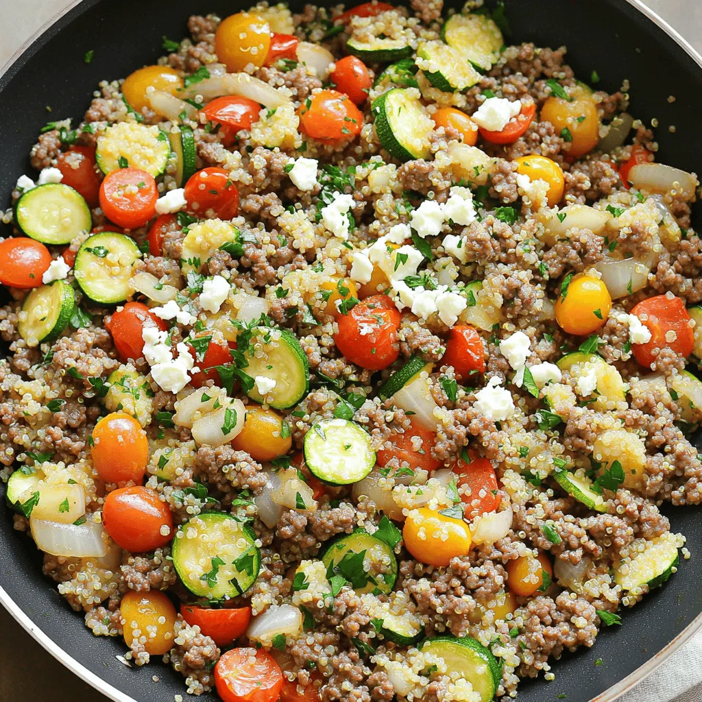- 1 lb (450g) ground beef - 1 medium onion, diced - 2 cloves garlic, minced - 1 red bell pepper, sliced - 1 zucchini, sliced - 1 cup cherry tomatoes, halved - 1 cup cooked quinoa (or couscous) - 2 tablespoons olive oil - 1 tablespoon ground cumin - 1 tablespoon smoked paprika - ½ teaspoon dried oregano - Salt and pepper to taste - Fresh parsley, chopped (for garnish) - Feta cheese crumbles (optional) When measuring your ingredients, use a scale for accuracy. A kitchen scale helps you get the right amount of ground beef. For liquids like olive oil, a measuring cup works well. If you don’t have a scale, use standard measurements. For example, one cup equals eight ounces. This ensures your dish turns out just right. Fresh ingredients bring more flavor and color to your dish. I love using fresh produce like cherry tomatoes and zucchini. They enhance texture and taste. However, dried herbs, like oregano, are excellent too. They add depth and can be easier to store. Just remember, dried herbs are stronger than fresh. Use about one-third the amount when substituting. So, if you want to use dried oregano instead of fresh, just use a teaspoon instead of a tablespoon. To make the Mediterranean ground beef stir fry, start by gathering your ingredients. You will need: - 1 lb ground beef - 1 medium onion, diced - 2 cloves garlic, minced - 1 red bell pepper, sliced - 1 zucchini, sliced - 1 cup cherry tomatoes, halved - 1 cup cooked quinoa (or couscous) - 2 tablespoons olive oil - 1 tablespoon ground cumin - 1 tablespoon smoked paprika - ½ teaspoon dried oregano - Salt and pepper to taste - Fresh parsley, chopped (for garnish) - Feta cheese crumbles (optional) Wash and slice all your veggies. Dice the onion, mince the garlic, and prepare the bell pepper and zucchini. Halve the cherry tomatoes for quick cooking. Start by heating the olive oil in a large skillet or wok over medium-high heat. Add the ground beef and break it apart with a spatula. Cook for about 5-7 minutes until it turns brown. Be sure to drain any extra fat from the meat. Next, add the diced onion and minced garlic. Sauté these for about 2-3 minutes until the onion becomes translucent. Then, mix in the red bell pepper, zucchini, and cherry tomatoes. Stir-fry everything together for another 5-7 minutes. This will keep your veggies tender and crisp. Now it's time to season! Sprinkle in the cumin, smoked paprika, oregano, salt, and pepper. Stir well to coat everything with the spices. After that, add the cooked quinoa or couscous. Mix it in until everything is hot, about 2-3 minutes. To serve, remove the skillet from heat. Dish the stir-fry into bowls and sprinkle fresh parsley on top. If you like, add feta cheese crumbles for a creamy touch. This dish works great alongside a simple green salad. For the full recipe, check the earlier section. Enjoy your meal! To boost flavor, use fresh herbs. Fresh parsley adds a bright taste. Use high-quality olive oil for rich depth. Don't skip the spices; cumin and smoked paprika make a big difference. Cook the beef until it's nicely browned for a deeper flavor. Sauté the onions and garlic until soft. The aroma will fill your kitchen! One mistake is overcooking the vegetables. You want them tender but still crisp. Another common error is not seasoning enough. Taste as you go and adjust spices. Also, avoid cooking at too low a heat. High heat creates a nice sear on the beef. Finally, don’t skip the quinoa or couscous; they add great texture. You will need a large skillet or wok for this recipe. A good spatula helps break up the beef easily. Use a sharp knife to slice vegetables quickly. A cutting board is essential for prep. Measuring spoons ensure you get the right amount of spices. These tools make cooking simple and fun! For the full recipe, check out the details provided earlier. {{image_2}} You can easily swap ground beef for other meats. Try ground turkey or chicken for a lighter dish. If you want a vegetarian option, use lentils or chickpeas. These choices still pack a flavor punch. Each option brings a unique taste and texture. Feel free to change the veggies in this stir fry. Broccoli, carrots, or spinach work well. You can even add mushrooms for an earthy flavor. Use what you have on hand to keep it fresh. Mixing different veggies can create fun textures in your dish. If you want to switch up the grain, try brown rice or farro. Each grain adds its own flavor and chewiness. You can also use cauliflower rice for a low-carb option. It’s a great way to keep your meal light and healthy. For more ideas, check the full recipe. After cooking, let your Mediterranean Ground Beef Stir Fry cool for about 30 minutes. Then, place it in an airtight container. This helps keep it fresh. Store it in your fridge for up to 3 days. Always check for any off smells or changes in texture before eating. If you want to save some for later, freezing is a great option! Allow the stir fry to cool completely. Then, use freezer-safe bags or containers. You can freeze it for up to 3 months. Make sure to label the bags with the date to keep track. When you're ready to enjoy your stir fry again, take it out of the fridge or freezer. If frozen, let it thaw in the fridge overnight. Reheat in a skillet over medium heat for about 5-7 minutes. Stir occasionally to ensure it warms evenly. You can add a splash of water or broth to keep it moist. Enjoy your tasty meal! If you want a different grain, try couscous or rice. Both options work well in this dish. You can also use farro or barley for a nutty flavor. These grains hold sauces nicely and make the meal filling. Just remember to cook them before adding them to the stir fry. Yes, you can make the Mediterranean Ground Beef Stir Fry ahead of time. It tastes great when reheated. Just cook it and let it cool. Store it in an airtight container in your fridge. You can keep it for up to three days. When ready to eat, just warm it in a pan or microwave. This makes it a perfect meal prep option. You can serve this stir fry with a fresh green salad. A simple side of steamed vegetables is also great. Garlic bread or pita chips can add a nice crunch. You might even consider a yogurt sauce for dipping. These sides will enhance the flavors and make your meal more enjoyable. In this article, we explored how to make a tasty Mediterranean Ground Beef Stir Fry. You learned about the right ingredients, cooking steps, and helpful tips. I shared ways to avoid common mistakes and suggestions for storing leftovers. Remember, you can swap out the ground beef or choose different veggies to suit your taste. Don’t hesitate to get creative! Cooking should be fun, and this dish is a great way to enjoy diverse flavors. Enjoy your cooking journey and explore Mediterranean flavors!