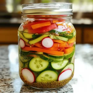To make easy refrigerator pickled vegetables, you need the following: - 1 cup cucumbers, sliced - 1 cup carrots, julienned - 1 cup red bell peppers, sliced - 1 cup radishes, halved - 2 cups water - 1 cup apple cider vinegar - 1 tablespoon sugar - 2 teaspoons salt - 1 teaspoon garlic powder - 1 teaspoon dill weed (or fresh dill sprigs) - 1 teaspoon mustard seeds (optional) You can mix and match your favorite veggies. Here are some ideas: - Zucchini slices add a fresh taste. - Cauliflower florets give a nice crunch. - Green beans bring a crisp texture. - Onions add a sweet and sharp flavor. These options make the pickles colorful and fun. Seasonings can change the taste of your pickled veggies. Here are some great choices: - Black peppercorns add a little heat. - Bay leaves give a rich flavor. - Red pepper flakes create a spicy kick. - Fresh herbs like thyme or tarragon add depth. Experiment with different seasonings to find your favorite mix. For the full recipe, check out the Quick & Crunchy Pickle Party. Start by washing your vegetables well. Use fresh cucumbers, carrots, red bell peppers, and radishes. Slice the cucumbers and bell peppers into thin pieces. Cut the carrots into long strips, known as julienne. Halve the radishes for a nice bite. Place all the cut vegetables in a large mixing bowl. Toss them gently to mix. This step makes sure every veggie gets a chance to shine. In a separate bowl, you will make the pickling liquid. Combine 2 cups of water with 1 cup of apple cider vinegar. Add 1 tablespoon of sugar and 2 teaspoons of salt. Mix well until the sugar and salt dissolve. Then, stir in 1 teaspoon of garlic powder, 1 teaspoon of dill weed, and, if you like, 1 teaspoon of mustard seeds. This liquid gives your vegetables a tangy kick. Now, pour the pickling liquid over the prepared vegetables in the large bowl. Make sure all the veggies are fully submerged. If they are not, add a bit more water and vinegar in a 1:1 ratio. Next, transfer everything into a clean glass jar or container. Seal it tightly with a lid to keep the flavors inside. You need to refrigerate the jar for at least 24 hours. After a day, you can enjoy your crunchy pickles! They taste even better after a couple of days. You can use them in salads, sandwiches, or just as a snack. For a visual treat, layer the colorful veggies in a clear jar. Check out the Full Recipe for more details! To get crunchy pickles, start with fresh veggies. Choose firm cucumbers and crisp carrots. Slice them thick enough to hold their shape. The pickling time matters too. Let them sit for at least 24 hours. For extra crunch, add a few ice cubes to the jar before sealing. This keeps the veggies firm while they pickle. Want more taste? Add fresh herbs like dill or thyme. Garlic adds a nice kick too. You can also toss in mustard seeds for a zing. Experiment with your favorite spices. A pinch of red pepper flakes gives heat. Each herb and spice brings a unique flavor. This makes your pickles special and fun. Use clean glass jars for your pickles. They help keep the flavors fresh. Plastic containers can absorb smells and flavors. Choose jars with tight-fitting lids. This prevents air from getting in. Label your jars with the date. It helps you remember when you made them. Store your pickles in the fridge for the best taste. For the full recipe, check out Quick & Crunchy Pickle Party. {{image_2}} To add some heat, make spicy pickled veggies. You can include sliced jalapeños or red pepper flakes. Just mix them in with your vegetables before you add the pickling liquid. The heat will blend well with the tangy taste. I often enjoy these spicy pickles on tacos or burgers. They add a nice kick and flavor. For a sweet and sour twist, use honey or agave syrup. You can replace sugar in the recipe with these. Use equal amounts for a balanced taste. Adding a bit of ginger also brightens the flavor. This mix works great with carrots and beets. They become a tasty side dish or a snack. You can customize your pickles with seasonal veggies. In spring, try asparagus or radishes. Summer is perfect for zucchini and green beans. In fall, think about adding cauliflower or squash. Each season gives you new flavors and colors. This keeps your pickling fun and exciting. Experimenting with different vegetables brings variety to your meals. For the full recipe, check out the Quick & Crunchy Pickle Party. These pickled vegetables can last up to two weeks in the fridge. Their flavor gets better with time. You can enjoy them crunchy for the first week. After that, they may soften but still taste great. Always check for any off smells or colors before eating. If it looks or smells strange, it's best to toss them. Store your pickled vegetables in a clean glass jar. Make sure the lid is tight. This keeps them fresh and flavorful. Always keep them in the fridge. Avoid leaving them out at room temperature. If you notice some veggies floating, gently press them down under the liquid. This keeps them submerged and helps them stay crisp. You can reuse your pickling liquid! After you finish the veggies, pour the liquid into a clean jar. Add fresh vegetables to the same liquid. It will add flavor to the new batch. However, it’s best to reuse it only once or twice. The liquid can lose its zest over time. Always taste it before using. If it lacks flavor, make a fresh batch using the Full Recipe. Yes, you can use different vinegars. White vinegar works well for a tart flavor. Rice vinegar adds a mild sweetness. You can even try red wine vinegar for a deeper taste. Each vinegar gives a unique twist to your pickles. Experiment to find your favorite. To reduce salt, cut back on the salt you use in the brine. You can also soak the vegetables in water before pickling. This helps draw out some salt. Another option is to add more vegetables to balance the saltiness. You can pickle many veggies! Try cauliflower for a crunchy bite. Green beans add a nice crunch too. Zucchini, asparagus, and even onions work great. Use your favorite vegetables and mix them for fun flavors. Refrigerator pickles last about 2 to 4 weeks. The flavors get better as they sit. Make sure to keep them in a sealed jar in the fridge. If they change color or smell off, it's best to toss them. Absolutely! Spices can enhance the flavor. Add black peppercorns for a spicy kick. Red pepper flakes can bring some heat. Experiment with cumin or coriander for a new taste. Your pickles will be even more delicious! In this post, I covered how to make pickled vegetables. We talked about needed ingredients, from veggies to seasonings. I shared steps for preparing the vegetables and making the pickling liquid. Tips helped you get that perfect crunch and boost flavors. I also shared fun variations based on spice and season. Pickled veggies are easy and tasty. You can customize them to your liking. Get creative with herbs and spices! Enjoy your pickling journey!