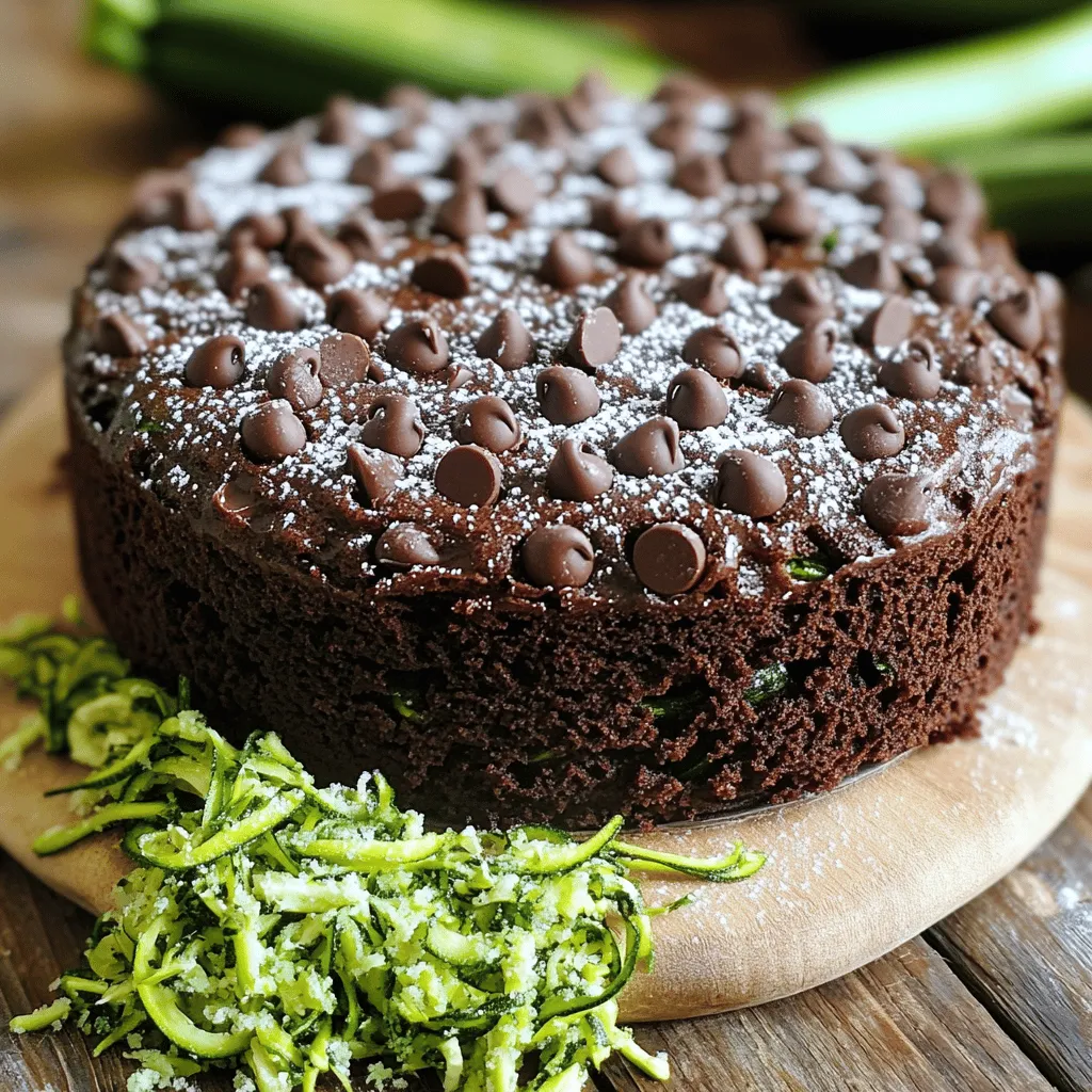 - 2 cups grated zucchini - 1 and 3/4 cups all-purpose flour - 1 cup granulated sugar - 1/2 cup unsweetened cocoa powder - 1 teaspoon baking powder - 1/2 teaspoon baking soda - 1/2 teaspoon salt - 1 teaspoon ground cinnamon - 1/2 cup vegetable oil - 2 large eggs - 1 teaspoon vanilla extract - 1 cup semi-sweet chocolate chips - 1/2 cup chopped walnuts or pecans (optional) Gather these ingredients to create the best chocolate zucchini cake. The zucchini keeps the cake moist and adds a healthy twist. You can use two medium zucchinis for the grated amount needed. You may wonder why zucchini is in a cake. The answer is simple. Zucchini adds moisture without a strong flavor. This allows the rich chocolate taste to shine. When you mix these ingredients, you create a balance of sweet and rich. The cocoa powder gives depth, while cinnamon adds warmth. If you want a nutty crunch, add walnuts or pecans. For the full recipe, follow the next section for a step-by-step guide. Enjoy baking! - Preheat your oven to 350°F (175°C). - Grease and flour a 9x13-inch baking pan or line it with parchment paper. - In a medium bowl, mix together the flour, cocoa powder, baking powder, baking soda, salt, and cinnamon. Set this aside. - In a large mixing bowl, combine the grated zucchini, sugar, vegetable oil, eggs, and vanilla extract. Mix until all the ingredients are well blended. - Gradually add the dry mixture into the wet mixture. Stir until just combined. Avoid overmixing to keep the cake light. - Gently fold in the chocolate chips and chopped nuts, if you want to use them. - Pour the batter into the prepared pan and smooth the top evenly with a spatula. - Bake for 30-35 minutes. Check for doneness by inserting a toothpick into the center. It should come out clean. The Best Chocolate Zucchini Cake is now ready for you to enjoy! For the complete recipe, refer to [Full Recipe]. - Avoid overmixing the batter: When mixing, stop when you see no dry flour. This helps keep the cake soft and moist. Overmixing can make it tough. - How to know when the cake is done: Stick a toothpick in the center. If it comes out clean, the cake is ready. Remember, it may still look soft. - Presentation ideas for serving the cake: Dust the top with powdered sugar for a nice look. You can also serve slices warm with vanilla ice cream. This adds a creamy touch that pairs well with the cake. - Pairing options that enhance flavor: Consider serving with fresh berries. They add a splash of color and a tart taste that balances the sweetness. Whipped cream is another great option. - Substitute sugars or oils for healthier options: You can use applesauce instead of oil for a lower-fat choice. This keeps the cake moist. Try coconut sugar instead of granulated sugar for a more natural sweet. - Gluten-free variations using alternative flours: Swap out all-purpose flour for almond or coconut flour. This makes the cake gluten-free and adds a unique flavor. Just make sure to adjust the liquid in the recipe. For the full recipe, check out the detailed steps above. Enjoy your baking! {{image_2}} You can make this cake even more fun. Try adding spices like nutmeg or cloves for warmth. These spices create a cozy flavor that blends well with chocolate. You can also mix in fruits like raspberries or cherries. They add a tart taste that contrasts the sweet chocolate. If you want crunch, add some nuts like walnuts or pecans. They give a nice texture and extra flavor. Lastly, swap out semi-sweet chocolate chips for dark or white chocolate for a new twist. Frosting can take your cake to the next level. A rich chocolate ganache works nicely. It adds a smooth, glossy finish. You can also use a cream cheese frosting for a tangy kick. If you want something light, serve the cake with whipped cream. Ice cream is another great option. A scoop of vanilla or mint chocolate chip pairs perfectly with this cake. You can make this cake fit your diet needs. For a vegan version, use flax eggs instead of regular eggs. Simply mix 1 tablespoon of flaxseed meal with 2.5 tablespoons of water. Let it sit for a few minutes to thicken. Swap out dairy milk for almond or oat milk. To make it low-carb, use almond flour instead of all-purpose flour. You can also replace sugar with a low-carb sweetener. This way, everyone can enjoy a slice of delicious chocolate zucchini cake. For the full recipe, check out the details! To keep your chocolate zucchini cake fresh, store it in an airtight container. This helps seal in moisture and flavor. A glass or plastic container works well for this. Make sure to keep the cake at room temperature. If your kitchen is warm, you might want to refrigerate it. Just remember, cold air can dry out the cake. Freezing is a great option for later enjoyment. Before you freeze, cut the cake into slices. Wrap each slice tightly in plastic wrap to avoid freezer burn. After that, place the slices in a freezer bag. You can store the cake for up to three months. When you’re ready to eat, take out a slice and let it thaw in the fridge overnight. For a quick thaw, leave it at room temperature for about an hour. At room temperature, the chocolate zucchini cake stays fresh for about three to four days. Look for signs of spoilage. If you see mold or an off smell, it’s time to toss it. The cake can dry out or become hard if stored too long. Enjoy it when it’s fresh for the best taste. For the full recipe, check out the details above. Can I make this cake ahead of time? Yes, you can make this cake a day ahead. It tastes great after resting. Just store it in an airtight container. This helps keep it moist and yummy. Why use zucchini in a chocolate cake? Zucchini adds moisture and keeps the cake soft. You won't taste it, but it gives a nice texture. Plus, it boosts the nutrition in the cake without changing the flavor. What can I substitute for eggs? You can use applesauce, mashed bananas, or flaxseed meal. For one egg, use 1/4 cup of applesauce or 1/4 cup of mashed banana. For flaxseed, mix 1 tablespoon of flaxseed meal with 3 tablespoons of water. Let it sit for a few minutes before use. How do I make the cake more chocolatey? To amp up the chocolate flavor, add more cocoa powder or use dark chocolate chips. You can also mix in chocolate syrup. This makes the cake richer and more decadent. Is chocolate zucchini cake healthy? Yes, it can be healthy! The zucchini adds fiber and vitamins. You can reduce sugar or use whole wheat flour for a healthier option. Just enjoy it in moderation! Can I omit the nuts if I have allergies? Absolutely! If you have nut allergies, just skip the nuts. The cake will still be delicious and moist without them. You can add extra chocolate chips for more flavor. Zucchini chocolate cake combines taste and health. We covered the main and extra ingredients, ensuring a rich flavor. The step-by-step guide makes baking easy, and tips help prevent common mistakes. Variations let you play with flavors, and storage advice keeps your cake fresh. In the end, this cake is a fun way to enjoy veggies. Try it for dessert or a snack. You’ll love how simple and tasty it is. Enjoy your baking journey!