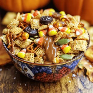 - 3 cups rice Chex cereal - 2 cups corn Chex cereal - 1 cup pretzel twists I love starting with these main ingredients. Rice Chex and corn Chex give a great crunch. The pretzel twists add a nice salty bite. Together, they create a solid base for our mix. - 1 cup candy corn - 1 cup chocolate candies (M&M’s or similar) Now, let’s add some sweetness. Candy corn brings that classic Halloween flavor. The chocolate candies add a rich taste and fun colors. This mix of sweet and salty will keep you coming back for more. - 1/2 cup unsalted butter - 1/4 cup brown sugar - 1 teaspoon pumpkin spice - 1/2 teaspoon vanilla extract - 1/4 teaspoon sea salt These flavor enhancers tie everything together. Unsalted butter adds richness. Brown sugar gives it a lovely caramel note. Pumpkin spice brings that autumn warmth, while vanilla extract deepens the sweetness. A pinch of sea salt balances these flavors perfectly. For the full recipe, check out the section above. - Preheat your oven to 250°F. This low heat helps the mix bake evenly. - Line a baking sheet with parchment paper. This keeps the mix from sticking. - In a large bowl, mix the rice Chex, corn Chex, pretzel twists, candy corn, pumpkin seeds, and chocolate candies. - Make sure to toss gently. You want an even mix without breaking the cereal. - In a small saucepan, melt the unsalted butter over low heat. - Once melted, stir in the brown sugar, pumpkin spice, vanilla extract, and sea salt. - Cook this mix for 2-3 minutes. Stir constantly until it bubbles and becomes smooth. - Pour the melted butter mixture over your Chex blend. Mix well so every piece is coated. - Spread the mixture onto the prepared baking sheet in an even layer. - Bake in the preheated oven for 30 minutes. Stir every 10 minutes to keep it from burning. With these steps, you can create a tasty Halloween Harvest Hash Chex Mix. For the complete recipe, check the [Full Recipe]. To coat your Chex mix evenly, start by mixing the dry ingredients well. Use a large bowl to give enough space for tossing. Add the melted butter mixture slowly, pouring it over the dry mix. Stir gently but thoroughly. This helps ensure every piece gets coated. If you find some areas still dry, toss again until all pieces shine. Stirring the mix during baking is key. This step stops it from burning and helps it cook evenly. Aim to stir every ten minutes. Keep an eye on the color; it should turn a light golden brown when done. If it starts to smell nutty, it’s usually a good sign that it’s ready. For a festive touch, serve your Halloween Harvest Hash Chex Mix in bright bowls. Use bowls shaped like pumpkins or ghosts to match the theme. You can also sprinkle some extra candy corn on top for color. This makes the mix look even more inviting for guests. Try placing the bowls on a spooky tablecloth to enhance the fun! {{image_2}} You can change the nuts or seeds in this mix. Try almonds, walnuts, or sunflower seeds. Each nut adds a unique crunch and flavor. You can also swap in your favorite candy. Use gummy worms or spooky chocolate shapes for fun twists. For gluten-free options, check the labels on your Chex cereals. Many brands offer gluten-free rice and corn Chex. If you're vegan, replace the butter with coconut oil or a vegan butter substitute. You can also skip the chocolate candies or use dark chocolate chips. Make your mix seasonal by using flavors like apple or caramel. You can add colored candies to match Halloween themes. Think orange, black, and purple. Mixing in dried fruits can also bring extra color and taste. To keep your Halloween Harvest Hash Chex Mix fresh, use airtight containers. Glass jars work well. Zip-top bags are also a good choice. Make sure to seal them tightly after each use. This helps keep the mix crisp and tasty. At room temperature, your Chex Mix can last about two weeks. Keep it in a cool, dry place. Avoid direct sunlight, as heat can make it stale faster. If you notice any changes in texture or smell, it’s best to toss it. If your Chex Mix gets stale, don’t worry. You can bring back its crunch. Preheat your oven to 250°F (120°C). Spread the mix on a baking sheet. Bake it for about 10 minutes. This quick heat revives the crispiness without losing flavor. Enjoy this spellbinding treat once again! For the full recipe, check the details above. Yes, you can make this Chex mix a few days ahead. Just follow the full recipe. After baking, let it cool completely. Then, store it in an airtight container. This mix stays fresh for about a week. Making it early gives the flavors time to blend. You’ll have a tasty treat ready for Halloween fun! To keep your Chex mix fresh, use an airtight container. Glass jars or plastic bins work well. Store it at room temperature, away from light and heat. This helps maintain its crunch. Avoid leaving it out in the open, as air can make it stale. If sealed properly, it can last up to a week. Absolutely! You can change the sweetness or spice levels. If you want it sweeter, add more candy corn or chocolate. For more spice, increase the pumpkin spice or add a pinch of cinnamon. Taste as you mix to find your favorite balance. This recipe is flexible, and personal touches make it special! This blog post guided you through making a tasty Halloween Harvest Hash Chex Mix. You learned about the base ingredients, sweet additions, and flavor enhancers. I shared easy steps for mixing and baking, along with important tips for the best results. Don't forget, you can customize this mix to your taste and dietary needs. With proper storage, it stays fresh for weeks. I hope you enjoy making this fun treat as much as I do!