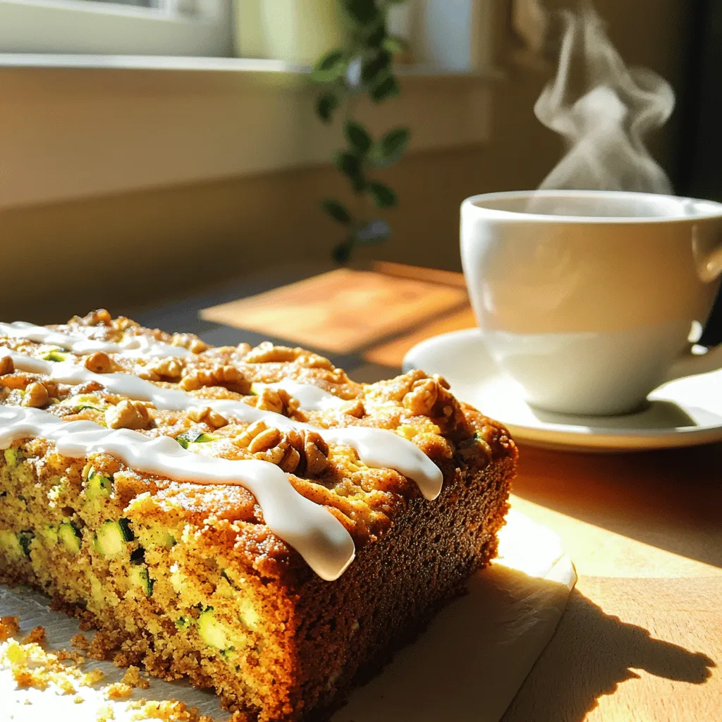 - 2 cups grated zucchini - 1 ½ cups all-purpose flour - 1 cup granulated sugar - ½ cup packed brown sugar - ½ cup vegetable oil - 3 large eggs - 1 teaspoon vanilla extract - 1 teaspoon baking powder - 1 teaspoon baking soda - 1 teaspoon ground cinnamon - ½ teaspoon salt - ½ cup chopped walnuts or pecans (optional) - ½ cup powdered sugar (for icing, optional) - 1 tablespoon milk (for icing, optional) Gathering the right ingredients is key for great flavor. The zucchini adds moisture and nutrition. It keeps this cake soft and tender. The sugars give it sweetness and a nice crust. Oil keeps it moist, while eggs help it rise. Vanilla adds a lovely aroma and depth. Baking powder and baking soda are essential for the cake to rise. Ground cinnamon brings warmth and spice to each bite. Salt balances the sweetness, enhancing overall taste. Nuts add crunch, but they’re optional. For a simple icing, mix powdered sugar with milk. This adds a sweet finish to the cake. You can find the full recipe to see how these ingredients come together. Grating the zucchini: Start by washing your zucchinis. Use a box grater or a food processor to grate them. Aim for about 2 cups of grated zucchini. This adds moisture and nutrition to your cake. Measuring and mixing wet ingredients: In a large bowl, mix the grated zucchini with granulated sugar, brown sugar, vegetable oil, eggs, and vanilla extract. Stir until everything blends well. This mixture should be smooth and slightly thick. Whisking dry ingredients: In another bowl, combine the flour, baking powder, baking soda, ground cinnamon, and salt. Use a whisk to mix these dry ingredients. This step ensures there are no lumps and that the leavening agents are evenly distributed. Combining wet and dry ingredients: Gradually add the dry mix to the wet ingredients. Stir gently just until everything is combined. Be careful not to overmix. If you want some crunch, fold in chopped walnuts or pecans at this point. Pouring batter into baking dish: Grease a 9x13 inch baking dish to prevent sticking. Pour the batter into the dish, spreading it evenly. This helps the cake bake uniformly. Baking time and techniques: Preheat your oven to 350°F (175°C). Place the dish in the oven and bake for 30-35 minutes. To check if it’s done, insert a toothpick into the center. If it comes out clean, your cake is ready. Ingredients for icing: If you want to make icing, gather ½ cup of powdered sugar and 1 tablespoon of milk. This will add a sweet touch to your cake. Mixing process for a smooth consistency: In a small bowl, whisk together the powdered sugar and milk. Keep mixing until it is smooth and creamy. Drizzle this icing over the cooled cake for a lovely finish. For the full recipe, refer to the previous section. Enjoy your baking! To make your cinnamon zucchini coffee cake the best, start with the zucchini. Grate it well and then squeeze out some moisture using a clean cloth. This step keeps the cake from being too wet. If your zucchini is too moist, your cake may be soggy. Aim for about two medium zucchinis to get the right amount. When adding nuts, like walnuts or pecans, fold them in gently. Avoid stirring too hard, or the nuts will sink to the bottom. This keeps the nuts evenly spread throughout the cake, adding great crunch and flavor. To check if your cake is done, use a toothpick. Insert it into the center. If it comes out clean, your cake is ready. If it has batter on it, give it more time. Most cakes take about 30 to 35 minutes at 350°F. After baking, let the cake cool in the pan for about 10 minutes. This helps it set. Then, transfer it to a wire rack. Cooling it completely helps improve the texture and taste. You can serve it warm or at room temperature. If you want to spice up your icing, try adding a splash of vanilla or almond extract. You can also mix in some cocoa powder for a chocolate twist. Adjust the sweetness by adding less powdered sugar for a lighter icing. For a fun flavor, consider adding a pinch of cinnamon to the icing. It matches well with the cake's flavor. Just remember to taste as you go; this way, you get the perfect balance! For the full recipe, check out the details above. Enjoy your baking! {{image_2}} You can make this cake even more fun! Try adding chocolate chips to the batter. They melt into gooey pockets of sweetness. This mix makes the cake taste richer and more decadent. You can also use different nuts or seeds. Pecans or sunflower seeds add a nice crunch. Both choices enhance the texture and flavor. If you need gluten-free options, swap all-purpose flour for a gluten-free blend. Many store-bought mixes work well in this recipe. For those who want vegan substitutions, replace eggs with flaxseed meal. Mix one tablespoon of flaxseed with three tablespoons of water. Let it sit for a few minutes to thicken. This mix acts as a great egg replacer. Pair this delicious coffee cake with a hot cup of coffee. The flavors blend perfectly, creating a warm experience. Tea is also a great choice, especially herbal blends. For special occasions, present the cake on a beautiful platter. Dust it with powdered sugar for a simple yet elegant look. Consider adding fresh fruit on the side for color and freshness. For the full recipe, check out the details above! After baking your Cinnamon Zucchini Coffee Cake, let it cool completely. This step is key to avoid excess moisture. Once cool, cut the cake into slices. Place the slices in an airtight container. If you don't have one, use plastic wrap to cover the cake tightly. This keeps it fresh and moist. You can freeze this cake for up to three months. To freeze, wrap the whole cake or slices tightly in plastic wrap. Then, place it in a freezer-safe bag or container. When you're ready to enjoy it, thaw the cake in the fridge overnight. For a warm treat, reheat individual slices in the microwave for about 15-20 seconds. The cake stays fresh at room temperature for about three days. If you store it in the fridge, it can last up to a week. Always check for signs of spoilage. Look for any mold or an off smell. If any signs are present, it's best to discard the cake. You can use several egg substitutes. Here are some great options: - Flaxseed meal: Mix 1 tablespoon of flaxseed meal with 2.5 tablespoons of water. Let it sit for 5 minutes. - Applesauce: Use 1/4 cup of unsweetened applesauce for each egg. - Mashed banana: Replace each egg with 1/4 cup of mashed banana. These substitutes work well in the recipe. They will keep the cake moist and tasty. Flaxseed meal adds fiber. Applesauce and banana add sweetness and flavor. Yes, you can swap yellow squash for zucchini. Both have similar textures. Yellow squash is a bit sweeter. The taste difference is subtle but nice. You may notice a slight color change in your cake. Both options will keep it moist and delicious. This cake pairs well with many items. Here are some tasty ideas: - Coffee: A hot cup complements the flavors. - Tea: A nice herbal tea works too. - Fresh fruit: Serve with berries or sliced apples. - Whipped cream: A dollop adds richness. These pairings enhance your coffee cake experience. Each option brings out the warm spices in the cake. Yes, you can prepare the cake ahead of time. Baking it a day in advance improves the flavor. Wrap the cooled cake tightly in plastic wrap. This keeps it fresh. You can also freeze it for longer storage. Just be sure to let it cool completely first. When ready to eat, thaw in the fridge overnight. Enjoy your flavorful cake whenever you like! For the full recipe, check above. You learned how to make a delicious Cinnamon Zucchini Coffee Cake. We covered ingredients, step-by-step instructions, and baking tips. You saw variations for flavors and dietary needs, plus how to store and freeze it. This cake is not just a treat; it’s versatile and perfect for many occasions. Enjoying it with a friend and a cup of coffee makes it even better. Try out these ideas and share your results. Happy baking!