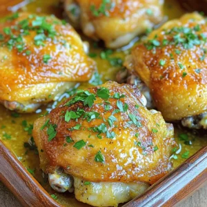- 4 bone-in, skin-on chicken thighs - 4 tablespoons unsalted butter, melted - 6 cloves garlic, minced - 1 teaspoon fresh rosemary, chopped - 1 teaspoon fresh thyme, chopped - 1 teaspoon paprika - Salt and pepper to taste - Juice of 1 lemon - Fresh parsley, chopped for garnish This recipe starts with bone-in, skin-on chicken thighs. These cuts stay juicy and tender. The skin crisps up nicely in the oven. I love using unsalted butter, as it lets you control the salt. Fresh garlic adds a strong flavor that blends well with the herbs. Rosemary and thyme bring a nice herbal note. Paprika gives the dish a warm color and a bit of spice. Don’t forget salt and pepper to enhance all the flavors. A squeeze of lemon juice brightens the dish, making it more vibrant. - Additional herbs for flavor - Lemon alternatives - Side dish suggestions Feel free to add more herbs for extra flavor. Basil or oregano can work well too. If you don’t have lemon, try lime or vinegar for a tangy taste. For side dishes, roasted veggies or rice make great options. They soak up the yummy garlic butter sauce. For the full recipe, check the section above. 1. Preheating the oven: Start by setting your oven to 400°F (200°C). This step is key to getting juicy chicken. 2. Mixing the garlic butter: In a small bowl, combine melted butter, minced garlic, chopped rosemary, thyme, paprika, lemon juice, salt, and pepper. Stir until well mixed. This garlic butter will give the chicken its great flavor. 3. Preparing the chicken: Pat the chicken thighs dry with paper towels. This helps the skin get crispy. Place them in a large baking dish. 1. Pouring and coating the chicken: Pour the garlic butter mixture over the chicken. Make sure some gets under the skin too. This step adds lots of flavor. 2. Baking process: Bake the chicken in the preheated oven for 35-40 minutes. Check that it reaches an internal temperature of 165°F (74°C). The skin should look golden. 3. Broiling for crispy skin: For extra crispy skin, broil the chicken for 2-3 minutes at the end. Keep an eye on it to avoid burning. 1. Resting the chicken: After baking, let the chicken rest for a few minutes. This helps the juices stay inside. 2. Garnishing tips: Before serving, sprinkle fresh chopped parsley on top. It adds color and freshness. 3. Plating ideas: Serve the chicken on a large platter with lemon wedges. This adds a nice touch and looks great on the table. Enjoy your garlic butter baked chicken! For the full recipe, check the details above. To get more flavor under the skin, gently lift it with your fingers. This lets the garlic butter mix seep in. For marinating, let the chicken sit in the garlic butter for at least 30 minutes. This gives the chicken time to absorb all the yummy flavors. You can also marinate it overnight for even stronger taste. For tenderness, use a meat thermometer. Cook the chicken until it hits 165°F (74°C). This keeps it juicy. One common mistake is not cooking the chicken long enough. Always check your cooking times and ensure you bake at 400°F (200°C). Seasoning errors happen when you forget salt or pepper. Make sure to taste your garlic butter before pouring it on the chicken. Overcooking is another issue. Keep an eye on the chicken so that it does not dry out. If it looks golden but feels tough, it may be overcooked. {{image_2}} You can cook garlic butter baked chicken in several ways. Each method gives a unique taste. - Oven vs. air fryer: The oven gives a nice, even cook. It creates juicy meat and crispy skin. The air fryer cooks faster. It also makes the skin crispy and keeps the meat moist. I often choose the air fryer for weeknight meals. - Grilling options: Grilling adds a smoky flavor. Marinate the chicken in garlic butter first. Then, grill it over medium heat until fully cooked. This gives a nice char and is perfect for summer. - Slow cooker adaptation: The slow cooker is great for tender chicken. Mix the garlic butter and pour it over the chicken in the slow cooker. Cook on low for 6-8 hours. You will enjoy a flavorful, fall-off-the-bone result. Spice up your garlic butter baked chicken with these ideas. - Spicy garlic butter chicken: Add red pepper flakes to the garlic butter mix. This will give your chicken a nice kick. Adjust the amount based on your taste. - Herbal twists with different spices: Experiment with spices like oregano or basil. They can enhance the flavor of the chicken. You can also try fresh herbs like dill or cilantro for a fresh taste. - Lemon herb variations: Add lemon zest for a bright flavor. You can mix it with the garlic butter. This adds a fresh taste and pairs well with the chicken. These variations take the classic recipe to new heights and offer something for every palate. For the full recipe, check the earlier section. Store any leftover garlic butter baked chicken in the fridge. Use an airtight container. This keeps the chicken fresh and juicy. Aim to eat it within three days for the best taste. To reheat in the oven, set it to 350°F (175°C). Place the chicken on a baking sheet. Cover it with foil to keep it moist. Heat for about 20 minutes or until warm. For microwave options, place the chicken on a safe microwave plate. Cover it with a damp paper towel. Heat in short bursts, 1-2 minutes at a time. Check often to avoid overcooking. You can freeze garlic butter baked chicken for later. Wrap each piece in plastic wrap. Then, place them in a freezer bag. Remove as much air as possible to prevent freezer burn. To thaw, move the chicken to the fridge overnight. For quick thawing, use the microwave's defrost setting. Cook immediately after thawing to ensure safety. How long do I bake garlic butter baked chicken? You bake garlic butter baked chicken for 35-40 minutes. Set your oven to 400°F (200°C). Check the chicken for a golden brown color. Always look for an internal temperature of 165°F (74°C). Can I use chicken breasts instead of thighs? Yes, you can use chicken breasts. They cook faster, so check them around 25-30 minutes. Keep an eye on the temperature to ensure they don't dry out. What can I serve with garlic butter baked chicken? Garlic butter baked chicken goes well with many sides. Try mashed potatoes or steamed veggies. A fresh salad also pairs nicely for a colorful meal. Can I use frozen chicken for this recipe? You can use frozen chicken, but it will take longer to bake. Thawing first is best for even cooking. If cooking from frozen, add about 20-30 minutes to the bake time. How do I know when the chicken is done? Use a meat thermometer. Insert it into the thickest part of the chicken. It should read 165°F (74°C) to ensure it's safe to eat. What are some substitutes for garlic? If you need a garlic substitute, try garlic powder or garlic salt. You can also use shallots for a nice flavor twist. Keep in mind that the taste will differ slightly. This post outlined how to make garlic butter baked chicken. You learned about the key ingredients, along with your options for extras. I provided easy steps for prep and cooking, plus tips to boost flavor. You now know common mistakes to avoid and variations to try. Don't forget about proper storage for leftovers. With this information, you can create a delicious meal that impresses. Enjoy making your perfect garlic butter chicken!
