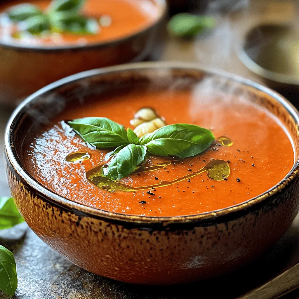 For this creamy roasted garlic tomato soup, you will need: - 6 ripe tomatoes, halved - 1 whole bulb of garlic - 1 medium onion, chopped - 2 tablespoons olive oil - 4 cups vegetable broth These fresh ingredients create a rich base. The tomatoes bring sweetness, while the garlic adds depth. To make the soup creamy, add: - 1 cup heavy cream (or coconut milk for a dairy-free version) This creamy component gives the soup a smooth texture. Choose coconut milk for a lighter option. To enhance the flavor, gather: - 1 teaspoon dried basil - 1 teaspoon sugar (optional, to balance acidity) - Salt and pepper to taste - Fresh basil leaves for garnish The dried basil adds an herby touch. Sugar can help cut the acidity of the tomatoes. Fresh basil leaves brighten the dish when serving. Remember to check the [Full Recipe] for more details on preparation! - Preheat the oven: Set your oven to 400°F (200°C). This step is key for roasting. - Prepare the garlic: Cut the top off one whole bulb of garlic. Drizzle it with olive oil. Wrap the bulb in aluminum foil. - Roast tomatoes and onions: On a baking sheet, place the halved tomatoes and chopped onion. Drizzle with olive oil. Sprinkle with salt and pepper. - Roast the garlic: Put the wrapped garlic on the same baking sheet. Roast everything for about 30-35 minutes. The goal is soft, caramelized tomatoes. - Squeeze the garlic: After roasting, let the garlic cool. Squeeze the roasted cloves into a blender or pot. - Blend the soup: Add the roasted tomatoes, onion, vegetable broth, and dried basil to the blender. Blend until the mixture is smooth and creamy. - Heat the soup: Pour the blended soup into a pot over medium heat. Stir in heavy cream or coconut milk. Heat through but do not boil. Season with extra salt and pepper as needed. For the full recipe, check the Complete Recipe section. This method makes a soup that's creamy and full of flavor. Enjoy your cooking! To make the soup creamy, use heavy cream or coconut milk. Coconut milk is great for a dairy-free option. Blend the roasted garlic, tomatoes, and onion until smooth. If it's too thick, add more vegetable broth. To thicken the soup, blend in a bit more roasted garlic. Fresh herbs bring bright flavors. You can use basil, thyme, or parsley. Dried herbs work too, but fresh is best. To add a kick, try spices like red pepper flakes or smoked paprika. A dash of lemon juice can also brighten the taste. Serve the soup in warm bowls. This keeps it hot longer. Add a drizzle of cream on top for style. A sprinkle of fresh basil makes it pop. You can also add croutons for crunch. {{image_2}} You can easily make this soup vegan. First, swap heavy cream with coconut milk. It gives the same creamy texture without dairy. For broth, use a vegetable broth that’s low in sodium. This keeps it light and fresh. Want to make your soup more exciting? Try adding roasted red peppers. They add a sweet, smoky flavor. You can also toss in some chopped carrots. They bring natural sweetness and extra nutrients. Just roast them along with the tomatoes and onions. If you like heat, add chili flakes. Just a pinch will add a nice kick. You can also use infused oils, like spicy olive oil. Drizzle this on top before serving. It gives both flavor and a beautiful finish. For the complete dish, refer to the Full Recipe for more details. To keep your creamy roasted garlic tomato soup fresh, store it in the fridge. Pour the cooled soup into an airtight container. It will stay good for about 4 to 5 days. If you want to save it for longer, you can freeze it. Use freezer-safe containers or bags. Leave some space for the soup to expand as it freezes. It can last up to 3 months in the freezer. When you’re ready to enjoy the soup again, reheat it gently. The best way is to use a pot on the stove. Heat it over medium-low. Stir it often to keep it from burning. You can also use a microwave. Just heat it in short bursts, stirring in between to keep it even. To maintain the flavor and texture, avoid boiling it. The maximum storage duration for this soup is about 5 days in the fridge. Check for signs of spoilage before eating. If the soup smells sour or has a strange color, it’s best to throw it away. Always trust your senses; they guide you well in the kitchen. How to make creamy roasted garlic tomato soup vegan? You can make this soup vegan easily. Replace heavy cream with coconut milk or a cashew cream. Both options give a rich and creamy taste. Can I use canned tomatoes instead of fresh? Yes, you can use canned tomatoes. Choose whole or diced canned tomatoes in juice. They work well and save time. What to serve with tomato soup? Tomato soup pairs nicely with grilled cheese sandwiches. You can also serve it with crusty bread or a fresh salad. How long to roast the garlic? Roast the garlic for about 30-35 minutes. It should be soft and caramelized when done. Can I adjust the spice level in the recipe? Yes, you can adjust the spice level! Add red pepper flakes for heat or more basil for flavor. What can I use instead of heavy cream? You can use coconut milk or cashew cream as a substitute. Both add richness without dairy. Alternatives to vegetable broth? If you don’t have vegetable broth, use water or chicken broth. Both options will still work well in the recipe. This blog post covered how to make a delicious roasted garlic tomato soup. We discussed essential ingredients, including ripe tomatoes, garlic, olive oil, and heavy cream. I shared tips for achieving the right consistency and enhancing flavors with spices and herbs. You also learned about vegan options and creative add-ins. In conclusion, this soup is easy to prepare and versatile. With the right steps, you can enjoy a warm bowl that suits any taste. So gather your ingredients and get cooking!