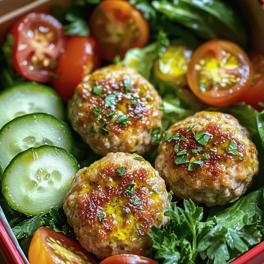 - 1 pound ground turkey - 1/2 cup breadcrumbs - 1/4 cup feta cheese, crumbled - 1/4 cup grated Parmesan cheese - 1/4 cup fresh parsley, chopped - 1 teaspoon garlic powder - 1 teaspoon onion powder - 1/2 teaspoon salt - 1/4 teaspoon black pepper - 2 tablespoons olive oil - 1 cup cherry tomatoes, halved - 1 cucumber, sliced - 1/2 teaspoon dried oregano - 2 cups mixed greens - 1 tablespoon balsamic vinegar Using these fresh ingredients, you create tasty turkey meatballs. Ground turkey is a lean protein and keeps the dish light. Feta cheese adds a tangy kick. Breadcrumbs help bind the meatballs together. Fresh herbs like parsley give you flavor and color. - Other cheeses - Vegetables for customization You can switch up the cheese if you want. Parmesan works well, or try mozzarella for a milder taste. Feel free to add veggies, like bell peppers or zucchini, to boost nutrition and flavor. The more colors you add, the better your meal looks and tastes! - Calories per serving: About 300 - Macros breakdown: - Proteins: 25g - Fats: 15g - Carbs: 20g Each serving is packed with protein, making it great for energy. The fats come from cheese and olive oil, adding richness. Carbs are from breadcrumbs and veggies, giving you balance. This meal fits well into a healthy diet. Check the full recipe for more details on preparation. 1. Preheat the oven: Start by heating your oven to 400°F (200°C). This step is key for cooking the meatballs evenly. 2. Prep the baking sheet: Line a baking sheet with parchment paper. This helps the meatballs cook without sticking. 3. Mix the meatball ingredients: In a large bowl, combine your ground turkey, breadcrumbs, feta cheese, Parmesan cheese, parsley, garlic powder, onion powder, salt, and black pepper. Use your hands to mix well until everything is combined. 1. Form meatballs: Use your hands to shape the mixture into small meatballs. Aim for about 1 inch in diameter. Place these on the prepared baking sheet. 2. Bake meatballs: Drizzle olive oil over the meatballs. Bake them for 20-25 minutes, or until they turn golden brown. Remember to turn them halfway through to cook evenly. 3. Prepare the vegetable sides: While the meatballs bake, take a bowl and mix the halved cherry tomatoes and cucumber slices. Drizzle olive oil and sprinkle dried oregano over them. Toss to coat well. 1. Layer ingredients: In your lunchbox, start with a handful of mixed greens. Next, arrange the baked meatballs on top. Add the seasoned cherry tomatoes and cucumber slices around them. 2. Packing tips: For a fresh look, keep each food item in separate compartments. Add a few parsley leaves on top for a nice touch. This keeps the flavors fresh and makes your lunchbox look colorful. To ensure your meatballs are tender, start with ground turkey that has some fat. This fat adds moisture. Mix the ingredients gently. Overworking the meat can make it tough. For baking, preheat your oven to 400°F (200°C). Line your baking sheet with parchment paper. This prevents sticking and makes clean-up easy. Drizzle olive oil over the meatballs before baking. This helps them brown nicely. To make ahead for the week, you can prepare the meatball mixture a day in advance. Store it in the fridge until you are ready to bake. Another option is to bake all the meatballs at once. After they cool, you can store them in an airtight container. Cooked meatballs last up to four days in the fridge. For longer storage, freeze them in a single layer, then transfer to a bag. They can last up to three months in the freezer. For sides, pair your meatballs with cherry tomatoes and cucumber slices. These add freshness and crunch. You can also serve them over mixed greens, as in the lunchbox recipe. Try different dressings to keep things fun. Balsamic vinegar is great, but you can also use a yogurt-based sauce or a zesty vinaigrette. This adds variety and keeps the meal exciting! {{image_2}} You can use chicken or beef instead of turkey. Both options work well and keep the dish tasty. For a vegetarian twist, try plant-based substitutes like lentils or chickpeas. These options add fiber and protein, making your meal healthy. To change the flavor, add spices like cumin or paprika. Fresh herbs such as basil or cilantro also boost taste. If you want a different cheese, try goat cheese or mozzarella. Each cheese gives a unique flavor that can change the whole dish. Try transforming meatballs into sliders for a fun twist. Just place them on mini buns with some sauce. This makes a great snack or meal for parties. You can also serve them as an appetizer, skewering meatballs on toothpicks. This makes for easy eating and a great way to impress guests. For the Full Recipe, check the main article! Store your turkey meatballs and feta lunchbox in the fridge. Use an airtight container to keep them fresh. If you want to save them for later, freeze the meatballs. Place them in a freezer-safe bag or container. Remove as much air as you can to prevent freezer burn. In the fridge, the lunchbox lasts about 3 to 4 days. In the freezer, it can stay good for up to 3 months. Check for signs of spoilage like a sour smell or a change in color. If it looks off or smells bad, it’s best to throw it away. To reheat the meatballs, use the oven or microwave. In the oven, set it to 350°F (175°C) and warm them for about 10-15 minutes. In the microwave, heat them on medium power for 1-2 minutes. For veggies, a quick 30 seconds in the microwave works well. This keeps the texture and flavor just right. Enjoy your meal with fresh taste every time! What can I substitute for breadcrumbs? You can use crushed crackers or oats instead of breadcrumbs. These options keep the meatballs moist and tasty. If you want a gluten-free choice, try almond flour or ground cornflakes. Just mix them into the meatball mix like you would with regular breadcrumbs. Can I use frozen turkey meatballs? Yes, you can use frozen turkey meatballs for this lunchbox. Just make sure to cook them according to the package instructions. This saves time and still gives you a tasty meal. How do I prepare this lunchbox in advance? To prepare this lunchbox in advance, you can cook the meatballs a day or two ahead. Store them in the fridge in an airtight container. Prep the veggies and pack them separately. This helps keep everything fresh. You can assemble the lunchbox the night before for an easy grab-and-go meal. What are the best containers for packing lunch? Look for containers that are leak-proof and have separate compartments. This keeps your meatballs, veggies, and greens from mixing. Glass or BPA-free plastic containers work well. They help maintain freshness and make it easy to reheat if needed. Is this recipe gluten-free? The recipe is not gluten-free due to the breadcrumbs. To make it gluten-free, use gluten-free breadcrumbs or oats. This way, you can still enjoy the same great taste without the gluten. Low-carb modifications for diet-specific needs If you're watching carbs, you can skip the breadcrumbs entirely. Instead, add grated cheese or ground nuts to help bind the meatballs. You can also serve the meatballs on a bed of lettuce instead of mixed greens for a lower-carb option. This blog post covered a tasty and easy meatball recipe. We went through the main ingredients and optional add-ins. You learned how to prepare, cook, and pack your lunchbox. Also, I shared tips for meal prep and serving ideas. Don't forget the variations or storage tips for fresh meals throughout the week. Enjoy experimenting with flavors and customizing to fit your needs. With this knowledge, you can make delicious meatballs anytime! Eating well can be simple and fun.