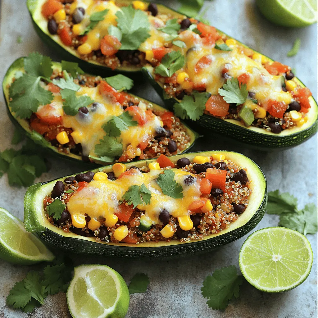 To make Mexican zucchini boats, you need these ingredients: - 4 medium zucchinis - 1 cup cooked quinoa - 1 can (15 oz) black beans, drained and rinsed - 1 cup corn kernels (fresh or frozen) - 1 cup diced tomatoes (canned or fresh) - 1 red bell pepper, diced - 1 teaspoon cumin - 1 teaspoon chili powder - 1 teaspoon garlic powder - Salt and pepper to taste - 1 cup shredded cheese (cheddar or Mexican blend) - Fresh cilantro for garnish - Lime wedges for serving These ingredients bring flavor and color to your dish. The quinoa adds protein and fiber, while the black beans give it a hearty feel. The spices really make the flavors pop. You can mix things up with these optional ingredients: - Chopped onions for extra crunch - Jalapeños for heat - Avocado for creaminess - Salsa for added zest Feel free to get creative! Adding different toppings or ingredients makes each meal unique. You can cater to your taste and spice levels. Each serving has healthy nutrients. Here’s a quick look: - Calories: Approximately 350 - Protein: 15 grams - Carbohydrates: 50 grams - Fiber: 10 grams - Fat: 10 grams This dish is not only tasty but also good for you. It’s balanced and can fit well into a healthy diet. Enjoy every bite of these colorful boats! For the full recipe, check the complete details above. To start, preheat your oven to 375°F (190°C). This step warms the oven for baking. Next, take your zucchinis and slice them in half lengthwise. Use a spoon to scoop out the center. This creates a boat shape for your filling. Save the scooped-out flesh; you will use it later. Now, grab a large mixing bowl. Add the cooked quinoa, black beans, corn, diced tomatoes, and diced red bell pepper. Toss in the reserved zucchini flesh, cumin, chili powder, garlic powder, salt, and pepper. Mix everything well. You want all the flavors to combine. This filling is colorful and packed with nutrients. Once your filling is ready, spoon it into each zucchini boat. Pack it generously to avoid gaps. Place the filled zucchini boats in a baking dish lined with parchment paper. Sprinkle the shredded cheese on top. This will melt and add flavor. Cover the dish with aluminum foil. Bake for 25 minutes. After 25 minutes, remove the foil and bake for another 10 minutes. The cheese should be melted and bubbly. Carefully take the dish from the oven. Let it cool for a few minutes. Top with fresh cilantro and serve with lime wedges. Enjoy your colorful Mexican Zucchini Boats! For the full recipe, check out the detailed instructions above. To scoop zucchini, start with a sharp knife. Cut the zucchini in half lengthwise. Use a spoon to remove the soft center. Be gentle to avoid breaking the shell. You want a nice boat shape. Save the scooped-out flesh; you can mix it into the filling. This adds flavor and helps reduce waste. Choosing cheese can elevate your zucchini boats. I love using shredded cheddar or a Mexican blend. These cheeses melt well and give a great taste. You can also use pepper jack for a spicy kick. If you prefer a lighter option, try crumbled feta or goat cheese. These will add a tangy flavor that pairs well with the filling. To reheat your zucchini boats, place them in the oven at 350°F (175°C). Bake for about 10-15 minutes until warm. You can also use the microwave for a quick option. Just cover with a wet paper towel to keep them moist. Serve with lime wedges and fresh cilantro on top. These add a nice touch and brighten the dish. For a fun twist, pair them with a side of guacamole or salsa. For complete details on making this dish, refer to the Full Recipe. {{image_2}} You can easily make this dish vegetarian or vegan. To do this, skip the cheese or use a vegan cheese alternative. You can also add more veggies. Try mushrooms, spinach, or zucchini flesh. These additions boost flavor and nutrients. They make the dish even more colorful and fun. If you want more protein, add cooked chicken or turkey. Shred or dice the meat and mix it into the filling. This adds great flavor and makes the meal heartier. You can use leftover rotisserie chicken or ground turkey. Just make sure it is cooked before adding it to the mix. To adjust the spice level, think about your taste. For mild flavors, keep the spices light. You can skip the chili powder or use less. If you like heat, add jalapeños or more chili powder. You can also try hot sauce on top before serving. This makes your Mexican zucchini boats truly your own. For the full recipe, check out the detailed steps above. After you enjoy your Mexican zucchini boats, store leftovers in the fridge. Use an airtight container to keep them fresh. They will last for about 3 to 4 days. Make sure to let them cool before sealing. This helps keep the taste and texture intact. You can freeze these zucchini boats for later. To do this, first, let them cool completely. Wrap each boat in plastic wrap, then place them in a freezer bag. They will stay good for about 2 to 3 months. When ready to eat, thaw them in the fridge overnight. To reheat, you have a few options. You can use the oven for the best taste. Preheat the oven to 350°F (175°C). Place the zucchini boats on a baking tray and cover with foil. Heat for about 15-20 minutes. You can also use a microwave. Just place a boat on a plate and heat for 1-2 minutes. Remember, the oven makes them taste fresher, while the microwave is faster. Enjoy them hot! You can use rice or couscous as a substitute for quinoa. Both work well. If you prefer a gluten-free option, try using cauliflower rice. It offers a light texture and absorbs flavors nicely. Just make sure to cook it first for better taste. To keep zucchini firm, salt the insides after scooping. Let them sit for 10 minutes. This draws out excess moisture. Then, pat them dry with a paper towel. You can also bake them briefly before adding the filling. This step helps to set the shape and texture. Yes, you can prepare the zucchini boats ahead of time. Assemble them and store in the fridge for up to 24 hours. Just cover them tightly with plastic wrap. When ready to cook, bake straight from the fridge, adding a few extra minutes to the cooking time. Enjoy a quick and tasty meal! Mexican zucchini boats are fun to make and eat. We learned how to prepare them step-by-step, from scooping zucchini to baking the filling. You can customize flavors with different ingredients, cheese types, and spice levels. Remember to store leftovers properly to keep them fresh. This dish is easy to adapt, so make it your own! Enjoy this tasty meal that fits many diets and tastes. Keep experimenting and have fun in the kitchen!