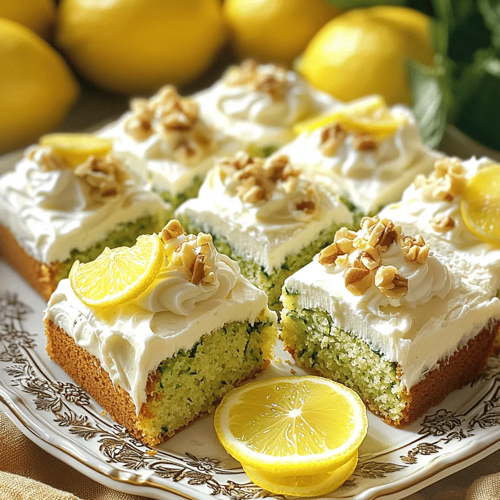 - 2 cups grated zucchini (about 2 medium zucchinis) - 1 ¾ cups all-purpose flour - 1 cup granulated sugar - ½ cup brown sugar, packed To make a great zucchini cake, use fresh, firm zucchini. Grating it adds moisture and flavor. You will need both granulated and brown sugar. The granulated sugar sweetens, while brown sugar adds richness and a hint of caramel flavor. The all-purpose flour gives the cake structure and keeps it light. - ½ cup cream cheese, softened - ¼ cup unsalted butter, softened - 1 ½ cups powdered sugar - 1 tablespoon lemon juice For the frosting, cream cheese and butter blend to create a smooth base. The powdered sugar sweetens and thickens the frosting. Adding lemon juice gives it a nice zing that pairs well with the zucchini cake. - 1 cup chopped walnuts - Zest of 1 lemon You can add chopped walnuts for a crunchy texture. They add a nice contrast to the soft cake. Lemon zest brightens the flavor, making it more refreshing. Feel free to mix in these add-ins for an extra burst of taste. For the complete recipe, be sure to check the Full Recipe section! 1. First, preheat your oven to 350°F (175°C). This step is key for even baking. 2. Grease and flour a 9x13 inch baking pan. This helps the cake to come out easily. 3. In a large bowl, combine 2 cups of grated zucchini, 1 cup of granulated sugar, ½ cup of brown sugar, and ½ cup of vegetable oil. Mix this well until smooth. The zucchini adds moisture and flavor. 1. Next, add 3 large eggs and 2 teaspoons of vanilla extract to the zucchini mix. Whisk until smooth. Then, stir in the zest of 1 lemon for a fresh taste. 2. In another bowl, whisk together 1 ¾ cups of all-purpose flour, 1 teaspoon of baking powder, ½ teaspoon of baking soda, ½ teaspoon of salt, and 1 teaspoon of ground cinnamon. This will be your dry mix. 3. Slowly add the dry mix to the wet mix. Stir just until combined. If you want, fold in 1 cup of chopped walnuts for extra crunch. 4. Pour the batter into your prepared pan and spread it evenly. Bake for 30-35 minutes. Check with a toothpick. It should come out clean when the cake is done. 1. While the cake bakes, prepare the frosting. In a medium bowl, beat ½ cup of softened cream cheese and ¼ cup of softened butter. Mix until creamy and smooth. 2. Gradually add 1 ½ cups of powdered sugar and 1 tablespoon of lemon juice. Mix until you have a smooth frosting. 3. Once the cake cools completely, spread the cream cheese frosting evenly on top. This adds a rich and tangy layer to your cake. For the full recipe, refer to the detailed instructions above. Enjoy your baking! Choosing the right zucchini Select firm zucchinis without spots. Younger zucchinis work best, as they are sweeter. Grate them with the skin on for added color and nutrition. Measure 2 cups for this recipe. Keeping the cake moist Moisture is key to a great zucchini cake. Squeeze excess water from the grated zucchini. Using both granulated and brown sugar adds depth. The oil in the batter also helps maintain moisture. Tips for spreading cream cheese frosting Make sure your cake is cool before frosting. Use a spatula for even spreading. Start from the center and work your way out. If the frosting is too thick, add a splash of lemon juice to soften it. Optional decorative garnishes For a beautiful finish, consider adding lemon slices on top. Chopped walnuts can also add a nice crunch. Sprinkle a few on the frosting for an appealing look. Ensuring even baking Place the baking pan in the center of your oven. This helps with even heat distribution. Rotate the pan halfway through baking for consistent results. Checking for doneness Insert a toothpick into the center of the cake. If it comes out clean, your cake is done. If not, bake for a few more minutes. Trust your instincts; a little extra time can make a big difference. For the full recipe, be sure to check the full recipe section. Enjoy the process! {{image_2}} For a rich twist, try a chocolate zucchini cake. Replace some flour with cocoa powder. Use ¾ cup of cocoa powder and reduce all-purpose flour to 1 cup. This will give you a moist and chocolatey delight. Bake for 35 to 40 minutes instead of 30 to 35 minutes. Check doneness with a toothpick. If you need a gluten-free option, use almond flour or oat flour. Substitute 1:1 for all-purpose flour. Almond flour adds a nutty taste, while oat flour keeps it light. The cake will be denser but still moist. It may take a bit longer to bake, around 35 to 40 minutes. To cut down on sugar, use applesauce or mashed bananas. Replace granulated sugar with ½ cup of applesauce. You can also use honey or maple syrup. Remember, these natural sweeteners may change the cake's texture. For a milder sweetness, try a blend of granulated sugar and natural sweeteners. To keep your zucchini cake fresh, store it at room temperature. Place it in an airtight container. It can last up to two days this way. If your kitchen is warm, consider refrigeration. Wrap the cake tightly in plastic wrap before placing it in the fridge. This helps keep it moist. If you want to save some for later, freezing is a great option. First, let the cake cool completely. Then, wrap it well in plastic wrap. You can also use aluminum foil for extra protection. Place the wrapped cake in a freezer bag, removing as much air as possible. To thaw, move it to the fridge overnight. For a quicker method, leave it at room temperature for a few hours. Zucchini cake stays fresh for a good while. When stored at room temperature, it lasts about two days. In the fridge, it can last up to a week. If you freeze it, the cake can stay good for three months. Always check for signs of spoilage. Look for mold or an off smell. If you see or smell anything strange, toss it out right away. Yes, you can use frozen zucchini. First, thaw the zucchini before using it. Drain any extra water to keep the cake moist. Grate the zucchini after thawing to ensure even mixing. If you want a vegan option, you can use flax eggs. Mix 1 tablespoon of ground flaxseed with 2.5 tablespoons of water. Let it sit for 5 minutes until it thickens. This substitute works well, but you may notice a slight change in texture. To check if your cake is done, insert a toothpick in the center. If it comes out clean, your cake is ready. You can also gently press the top. If it springs back, it’s perfect. This blog post gave you all the details to make a great zucchini cake. You learned about the main ingredients, how to mix and bake, and how to add a tasty frosting. I shared tips to keep your cake moist and even some fun variations. With the right storage tips, your cake will stay fresh longer. Now, you can enjoy experimenting and sharing your zucchini cake with friends and family. Get ready to bake and wow everyone with your delicious creation!