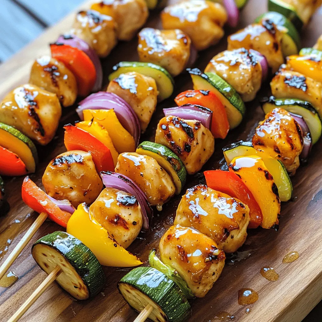 To make tasty honey garlic chicken skewers, you need the following key ingredients: - 1 lb (450g) boneless, skinless chicken breast, cut into 1-inch cubes - 1/4 cup honey - 1/4 cup soy sauce (low sodium recommended) - 3 cloves garlic, minced - 1 tablespoon fresh ginger, grated - 1 tablespoon sesame oil - 1 tablespoon rice vinegar - 1/2 teaspoon black pepper - 1/2 teaspoon red pepper flakes (optional, for heat) - 1 bell pepper (any color), cut into 1-inch pieces - 1 small zucchini, sliced into half-moons - 1 small red onion, cut into wedges - Skewers (soaked in water for 30 minutes if using wooden skewers) These ingredients combine to create a sweet and savory flavor that makes every bite delightful. You can change up the recipe with these optional ingredients: - Pineapple chunks for sweetness - Mushrooms for an earthy taste - Cherry tomatoes for a pop of color - Different herbs like cilantro or parsley These options let you customize your skewers to fit your taste. If you don’t have some ingredients, here are easy substitutions: - Maple syrup instead of honey - Tamari for a gluten-free soy sauce - Garlic powder instead of fresh garlic - Coconut aminos for a soy-free alternative Substituting ingredients can still give you that amazing honey garlic flavor. For the full recipe, check out the details above. To start, we need to marinate the chicken. This step is key for great flavor. Take a bowl, and whisk together the honey, soy sauce, minced garlic, grated ginger, sesame oil, rice vinegar, black pepper, and red pepper flakes. This mix brings out a sweet and savory taste. Now, add the chicken cubes. Make sure each piece gets covered well. Cover the bowl and put it in the fridge for at least 30 minutes. For even more flavor, let it marinate for up to 2 hours. While the chicken marinates, let’s prepare the veggies. You can use any vegetables that grill nicely. I like to use bell peppers, zucchini, and red onions. Cut the bell pepper into 1-inch pieces, slice the zucchini into half-moons, and cut the red onion into wedges. Set these aside on a plate. This colorful mix will add crunch and flavor to the skewers. Once the chicken has marinated, it’s time to assemble the skewers. Start by threading the chicken cubes onto the skewers. Alternate between chicken and veggies for a nice look. This makes each bite tasty and colorful. Next, preheat your grill to medium-high heat. To stop the skewers from sticking, lightly oil the grill grates. Now, place the skewers on the grill. Cook them for about 10 to 12 minutes. Make sure to turn them occasionally. You want the chicken to be cooked through and have nice grill marks. The chicken should reach an internal temperature of 165°F (74°C). In the last few minutes of grilling, brush any leftover marinade over the skewers. This will caramelize and add even more flavor. Once done, remove the skewers from the grill and let them rest for a few minutes before serving. Enjoy your delicious Honey Garlic Chicken Skewers! For the full recipe, check out the section above. Marinating is key to great flavor. Use a bowl to mix honey, soy sauce, garlic, ginger, sesame oil, rice vinegar, black pepper, and red pepper flakes. Add the chicken cubes and stir well to coat. Cover the bowl and chill in the fridge for at least 30 minutes. For more flavor, marinate for up to 2 hours. The longer you marinate, the better the taste! Preheat your grill to medium-high heat. This helps cook the chicken evenly. Lightly oil the grill grates to stop the skewers from sticking. When grilling, place the skewers on the grill and cook for about 10-12 minutes. Turn them often to get nice grill marks. Always check the chicken's internal temperature; it should reach 165°F (74°C). Glaze the skewers with leftover marinade in the last few minutes of grilling to add extra flavor. Serve these honey garlic chicken skewers hot off the grill. They look great on a platter with colorful veggies. Pair them with rice or a fresh salad for a fuller meal. You can also serve them with a dipping sauce for extra fun. Try a sweet chili sauce or a tangy yogurt dip. These options make the meal even more exciting! For the full recipe, check back to the earlier section. {{image_2}} You can switch the chicken for other proteins. Try using shrimp, beef, or pork. Each protein changes the taste and texture. Shrimp cooks fast and adds a sweet bite. Beef gives a rich flavor, while pork can be very juicy. Adjust the marinating time based on the protein you choose. For shrimp, about 15-20 minutes is enough. For beef or pork, stick with 30 minutes to 2 hours for best flavor. If you want a meat-free option, try tofu or tempeh. Both soak up flavors well. Cut tofu into cubes and press it to remove excess moisture. Marinate it just like chicken for great taste. You can also use mushrooms or eggplant. These veggies grill nicely and add depth. Remember to cut them into even pieces for even cooking. Want to add a kick? Try adding more red pepper flakes or some sriracha to the marinade. For a fresh twist, add citrus juice like lime or lemon. This will brighten up the dish and add zing. You can also use different types of honey, like orange blossom or clover, to change the sweetness. Experiment with herbs like cilantro or basil for a unique touch. Each flavor change can make a simple recipe feel new and exciting. For the complete recipe, check out the [Full Recipe]. After your meal, let leftover skewers cool down. Place them in a clean, airtight container. This helps keep them fresh. Store the container in the fridge. Leftover skewers can last 3 to 4 days in the fridge. Make sure to label the container with the date. This way, you know when to eat them. To reheat your skewers, you have a few options. You can use the microwave, oven, or grill. For the microwave, place the skewers on a microwave-safe plate. Heat them for 1 to 2 minutes. Check if they are warm enough. If not, heat for an extra 30 seconds. For the oven, preheat it to 350°F (175°C). Place the skewers on a baking sheet. Heat for about 10 minutes or until warm. If you want that grilled taste, you can reheat them on the grill. Just grill for 3 to 5 minutes, turning often. If you want to keep skewers for longer, freezing is a great option. Before freezing, it’s best to separate the chicken from the veggies. This helps them freeze better. Wrap each skewer tightly in plastic wrap. Then, place them in a freezer-safe bag. Try to remove as much air as possible. Frozen skewers can last up to 3 months. When you are ready to eat, thaw them in the fridge overnight. After that, you can grill or reheat them as mentioned above. For the full recipe, check out the complete guide. To keep chicken juicy, marinate it well. Use a mix of honey, soy sauce, garlic, and ginger. Let it soak for at least 30 minutes. The longer you marinate, the better it tastes. When grilling, cook on medium heat. Avoid high heat, which can dry out the chicken. Turn the skewers often for even cooking. Aim for an internal temperature of 165°F (74°C). This ensures juicy chicken every time. Yes, you can. Preheat your oven to 400°F (200°C). Line a baking sheet with foil for easy cleanup. Place the skewers on the sheet, making sure they don’t touch. Bake for about 15-20 minutes. Flip the skewers halfway through for even cooking. Brush with the leftover marinade during the last few minutes. This adds extra flavor and a nice glaze. These skewers pair well with many sides. Here are some ideas: - Steamed rice or jasmine rice - Quinoa salad with veggies - Grilled corn on the cob - Fresh cucumber and tomato salad - Roasted sweet potatoes Try different sides to find your favorite combo. For the Full Recipe, check the main article. Honey Garlic Chicken Skewers are simple and fun to make. We covered key ingredients, marinating, grilling, and storage. You now have tips for perfect skewers and tasty variations. Explore different proteins and spices to suit your taste. With the right techniques, anyone can create delicious skewers at home. Enjoy your cooking, and don't forget the side dishes that complement this meal. Savor each bite, and share your creations with family and friends!