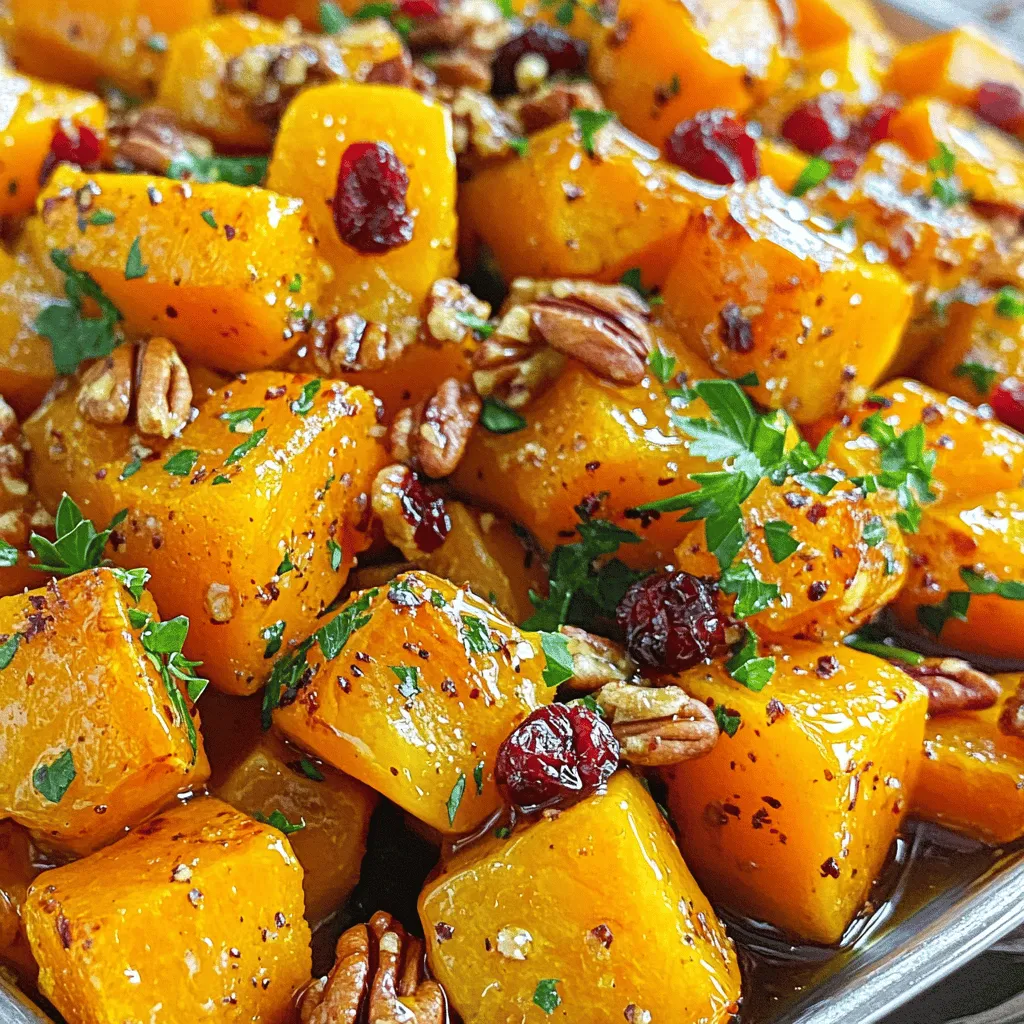 - 1 medium butternut squash, peeled and cubed - 3 tablespoons olive oil - 3 tablespoons honey - 1 teaspoon ground cinnamon - 1 teaspoon ground nutmeg - Salt and pepper to taste - 1/2 cup dried cranberries - 1/2 cup pecans, roughly chopped - Fresh parsley, for garnish - Large mixing bowl - Baking sheet - Spatula or tongs When I make my Sweet and Savory Honey Roasted Butternut Squash, I love to gather all the ingredients. First, I pick a medium butternut squash. I peel it and cube it into bite-sized pieces. This squash is the star of the dish. Next, I grab my olive oil and honey. These add a rich flavor and sweetness. I also use ground cinnamon and nutmeg. These spices bring warmth and depth. Don't forget to sprinkle salt and pepper to taste. If you want to elevate the dish, I suggest adding dried cranberries and chopped pecans. They add a nice touch of texture and taste. Lastly, fresh parsley makes a great garnish. For tools, you need a large mixing bowl to combine everything. A baking sheet helps the squash roast evenly. A spatula or tongs comes in handy for flipping the squash. With this setup, you're ready to create a delightful dish. For the full recipe, refer to the earlier section. To start, grab your butternut squash. First, you need to peel it. Use a sharp peeler to remove the skin. Make sure to press firmly but carefully. Once peeled, place the squash on a cutting board. Cut the squash in half lengthwise to remove the seeds. Then, chop the squash into small cubes, about one inch each. This size helps it cook evenly. When cutting, keep your fingers curled under. This protects them from the knife. Use a stable surface to avoid slips. If the squash feels tough, you can microwave it for a minute to soften. Next, let’s mix our ingredients. In a large bowl, combine the cubed butternut squash with olive oil and honey. Add ground cinnamon, nutmeg, salt, and pepper. Use a spatula to toss everything together. Make sure each piece of squash gets coated well. This step is key for the sweet and savory flavor. Now, it’s time to roast! Preheat your oven to 400°F (200°C). This step ensures the squash cooks evenly. Once the oven is ready, spread the coated squash on a large baking sheet. Make sure the pieces are in a single layer. This helps them roast properly without steaming. Check the squash after 25 minutes. It should be soft and golden brown. Flip the squash halfway through. This step helps every side get crispy. In the last five minutes, add dried cranberries and pecans. This will give them a nice toast and plump the cranberries. Once done, take it out and let it cool for a few minutes. Then, transfer it to a serving dish. You can garnish with fresh parsley for extra color. Enjoy the sweet and savory honey roasted butternut squash! For the complete recipe, check out the [Full Recipe]. To achieve the right sweetness, you can adjust the honey. If you like it sweeter, add more honey. For less sweetness, reduce the amount. You can also swap honey for maple syrup for a different taste. Spices can change the dish’s flavor. For a warm touch, use cinnamon and nutmeg. If you prefer a kick, try adding a pinch of cayenne. For a fresh twist, herbs like thyme or rosemary work well too. For crispy roasted squash, cut the pieces into even cubes. This helps them cook evenly. A hot oven is key, so preheat to 400°F (200°C). Flipping the squash halfway through roasting is vital. This step helps both sides brown nicely. It gives you that perfect texture and adds a bit of crunch. Pair this dish with roasted chicken or grilled fish for a complete meal. It also works great in salads, adding a sweet touch. Leftovers can be used in many ways. Toss them in a salad or mix them into a grain bowl. You could also blend them into a soup for a warm and cozy dish. For the full recipe, check out the details above. {{image_2}} You can switch honey for other sweeteners. Maple syrup offers a rich flavor. Agave syrup works well too, for a milder taste. If you need a sugar-free option, try monk fruit or stevia. They add sweetness without the sugar. Consider adding more veggies to your dish. Brussels sprouts mix well with butternut squash. Carrots add a nice crunch and color. You can also include proteins. Chicken makes it heartier. Chickpeas are a great plant-based choice, rich in protein. To boost the taste, try different herbs. Rosemary adds a woodsy note. Thyme gives a fresh twist to the dish. Spices can change the flavor profile too. A sprinkle of cayenne adds heat. Smoked paprika gives a deep, smoky flavor. Feel free to explore these variations in the Full Recipe for Sweet and Savory Honey Roasted Butternut Squash. Each change can create a new dish! To keep your roasted butternut squash fresh, store it in an airtight container. Make sure to cool it completely before sealing. This way, it will stay tasty and safe to eat. Roasted squash lasts about 3 to 5 days in the fridge. If you want to save some for later, freezing is a great option. Here’s how to do it: 1. Let the roasted squash cool completely. 2. Spread the pieces on a baking sheet in a single layer. 3. Freeze for about an hour until they are firm. 4. Transfer the squash to a freezer bag and remove as much air as possible. 5. Label the bag with the date. Frozen squash keeps well for 3 to 6 months. For reheating, simply thaw the squash in the fridge overnight. Heat it in the oven at 350°F (175°C) until warm. You can also use a microwave for a quick option. When reheating, avoid losing that nice texture. To do this, use the oven. Spread the squash out on a baking sheet and reheat at 350°F (175°C) for 10 to 15 minutes. Leftovers can be reinvented easily! Toss the squash in a salad for added flavor. You can also blend it into soups for a creamy texture. It’s a fun way to keep your meals exciting. Don’t forget to check the Full Recipe for more ideas! You can tell when butternut squash is done roasting by checking its color and softness. - Look for a golden-brown color. This shows it is caramelizing well. - Pierce the squash with a fork. It should feel tender and soft. - If it is easy to scoop with a fork, it's ready to enjoy! You want to flip the squash halfway through roasting. This helps it brown evenly. Yes, you can use frozen butternut squash! It saves time and is easy to find. - Pros: Frozen squash is pre-cut and ready to cook. It can save you prep time. - Cons: The texture may be softer than fresh squash. It may not caramelize as well. If you use frozen squash, adjust roasting time. It might take a bit longer to cook through. Sweet and Savory Honey Roasted Butternut Squash pairs well with many dishes. Here are some ideas: - Serve it alongside roasted chicken or turkey for a filling meal. - Add it to salads for a sweet touch. - Pair it with grains like quinoa or rice for a hearty side. You can also enjoy it as a snack. The flavors are so good, you might want to eat it straight from the bowl! For the full recipe, check out the Sweet and Savory Honey Roasted Butternut Squash. In this blog post, I shared a simple recipe for sweet and savory honey roasted butternut squash. You learned about key ingredients, helpful steps, and expert tips. This dish is not only easy to make, but it also offers room for personal touches. Experimenting with flavors and additions can elevate your meal. Remember, the best part is that leftovers are just as good. Enjoy making this tasty dish, and feel free to share your creations!
