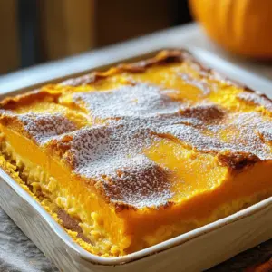 To make Pumpkin Magic Custard Cake, you will need: - 1 cup pumpkin puree (canned or homemade) - 1 cup milk - 1 cup water - 4 large eggs - 1 cup sugar - ½ cup melted unsalted butter - 1 teaspoon vanilla extract - 1 tablespoon all-purpose flour - 1 teaspoon baking powder - ½ teaspoon salt - 1 teaspoon cinnamon - ¼ teaspoon nutmeg - ¼ teaspoon ginger - Powdered sugar for dusting Accurate measurements matter in baking. Use dry measuring cups for flour and sugar. Liquid measuring cups work best for milk and water. For sticky items like pumpkin puree, use a spatula to help you scrape it all out. Eggs should be at room temperature for even mixing. You can swap some ingredients if needed. Use almond milk or oat milk instead of regular milk for a dairy-free option. Coconut oil can replace melted butter. If you don’t have pumpkin puree, sweet potato puree works well too. For a lower sugar option, try using honey or maple syrup. To start, gather your ingredients. You need pumpkin puree, milk, water, eggs, sugar, melted butter, vanilla extract, flour, baking powder, salt, and spices. Each part plays a key role in making this cake special. Preheat your oven to 350°F (175°C) and grease your baking dish. I love using an 8-inch square pan for this recipe. Combine the eggs and sugar in a large bowl. Whisk them until they blend well and become a bit frothy. Add pumpkin puree, melted butter, milk, water, and vanilla. Mix until it's nice and smooth. In a separate bowl, sift the dry ingredients: flour, baking powder, salt, cinnamon, nutmeg, and ginger. Gradually mix this into your wet ingredients. The batter will look thin, but that’s okay! Pour it into your greased pan. Now, place the baking dish inside a larger one. Add hot water to the outer pan until it reaches halfway up the sides of the cake dish. This water bath helps create those lovely custard layers. Bake for about 60 to 70 minutes. The top should turn golden brown. A toothpick should come out clean from the cake part but slightly wet from the custard. Let your cake cool for at least 30 minutes on a wire rack. After cooling, transfer it to the fridge. Chill it for a few hours or overnight. This helps the cake set and gives it that magic custard effect. Before serving, dust the top with powdered sugar for that perfect finish. Enjoy your delicious Pumpkin Magic Custard Cake! For the detailed recipe, check out the Full Recipe. One common mistake is overmixing. When you combine the wet and dry ingredients, mix just until combined. If you mix too much, the cake can become tough. Another mistake is skipping the water bath. This step helps create a creamy texture. Not baking long enough can also lead to a runny center. Always check with a toothpick to ensure it's done. To get that perfect creamy texture, use room temperature eggs and milk. This helps them blend better. Whisking the eggs and sugar until frothy is key. It adds air and lightness to the batter. The water bath also helps. It keeps the heat gentle and even, making the layers distinct and smooth. This cake shines on its own, but you can dress it up. Serve it with whipped cream for extra richness. A scoop of vanilla ice cream pairs well, too. A sprinkle of cinnamon or nutmeg on top adds a nice touch. For a twist, try drizzling caramel sauce over each slice. Enjoy this delightful treat with friends or family! For the full recipe, check out the complete instructions above. {{image_2}} You can play with flavors in your Pumpkin Magic Custard Cake. Want a twist? Try adding chocolate chips for sweetness. You can swap out the pumpkin puree for sweet potato. This change gives a new taste and adds extra creaminess. Want a spice kick? Increase the cinnamon or add allspice. This will enhance the fall flavors. You can even try a splash of maple syrup for a sweet touch. Each change makes the cake fun and unique! If you have specific dietary needs, you can adjust this recipe. For a gluten-free version, use a gluten-free flour blend. This keeps the texture while making it safe for those who can't have gluten. If you're vegan, replace each egg with a flax egg. Mix one tablespoon of ground flaxseed with three tablespoons of water. Let it sit for five minutes. Use almond milk or coconut milk instead of regular milk. This keeps the cake moist and delicious. Toppings can elevate your Pumpkin Magic Custard Cake. A dollop of whipped cream adds a light, sweet touch. For a fancy twist, try caramel sauce drizzled on top. You can also sprinkle chopped nuts for added crunch. Want to keep it simple? Just dust the top with powdered sugar. Serve with a scoop of vanilla ice cream to balance the warmth of the cake. Each topping gives a new flavor layer, enhancing your dessert experience. For the full recipe, check out the detailed instructions above. Store your Pumpkin Magic Custard Cake in the fridge. Use an airtight container. This keeps the cake fresh for up to four days. If you slice it, cover the cuts well. This helps it stay moist. Always place a piece of plastic wrap directly on the cake. It prevents drying. You can freeze this cake for up to three months. First, let it cool completely. Wrap it tightly in plastic wrap. Then, place it in a freezer bag. When you're ready to eat, thaw it in the fridge overnight. This keeps the texture good. If you want to warm it up, do so gently. Preheat your oven to 325°F (160°C). Place the cake in an oven-safe dish. Cover it with aluminum foil to avoid drying out. Heat for about 15-20 minutes. You can also enjoy it cold or at room temperature. For the full recipe, check the instructions above. Pumpkin Magic Custard Cake is a unique dessert. It has three layers: a custard layer, a cake layer, and a creamy layer. When you bake it, the magic happens! The batter separates into these layers. You use simple ingredients like pumpkin puree, eggs, and spices. The cake offers a warm, spiced flavor that brings joy. It’s perfect for fall gatherings or any sweet craving. You will love how easy it is to make and how impressive it looks. Yes, you can make this recipe ahead of time! It’s great for planning ahead. Just bake the cake and let it cool. After that, chill it in the fridge for a few hours or overnight. This waiting time helps the layers set nicely. You can dust it with powdered sugar right before serving. Making it ahead gives you more time to enjoy with friends and family. To know when the cake is done, look for a golden top. Insert a toothpick into the cake. It should come out clean from the cake part. However, it might be slightly wet from the custard part. This is normal! The baking time is about 60 to 70 minutes. If you see a golden color and the toothpick test is right, your cake is ready to cool. Enjoy the magic of this delicious dessert! In this article, we explored how to make Pumpkin Magic Custard Cake. We covered key ingredients, measurement tips, and substitutions. You learned the step-by-step process, including preparation and baking. We shared tricks for a creamy texture and common mistakes to avoid. You now know about flavor options, dietary tweaks, and how to store your cake. Remember, practice makes perfect. Enjoy experimenting with this custard cake recipe and make it your own!