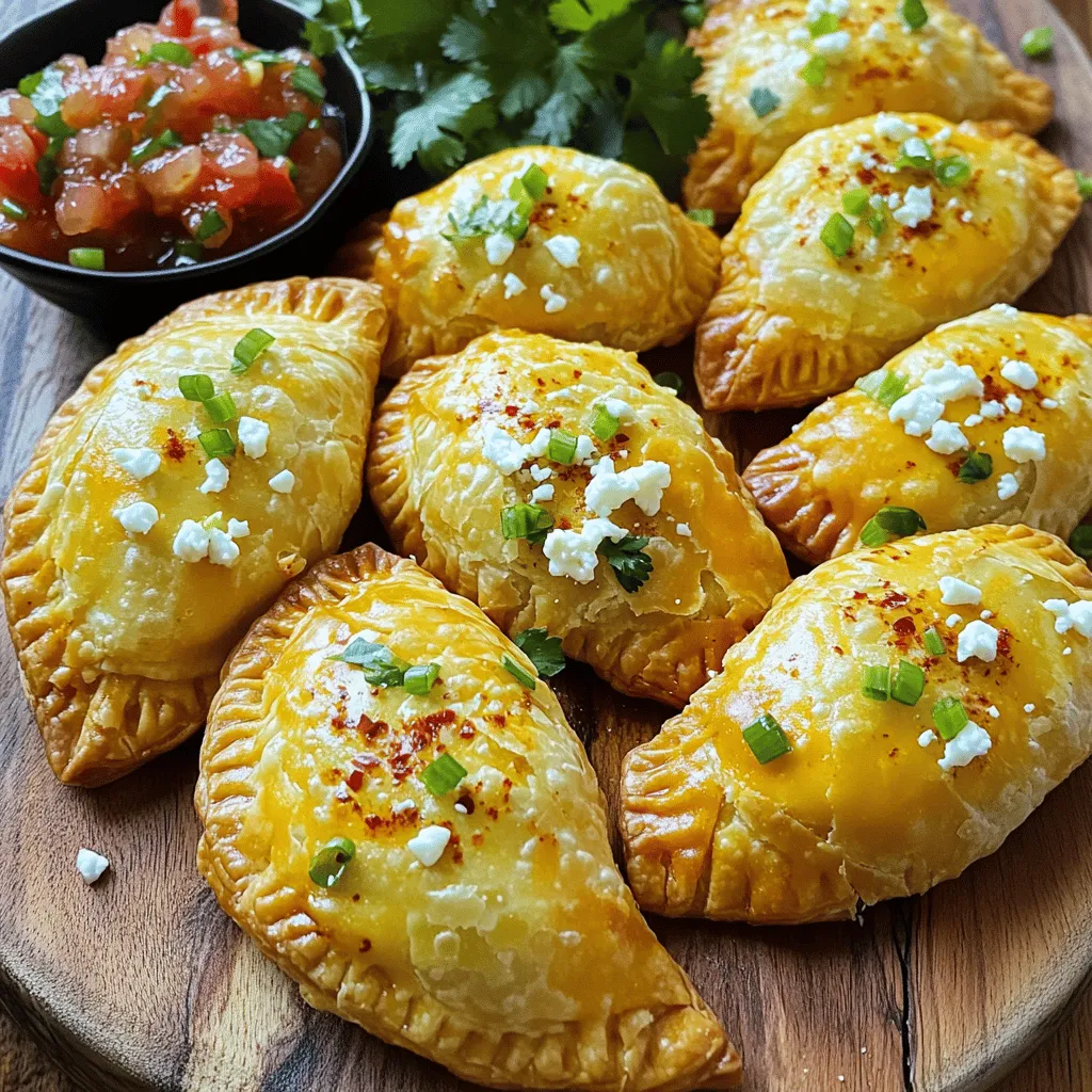 To make empanadas with cheese, you need some key ingredients. Here is what you will need: - 2 cups all-purpose flour - 1/2 teaspoon salt - 1/2 cup unsalted butter, cold and diced - 1/4 cup cold water - 1 cup shredded mozzarella cheese - 1/2 cup crumbled feta cheese - 1/4 cup finely chopped green onions - 1 egg, beaten (for egg wash) - Olive oil for brushing - Optional: 1/2 teaspoon chili flakes for spice These ingredients create a tasty crust and a delicious filling. The flour gives the dough structure. The butter adds richness, while the cheese brings the flavor. You can choose different types of cheese for your empanadas. Some popular options include: - Mozzarella: It melts well and has a mild flavor. - Feta: It adds tanginess and a crumbly texture. - Cheddar: It gives a sharp flavor. - Queso blanco: This cheese is creamy and great for melting. Mixing different cheeses can create a unique taste. Try different combos to find your favorite! You can enhance the flavor of your empanadas with optional ingredients. Here are a few ideas: - Green onions: They add freshness and a mild onion taste. - Chili flakes: For a spicy kick, add 1/2 teaspoon. - Herbs: Try fresh cilantro or parsley for added color and taste. - Spinach: Add some cooked spinach for a healthier twist. These extras make your empanadas even more delicious and fun. Don't be afraid to experiment! For the full recipe, check out the Cheesy Delight Empanadas. To make the dough, start with a large bowl. Mix 2 cups of all-purpose flour and 1/2 teaspoon of salt together. Then, add 1/2 cup of cold, diced butter. Use your fingers or a pastry cutter to mix until the mix looks like coarse crumbs. Next, slowly add 1/4 cup of cold water. Stir until a dough forms. Knead the dough gently on a floured surface. Wrap it in plastic wrap and chill it in the fridge for at least 30 minutes. This step helps the dough to be soft and easy to work with. For the cheese filling, grab a mixing bowl. Combine 1 cup of shredded mozzarella cheese and 1/2 cup of crumbled feta cheese. Add in 1/4 cup of finely chopped green onions. If you like some heat, you can add 1/2 teaspoon of chili flakes. Mix all the ingredients until well blended. This filling is creamy and has great flavor. Now it's time to assemble your empanadas. Roll out the chilled dough on a floured surface until it's about 1/8 inch thick. Use a round cutter or a small bowl to cut out circles that are about 4 inches wide. Place about 1 tablespoon of cheese filling in the center of each circle. Fold the dough over to create a half-moon shape. Press the edges together to seal them. You can use a fork to crimp the edges or pinch them for a nice look. Make sure they are sealed well to keep the filling inside during baking. To get the best dough for your empanadas, start with cold ingredients. Use cold butter and ice-cold water. This keeps the dough flaky. Mix the flour and salt well before adding butter. Use your fingers to blend until it looks like crumbs. Don’t overwork the dough; it should be smooth but not tough. After you make the dough, chill it for at least 30 minutes. This helps it relax and makes it easier to roll out. A golden brown finish makes empanadas look tasty. Brush the tops with a beaten egg before baking. The egg wash gives a nice shine and color. Bake at 375°F (190°C) for 20-25 minutes. Keep an eye on them as they bake. If they brown too fast, lower the oven temperature. This way, they cook evenly without burning. One common mistake is using warm ingredients. Warm butter or water can make the dough tough. Another mistake is overfilling the empanadas. Too much filling can cause them to burst while baking. Make sure to seal the edges well. Use a fork or your fingers to crimp them tightly. Lastly, don’t skip the chilling step. This is key for great dough texture. Follow these tips for perfect empanadas every time! {{image_2}} You can mix and match cheeses for unique tastes. Mozzarella brings a creamy texture, while feta adds a salty zing. For a twist, try cheddar for sharpness or gouda for smokiness. Each cheese gives the empanadas a different flavor. Experiment with your favorites to find the perfect blend. Empanadas are great for vegetarians too. Use a mix of cheeses with vegetables. Spinach, mushrooms, or roasted peppers work well. Add in some ricotta for creaminess. You can also use black beans for protein. These fillings are tasty and filling, making them ideal for everyone. Spices and herbs can elevate your empanadas. Add chili flakes for heat or cumin for warmth. Fresh herbs like parsley or cilantro brighten the flavor. Don’t be afraid to get creative! A hint of garlic powder can also boost the taste. These simple additions can make a big difference. To store leftover empanadas, let them cool completely. Place them in an airtight container. You can also wrap them in plastic wrap. This way, they stay fresh for up to three days in the fridge. If you want to save empanadas for later, freezing is a great option. Arrange the empanadas in a single layer on a baking sheet. Freeze them for an hour until firm. Then, transfer them to a freezer bag. They will last for up to three months in the freezer. To reheat frozen empanadas, preheat your oven to 375°F (190°C). Place them on a baking sheet and bake for 15-20 minutes. This will make them warm and crispy again. If you have refrigerated empanadas, just bake them for about 10-15 minutes. Enjoy them as if they were fresh from the oven! The best cheese for empanadas is a mix of mozzarella and feta. Mozzarella melts well, giving a gooey texture. Feta adds a nice tang that brightens the flavor. You can also try cheddar or a blend of your favorites. Combining different cheeses gives depth to the filling. Remember to shred or crumble the cheese to make mixing easier. Yes, you can make empanadas ahead of time. Prepare the dough and filling in advance. After assembling the empanadas, you have two options: refrigerate or freeze them. If you refrigerate, use them within a day or two. For freezing, place them on a baking sheet first. Once frozen, store them in a freezer bag. This way, they stay fresh for later use. To keep empanadas from getting soggy, avoid overfilling them. Use just enough filling so that it doesn’t spill out. Make sure the dough is sealed tightly. You can brush the dough with olive oil before baking. This adds a crispy layer. Also, bake them until golden brown to ensure they are cooked through. Following these steps helps keep your empanadas crispy and delicious. In this post, we explored empanadas with cheese, from ingredients to storage. I shared key tips for dough, filling, and troubleshooting common mistakes. You can try different cheeses and spices for unique flavors. Remember to store leftovers properly to keep them fresh. Making empanadas can be fun and rewarding. Enjoy crafting your own delicious versions at home!