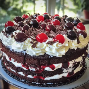 To make a perfect Black Forest Cake, gather these ingredients: - 2 cups all-purpose flour - 1 ¾ cups granulated sugar - ¾ cup unsweetened cocoa powder - 1 ½ teaspoons baking powder - 1 ½ teaspoons baking soda - 1 teaspoon salt - 2 large eggs - 1 cup whole milk - ½ cup vegetable oil - 2 teaspoons vanilla extract - 1 cup boiling water - 2 cups heavy cream - ¼ cup powdered sugar - 1 teaspoon vanilla extract (for cream) - 1 jar (12 oz) sour cherries, drained (reserve juice) - Dark chocolate shavings for garnish - Maraschino cherries for decoration For a special touch, consider these optional toppings: - Fresh berries like strawberries or raspberries - Chopped nuts, such as walnuts or almonds - A drizzle of chocolate sauce - Mint leaves for a pop of color Having the right tools makes baking easier. Here’s what you need: - Two 9-inch round cake pans - Mixing bowls - Electric mixer - Sifter - Wire rack for cooling - Spatula for spreading cream - Measuring cups and spoons This list will help you gather everything for your Decadent Black Forest Cake. Enjoy the baking process! To start, we need to make the cake batter. First, preheat your oven to 350°F (175°C). Grease and flour two 9-inch round cake pans. In a large bowl, sift together the flour, sugar, cocoa powder, baking powder, baking soda, and salt. This helps mix everything well. Next, add the eggs, milk, vegetable oil, and vanilla extract. Beat this mix with an electric mixer on medium speed for about 2 minutes. It should look smooth and creamy. Finally, carefully stir in the boiling water. The batter will be thin, but that’s okay! Once your batter is ready, pour it evenly into the prepared pans. Bake in your preheated oven for 30 to 35 minutes. To check if they’re done, insert a toothpick into the center. If it comes out clean, your cakes are ready! After baking, let the cakes cool in the pans for 10 minutes. Then, transfer them to a wire rack to cool completely. This cooling step is crucial for a great texture. Now comes the fun part: assembling your cake! Once the cakes are cool, slice each one in half horizontally. This will give you four layers. Place one layer on a serving plate. Soak it lightly with some reserved cherry juice. Next, spread a layer of whipped cream on top and sprinkle some drained cherries over it. Repeat this for the next two layers. Finally, for the top layer, spread whipped cream and decorate with chocolate shavings and maraschino cherries. Your Black Forest Cake is now ready to enjoy! For a detailed list of ingredients, check out the Full Recipe. To get a soft and moist cake, use room temperature ingredients. This helps the batter mix better. Always sift your flour and cocoa powder. This adds air and lightens the texture. When mixing, don’t overbeat. Just mix until combined. Overmixing can make the cake dense. Chill your mixing bowl and beaters before whipping cream. Cold tools help the cream whip up faster. Use heavy cream for the best results. Start at a low speed, then increase to medium. Watch for soft peaks. This means it is ready. If you beat too long, it can turn to butter. Soaking the cake layers keeps them moist. Use the reserved cherry juice from your sour cherries. Brush it lightly on each layer. Don’t soak too much, or the cake will be soggy. Aim for just enough juice to enhance flavor. This step adds a nice cherry taste to every bite. Explore the full recipe for more delicious details! {{image_2}} You can make a gluten-free version of Black Forest cake. Use almond flour or a gluten-free blend. This helps keep the cake moist and tasty. Make sure to check that all your ingredients, like cocoa powder, are gluten-free. Follow the same steps in the recipe. The taste will still be rich and delicious. To make a vegan Black Forest cake, swap eggs with flaxseed or applesauce. Use almond milk or any plant-based milk instead of whole milk. Replace vegetable oil with coconut oil or applesauce. For whipped cream, use coconut cream instead of heavy cream. This version is just as tasty and perfect for everyone. You can switch up the toppings on your Black Forest cake. Try using fresh raspberries or strawberries for a twist. Add a splash of almond extract to the whipped cream for a different flavor. You can also use white chocolate shavings instead of dark chocolate. These small changes can make a big difference and keep the cake exciting. For the full recipe, check out the detailed steps above. To keep your leftover Black Forest cake fresh, wrap it well. Use plastic wrap or aluminum foil. Store it in the fridge. It will stay tasty for up to four days. Make sure to cover the cake layers to keep them moist. You can freeze Black Forest cake if you have extra. First, let the cake cool completely. Slice it if you prefer single pieces. Wrap each slice in plastic wrap, then place them in a freezer-safe bag. You can freeze it for up to three months. When you're ready to eat, just thaw it in the fridge overnight. When reheating, take care to keep the cake moist. The best way is to use the microwave. Place a slice on a microwave-safe plate. Cover it with a damp paper towel. Heat for 10-15 seconds, checking often. You want it warm, not hot. Enjoy your cake with a touch of fresh whipped cream on top for a treat. You can store a Black Forest Cake for about 3 to 5 days in the fridge. Make sure to cover it well with plastic wrap or place it in an airtight container. The whipped cream may lose some fluffiness over time, but the flavor stays great. If you want to keep it longer, consider freezing it. Wrap individual slices tightly in plastic wrap and then in foil. This way, it can last up to 3 months. Yes, you can use other fruits! Raspberries or strawberries work well in this cake. They add a nice tartness that complements the rich chocolate. Make sure to adjust the sweetness of the whipped cream if needed. You can also blend the fruits into a puree for a different texture. Just keep in mind the fruit should not be too juicy, as it may make the cake soggy. Black Forest Cake comes from Germany. Its name is derived from the Black Forest region, known for its dense woods and cherry trees. The cake is traditionally made with layers of chocolate sponge, cherries, and whipped cream. It first appeared in the early 20th century. The drink Kirsch, a cherry brandy, is often used to soak the cake layers, adding a unique flavor. This cake has become a favorite worldwide for its rich taste and stunning look. You learned how to create a delicious Black Forest Cake. We covered ingredients, step-by-step baking, and helpful tips. You also saw fun variations and how to store your cake. Remember, baking is about experimenting and enjoying the process. Whether you follow my tips or try your twist, have fun making this tasty treat! Your cake can impress and delight anyone. Dive into the fun of baking, and enjoy each layer of flavor.