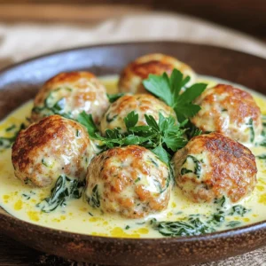 - 1 lb ground turkey - 1 cup fresh spinach, chopped - 1/2 cup breadcrumbs - 1/4 cup grated Parmesan cheese - 1/4 cup cream cheese, softened - 1 cup heavy cream - 1 egg - 3 cloves garlic, minced - 1/2 cup chicken broth - 2 tablespoons olive oil - Seasonings: - 1 teaspoon onion powder - 1 teaspoon Italian seasoning - Salt and pepper to taste When I create my creamy spinach turkey meatballs, I focus on fresh, simple ingredients. Ground turkey is lean and full of protein. The fresh spinach adds color and nutrients. Breadcrumbs give the meatballs a nice texture. For the creamy part, I use Parmesan and cream cheese. These add depth and flavor. Heavy cream makes the sauce rich and satisfying. You can really taste the creaminess! Next, I add an egg to bind everything together. Garlic gives a nice kick. Chicken broth adds moisture and flavor. Olive oil helps with cooking too. The seasonings are key. Onion powder and Italian seasoning give a lovely aroma. Salt and pepper enhance all the flavors. These ingredients combine to create a dish that is both tasty and easy to make. If you want the full recipe, just click here. - Preheat oven to 400°F (200°C). - Line a baking sheet with parchment paper. In a large mixing bowl, combine the ground turkey, chopped spinach, breadcrumbs, Parmesan cheese, cream cheese, egg, minced garlic, onion powder, Italian seasoning, salt, and pepper. I often use my hands to mix. This way, I ensure an even consistency. You want every bite to be flavorful and moist. Shape the mixture into meatballs, about 1-2 inches wide. Place them on the baking sheet, leaving space between each one. Bake the meatballs for 20 to 25 minutes. They should turn golden brown and be fully cooked. While the meatballs bake, heat olive oil in a large skillet over medium heat. Add the heavy cream and chicken broth. Stir continuously until it simmers. Let it bubble gently for about 5 minutes. This step makes the sauce rich and creamy. Once the meatballs are done, add them to the skillet with the cream sauce. Gently stir to ensure each meatball is coated well in the sauce. This makes every bite rich and tasty. Let the meatballs simmer in the sauce for about 5 minutes. This helps the flavors mix. Taste the sauce and adjust the seasoning with salt and pepper if needed. You can garnish the dish with fresh parsley for an extra touch. You can find the full recipe for Creamy Spinach Turkey Meatballs to guide you through these steps! To make moist meatballs, you must mix well. When you blend the ingredients, it helps them stick together. Use your hands to combine everything, but don’t overdo it. If you mix too much, your meatballs may become tough. Avoiding overcooking is key. Bake the meatballs at 400°F (200°C) for 20-25 minutes. Check for a golden brown color. If you cook them too long, they can dry out. Keep an eye on them as they bake. To boost flavor, try adding spices. Some great options are garlic powder and paprika. These spices add depth and warmth to your meatballs. You can also sprinkle in some red pepper flakes for a little heat. Using fresh herbs for garnish makes a big difference. Chopped parsley looks nice and adds a fresh taste. You can even mix in chopped basil or oregano into the meatball mixture for extra flavor. Plating your meatballs can be fun. Place them on a colorful plate and drizzle the cream sauce over the top. You can also add a sprinkle of fresh herbs to make it pop. For side dish pairings, consider serving with pasta or rice. A simple salad works well too. These sides balance the rich meatballs and make your meal complete. For the full recipe, check out the Creamy Spinach Turkey Meatballs 🥩 recipe above. {{image_2}} You can easily change the flavor of your meatballs. Adding different herbs can make a big difference. Try fresh basil, thyme, or parsley for a new taste. You can also mix in some dried herbs like oregano or rosemary. When it comes to cheese, feel free to experiment. Instead of Parmesan cheese, you can use feta or mozzarella. Each cheese adds its own unique flavor and texture to the dish. For a healthier twist, you can substitute ground turkey with ground chicken. This keeps the meatballs light and tasty. If you want a vegetarian option, use lentils or chickpeas instead of meat. Using whole grain breadcrumbs is another great swap. They add fiber and give the meatballs a nice crunch. You can switch up the sauce too. If you want a lighter option, swap heavy cream for coconut milk. This gives a creamy texture with a hint of sweetness. Another great idea is to add marinara sauce instead of creamy sauce. It adds a rich flavor and pairs well with meatballs. You can even mix both sauces for a unique taste. For the full recipe, check out the complete dish details to make your own creamy spinach turkey meatballs. To keep your creamy spinach turkey meatballs fresh, follow these steps: - Refrigeration: Place leftovers in an airtight container. Store in the fridge for up to three days. - Freezing: For longer storage, freeze the meatballs. Wrap each one in plastic wrap, then place in a freezer bag. They can last up to three months in the freezer. When you’re ready to enjoy leftovers, reheating is easy. Here’s how: - Microwave: Place meatballs on a microwave-safe plate. Cover with a damp paper towel. Heat for 1-2 minutes until warm. - Stovetop: In a skillet, add a splash of water. Heat meatballs over medium heat, stirring gently for about 5 minutes. This keeps them moist. Knowing how long leftovers last is important: - Refrigerated leftovers usually stay good for 3 days. - Frozen meatballs can last for up to 3 months. - Signs of spoilage include a sour smell or changes in color. If you notice these, it's best to throw them away. For the full recipe and more, check out the [Full Recipe]. Yes, you can make these meatballs ahead. First, prepare the meatball mixture as per the recipe. Form the meatballs and place them on a baking sheet. Cover and store them in the fridge for up to 24 hours. When ready to cook, follow the baking instructions. You can also freeze the raw meatballs. Just place them in a single layer on a baking sheet and freeze them. Once frozen, transfer them to a freezer bag. They will last for up to 3 months. To cook, bake them from frozen, adding a few extra minutes to the cooking time. Yes, but you need to make a small change. Use gluten-free breadcrumbs instead of regular ones. You can find these at most grocery stores. If you want to make your own, you can blend gluten-free bread into crumbs. This will keep your meatballs tasty and safe for those avoiding gluten. To make these meatballs dairy-free, swap out the cheese and cream. Use dairy-free cream cheese and a plant-based cream. Almond or coconut cream works well. Nutritional yeast can also add a cheesy flavor. This way, you keep the creamy taste without dairy. These meatballs pair well with many dishes. Serve them over pasta or rice for a filling meal. You can also try them with mashed potatoes or a fresh salad. Roasted vegetables also make a great side. The options are endless, so get creative! Yes, baking is a great option! Baking these meatballs is easy and healthier. It reduces the amount of oil needed. Baking also makes them golden brown and keeps them moist. Follow the baking instructions in the recipe for the best results. In this post, we covered how to make creamy spinach turkey meatballs, from ingredients to serving. You learned about key items like ground turkey, fresh spinach, and dairy ingredients. We provided step-by-step instructions that guide you through making the meatball mixture and the cream sauce. Remember to experiment with variations and keep your meatballs moist. Enjoy your meal with perfect pairings. These meatballs are not just tasty; they’re easy to prepare and a hit at any dinner table. Try making them soon!