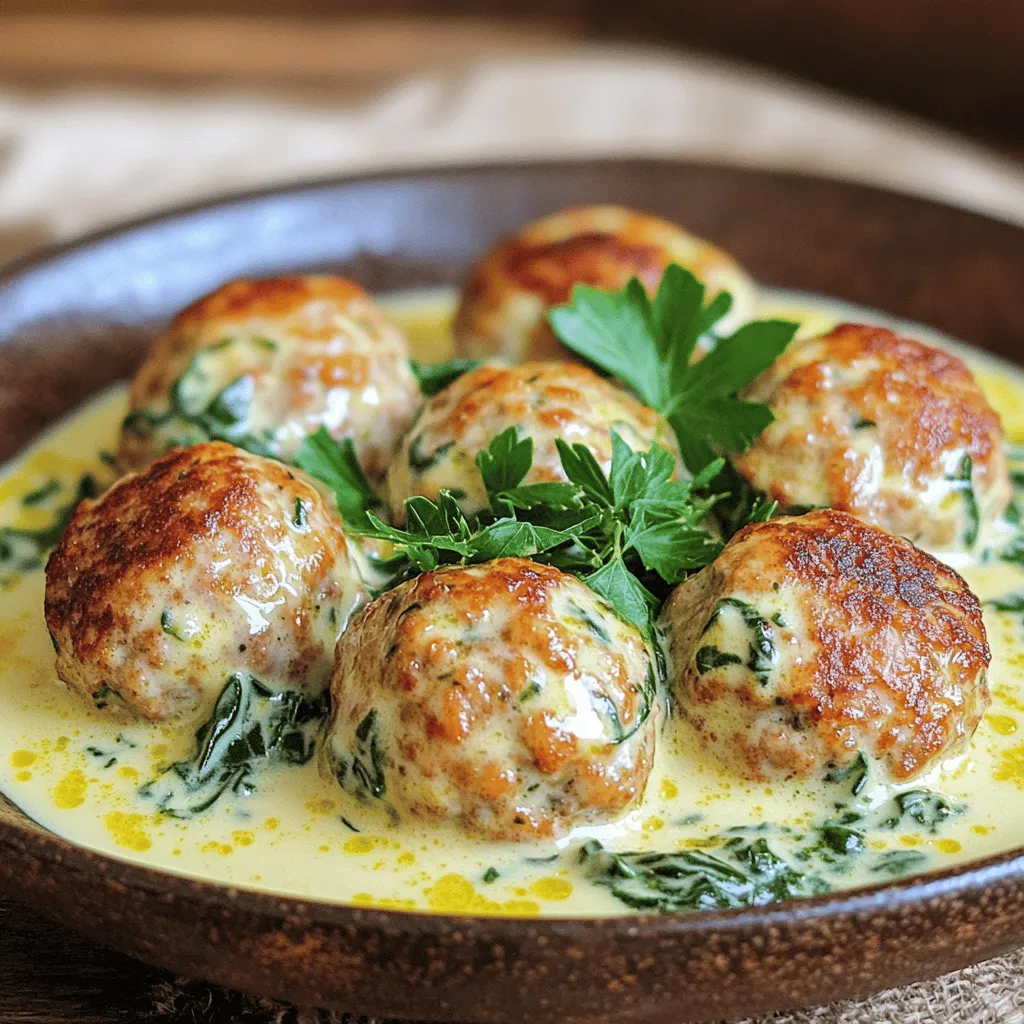 - 1 lb ground turkey - 1 cup fresh spinach, chopped - 1/2 cup breadcrumbs - 1/4 cup grated Parmesan cheese - 1/4 cup cream cheese, softened - 1 cup heavy cream - 1 egg - 3 cloves garlic, minced - 1/2 cup chicken broth - 2 tablespoons olive oil - Seasonings: - 1 teaspoon onion powder - 1 teaspoon Italian seasoning - Salt and pepper to taste When I create my creamy spinach turkey meatballs, I focus on fresh, simple ingredients. Ground turkey is lean and full of protein. The fresh spinach adds color and nutrients. Breadcrumbs give the meatballs a nice texture. For the creamy part, I use Parmesan and cream cheese. These add depth and flavor. Heavy cream makes the sauce rich and satisfying. You can really taste the creaminess! Next, I add an egg to bind everything together. Garlic gives a nice kick. Chicken broth adds moisture and flavor. Olive oil helps with cooking too. The seasonings are key. Onion powder and Italian seasoning give a lovely aroma. Salt and pepper enhance all the flavors. These ingredients combine to create a dish that is both tasty and easy to make. If you want the full recipe, just click here. - Preheat oven to 400°F (200°C). - Line a baking sheet with parchment paper. In a large mixing bowl, combine the ground turkey, chopped spinach, breadcrumbs, Parmesan cheese, cream cheese, egg, minced garlic, onion powder, Italian seasoning, salt, and pepper. I often use my hands to mix. This way, I ensure an even consistency. You want every bite to be flavorful and moist. Shape the mixture into meatballs, about 1-2 inches wide. Place them on the baking sheet, leaving space between each one. Bake the meatballs for 20 to 25 minutes. They should turn golden brown and be fully cooked. While the meatballs bake, heat olive oil in a large skillet over medium heat. Add the heavy cream and chicken broth. Stir continuously until it simmers. Let it bubble gently for about 5 minutes. This step makes the sauce rich and creamy. Once the meatballs are done, add them to the skillet with the cream sauce. Gently stir to ensure each meatball is coated well in the sauce. This makes every bite rich and tasty. Let the meatballs simmer in the sauce for about 5 minutes. This helps the flavors mix. Taste the sauce and adjust the seasoning with salt and pepper if needed. You can garnish the dish with fresh parsley for an extra touch. You can find the full recipe for Creamy Spinach Turkey Meatballs to guide you through these steps! To make moist meatballs, you must mix well. When you blend the ingredients, it helps them stick together. Use your hands to combine everything, but don’t overdo it. If you mix too much, your meatballs may become tough. Avoiding overcooking is key. Bake the meatballs at 400°F (200°C) for 20-25 minutes. Check for a golden brown color. If you cook them too long, they can dry out. Keep an eye on them as they bake. To boost flavor, try adding spices. Some great options are garlic powder and paprika. These spices add depth and warmth to your meatballs. You can also sprinkle in some red pepper flakes for a little heat. Using fresh herbs for garnish makes a big difference. Chopped parsley looks nice and adds a fresh taste. You can even mix in chopped basil or oregano into the meatball mixture for extra flavor. Plating your meatballs can be fun. Place them on a colorful plate and drizzle the cream sauce over the top. You can also add a sprinkle of fresh herbs to make it pop. For side dish pairings, consider serving with pasta or rice. A simple salad works well too. These sides balance the rich meatballs and make your meal complete. For the full recipe, check out the Creamy Spinach Turkey Meatballs 🥩 recipe above. {{image_2}} You can easily change the flavor of your meatballs. Adding different herbs can make a big difference. Try fresh basil, thyme, or parsley for a new taste. You can also mix in some dried herbs like oregano or rosemary. When it comes to cheese, feel free to experiment. Instead of Parmesan cheese, you can use feta or mozzarella. Each cheese adds its own unique flavor and texture to the dish. For a healthier twist, you can substitute ground turkey with ground chicken. This keeps the meatballs light and tasty. If you want a vegetarian option, use lentils or chickpeas instead of meat. Using whole grain breadcrumbs is another great swap. They add fiber and give the meatballs a nice crunch. You can switch up the sauce too. If you want a lighter option, swap heavy cream for coconut milk. This gives a creamy texture with a hint of sweetness. Another great idea is to add marinara sauce instead of creamy sauce. It adds a rich flavor and pairs well with meatballs. You can even mix both sauces for a unique taste. For the full recipe, check out the complete dish details to make your own creamy spinach turkey meatballs. To keep your creamy spinach turkey meatballs fresh, follow these steps: - Refrigeration: Place leftovers in an airtight container. Store in the fridge for up to three days. - Freezing: For longer storage, freeze the meatballs. Wrap each one in plastic wrap, then place in a freezer bag. They can last up to three months in the freezer. When you’re ready to enjoy leftovers, reheating is easy. Here’s how: - Microwave: Place meatballs on a microwave-safe plate. Cover with a damp paper towel. Heat for 1-2 minutes until warm. - Stovetop: In a skillet, add a splash of water. Heat meatballs over medium heat, stirring gently for about 5 minutes. This keeps them moist. Knowing how long leftovers last is important: - Refrigerated leftovers usually stay good for 3 days. - Frozen meatballs can last for up to 3 months. - Signs of spoilage include a sour smell or changes in color. If you notice these, it's best to throw them away. For the full recipe and more, check out the [Full Recipe]. Yes, you can make these meatballs ahead. First, prepare the meatball mixture as per the recipe. Form the meatballs and place them on a baking sheet. Cover and store them in the fridge for up to 24 hours. When ready to cook, follow the baking instructions. You can also freeze the raw meatballs. Just place them in a single layer on a baking sheet and freeze them. Once frozen, transfer them to a freezer bag. They will last for up to 3 months. To cook, bake them from frozen, adding a few extra minutes to the cooking time. Yes, but you need to make a small change. Use gluten-free breadcrumbs instead of regular ones. You can find these at most grocery stores. If you want to make your own, you can blend gluten-free bread into crumbs. This will keep your meatballs tasty and safe for those avoiding gluten. To make these meatballs dairy-free, swap out the cheese and cream. Use dairy-free cream cheese and a plant-based cream. Almond or coconut cream works well. Nutritional yeast can also add a cheesy flavor. This way, you keep the creamy taste without dairy. These meatballs pair well with many dishes. Serve them over pasta or rice for a filling meal. You can also try them with mashed potatoes or a fresh salad. Roasted vegetables also make a great side. The options are endless, so get creative! Yes, baking is a great option! Baking these meatballs is easy and healthier. It reduces the amount of oil needed. Baking also makes them golden brown and keeps them moist. Follow the baking instructions in the recipe for the best results. In this post, we covered how to make creamy spinach turkey meatballs, from ingredients to serving. You learned about key items like ground turkey, fresh spinach, and dairy ingredients. We provided step-by-step instructions that guide you through making the meatball mixture and the cream sauce. Remember to experiment with variations and keep your meatballs moist. Enjoy your meal with perfect pairings. These meatballs are not just tasty; they’re easy to prepare and a hit at any dinner table. Try making them soon!