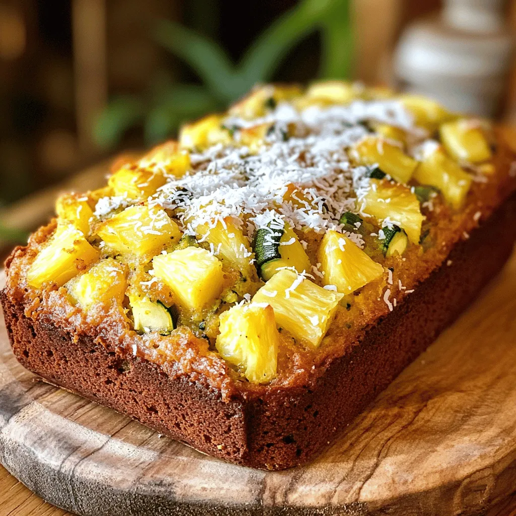 - 1 cup grated zucchini (about 1 medium zucchini) - 1 cup crushed pineapple, drained - 1/2 cup coconut oil, melted These main ingredients create a moist and flavorful loaf. Grated zucchini adds texture and keeps the loaf soft. Crushed pineapple brings sweetness and a tropical twist. Coconut oil adds richness and a hint of coconut flavor. - 1/2 cup brown sugar - 1/4 cup honey Brown sugar gives a deep, caramel-like taste. Honey adds natural sweetness and helps keep the loaf moist. Together, they balance the flavors while enhancing the loaf's overall texture. - 1 1/2 cups all-purpose flour - 1 teaspoon baking powder - 1/2 teaspoon baking soda - 1/2 teaspoon salt - 1 teaspoon ground cinnamon - 1/2 teaspoon nutmeg These dry ingredients form the base of the loaf. All-purpose flour provides structure. Baking powder and baking soda help it rise. Salt enhances flavor, while spices like cinnamon and nutmeg add warmth and depth. For the full recipe, check the instructions above. Enjoy making this delightful loaf! First, preheat your oven to 350°F (175°C). This temperature helps the loaf cook evenly. Next, grease a 9x5-inch loaf pan. You can also line it with parchment paper for easy removal. Now, let's combine the wet ingredients. In a large mixing bowl, add the grated zucchini, drained crushed pineapple, melted coconut oil, brown sugar, honey, and eggs. Also, include the vanilla extract. Mix these ingredients well until they blend smoothly. This base adds moisture and sweetness to the loaf. In a separate bowl, whisk together the dry ingredients. Combine 1 1/2 cups of all-purpose flour, 1 teaspoon of baking powder, 1/2 teaspoon of baking soda, and 1/2 teaspoon of salt. Add in 1 teaspoon of ground cinnamon and 1/2 teaspoon of nutmeg. Whisking these together helps to evenly distribute the leavening agents and spices. Next, it’s time to combine both mixtures. Gradually add the dry ingredients to the wet mixture. Stir gently until just combined. Be careful not to overmix, as this can make the loaf tough. If you want to add some crunch, now is the time to fold in the chopped nuts and shredded coconut. Once mixed, pour the batter into your prepared loaf pan. Smooth the top with a spatula to ensure even baking. Now, bake the loaf in your preheated oven for about 55-60 minutes. To check for doneness, insert a toothpick in the center. If it comes out clean, your loaf is ready. After baking, remove the loaf from the oven. Let it cool in the pan for about 10 minutes. Then, transfer it to a wire rack to cool completely before slicing. For the complete recipe, you can refer to the [Full Recipe]. To achieve the best texture in your Pineapple & Zucchini Loaf, avoid overmixing. Mixing too much can make the loaf dense. Stir gently until the wet and dry ingredients are just combined. Adding nuts and coconut can enhance the texture. You can fold in about 1/2 cup of chopped walnuts or pecans for a nice crunch. Unsweetened shredded coconut also adds a chewy element. Oven calibration is key for baking. Your oven may not heat evenly. Use an oven thermometer to check the actual temperature. This ensures your loaf bakes properly. To check for doneness, insert a toothpick into the center of the loaf. If it comes out clean, the loaf is ready. If wet batter sticks to the toothpick, bake for a few more minutes. For a lovely presentation, serve the loaf warm or at room temperature. Slice it and place it on a beautiful platter. You can garnish with a sprinkle of shredded coconut or fresh mint leaves. Pair your loaf with a nice cup of tea or coffee. The flavors of pineapple and zucchini work well with both. For a light dessert, consider serving it with a dollop of whipped cream. For the complete recipe, check out the [Full Recipe]. {{image_2}} You can add different fruits to your loaf for new tastes. Bananas and mangoes work well. They add sweetness and moisture. You might also try apples or berries for a fun twist. For sweeteners, consider maple syrup or agave. These options change the flavor and keep it interesting. If you need a gluten-free loaf, use gluten-free flour. This swap keeps the loaf light and tasty. You can also make a vegan version. Replace eggs with flaxseed meal mixed with water. This option keeps it moist and adds nutrition. For garnishing, consider coconut flakes or chopped nuts on top. These add texture and visual appeal. You can serve the loaf in slices or as mini loaves. Mini loaves are perfect for gifts or sharing. They look cute and are easy to handle. For the full recipe, check out the detailed instructions above. To keep the loaf fresh at room temperature, wrap it tightly in plastic wrap. You can also place it in an airtight container. This method keeps the loaf moist and tasty for up to three days. If your home is warm, keep it in a cool, dry spot. Avoid direct sunlight, as it can dry out the loaf. For long-term storage, freezing is best. First, slice the loaf into pieces. Wrap each slice in plastic wrap, then in foil. This helps prevent freezer burn. You can also place the wrapped slices in a freezer bag. The loaf can last up to three months in the freezer. When you're ready to enjoy it, just remove the desired slices. To enjoy leftover loaf, preheat your oven to 350°F (175°C). Place the slices on a baking sheet. Heat for about 10 minutes. This warms them up and brings back that fresh-baked taste. You can also use a toaster oven for smaller portions. Enjoy your slice with a pat of butter or a drizzle of honey for extra flavor. You can use other oils for baking. Some great options include: - Vegetable oil - Canola oil - Applesauce (for a lower fat option) Each of these will give a nice texture. If you want a flavor twist, try olive oil. Look for a few signs to tell if your loaf is perfect: - The top is golden brown. - A toothpick inserted in the center comes out clean. - The loaf springs back when lightly pressed. These signs show that your loaf has baked just right. Yes, you can prepare it in advance. Just follow these tips: - Bake the loaf and let it cool. - Wrap it tightly in plastic wrap. - Store it in the fridge for up to five days. You can also freeze it for up to three months. Just thaw it in the fridge before serving. Yes, draining the pineapple is key. If you leave excess moisture, your loaf may turn out soggy. The right amount of moisture helps keep the texture light and fluffy. Zucchini and pineapple bring great nutrition. Here are some benefits: - Zucchini is low in calories and high in fiber. It helps with digestion. - Pineapple is rich in vitamin C and manganese. It supports your immune system. Together, they make this loaf tasty and healthy! For the complete Pineapple & Zucchini Loaf recipe, check the Full Recipe section. This blog post covered key ingredients like zucchini, pineapple, and coconut oil. We shared step-by-step instructions for mixing and baking. You learned tips for texture and serving. We explored variations like gluten-free options and fun presentations. Finally, I gave storage tips for fresh or frozen loaves. Baking can be fun and rewarding. Enjoy experimenting with flavors and share your creations!