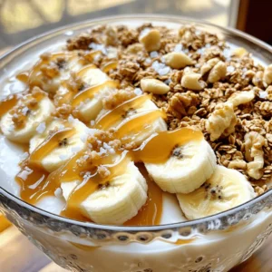 - 2 ripe bananas, sliced - 1 cup Greek yogurt (plain or vanilla) - 1/4 cup salted caramel sauce (store-bought or homemade) - 1 tablespoon honey (optional) - 1/4 cup granola - 2 tablespoons chopped nuts (walnuts or pecans) - A pinch of sea salt for garnish Each ingredient plays a key role in making this bowl special. The ripe bananas add natural sweetness and creaminess. I love using Greek yogurt because it’s thick and packed with protein. You can choose plain yogurt or vanilla, depending on how sweet you want it. The salted caramel sauce is the star. It brings that rich, sweet, and salty flavor. You can use store-bought sauce for convenience, but homemade gives it a personal touch. If you want to add more sweetness, honey is a great choice, but it’s not necessary. Granola adds a nice crunch. I prefer using a granola with nuts and seeds for extra texture. Don't forget the chopped nuts; they add a lovely crunch and healthy fats. Finally, a pinch of sea salt on top enhances all the flavors and makes it even more delicious. You can find the full recipe at the end of this section. It’s simple, quick, and perfect for breakfast or a snack! First, gather all the ingredients and tools you need. For this bowl, you will want: - 2 ripe bananas, sliced - 1 cup Greek yogurt (plain or vanilla) - 1/4 cup salted caramel sauce (store-bought or homemade) - 1 tablespoon honey (optional) - 1/4 cup granola - 2 tablespoons chopped nuts (walnuts or pecans) - A pinch of sea salt for garnish Next, prepare your serving bowls. A medium bowl works best, but any bowl will do. Start by adding Greek yogurt as the base. Spoon it into the bottom of your bowl. If you like sweeter yogurt, drizzle honey and stir it in. This makes the yogurt creamy and sweet. Next, arrange the sliced bananas evenly over the yogurt. This adds a nice texture and flavor. Now, drizzle the salted caramel sauce generously over the bananas. Let some of it seep into the yogurt for extra flavor. Sprinkle the granola on top of the yogurt and bananas. This gives a nice crunch to every bite. Finally, add the chopped nuts for extra flavor and healthy fats. To finish, add a pinch of sea salt over the top. This enhances the sweet and salty flavor of the bowl. For presentation tips, consider using clear bowls to show off the layers. You can also add a few banana slices on top for a pretty look. Enjoy your Salted Caramel Banana Yogurt Bowl right away! For the full recipe, check out the earlier section. You can adjust the sweetness of your yogurt bowl easily. If you like it sweet, use honey. Honey adds a nice touch without being too strong. If you prefer, you can use sweetened yogurt instead. Sweetened yogurt gives a creamy base with extra flavor. Just remember, if you use sweetened yogurt, you might not need honey. Choosing the right yogurt is key. Greek yogurt is thick and creamy. It adds protein and gives a satisfying texture. Traditional yogurt is lighter and tangier. Both are great, but they change the flavor and feel of your bowl. Consider your mood and what you enjoy more when picking. The quality of your caramel can change the whole dish. Store-bought salted caramel is quick and easy. It saves time if you’re busy. Homemade salted caramel, however, can be richer and more flavorful. If you have the time, try making it yourself. It can be a fun project that pays off with a deep, rich taste. For the best results, pick a caramel you really love, whether it’s store-bought or made at home. Check out the Full Recipe for all the details! {{image_2}} You can mix in other fruits that pair well with bananas. Berries are a great choice. Strawberries, blueberries, and raspberries add color and flavor. Apples or pears add a crunchy bite. Try mango for a tropical twist. Each fruit brings a fresh taste to your bowl. You can even use dried fruits like raisins or cranberries for extra sweetness. Granola adds texture and crunch to your yogurt bowl. You can use classic oat granola for a simple touch. Try nut-based granola for more protein and flavor. Look for granola with added spices, like cinnamon or vanilla, to enhance taste. You can also opt for gluten-free granola if needed. Remember, the right granola can elevate your bowl. You can substitute nuts and garnishes based on your needs. If you have nut allergies, use seeds like pumpkin or sunflower seeds. Coconut flakes add a nice crunch and flavor. You can also use chocolate chips or yogurt-covered raisins for a sweet treat. Fresh herbs, like mint, can brighten the bowl. Each topping adds its own fun twist. To keep your yogurt bowl fresh, cover it tightly. Use plastic wrap or a lid. Store it in the fridge. This helps keep the yogurt creamy and the bananas from browning. If you have extra caramel, store it in a separate container. This way, it stays nice and thick. You can store prepared yogurt bowls in the fridge for up to two days. After that, the bananas may get mushy. The yogurt may also lose some of its creamy texture. For the best taste, eat it within the first day. You can freeze some ingredients, but not all. Greek yogurt does not freeze well. It changes texture when thawed. However, you can freeze sliced bananas. Just place them in a single layer on a baking sheet. Once frozen, transfer them to a bag. Use them in smoothies later. If you freeze caramel, it can last for months. Just remember to thaw it before use. Check out the Full Recipe for more delicious details! You can swap Greek yogurt for plant-based yogurt. Look for options like almond, coconut, or soy yogurt. For caramel, use a vegan version made with coconut sugar or maple syrup. This keeps the sweet, salty taste without dairy. Yes, you can prep this yogurt bowl ahead of time. Just store each layer separately. Keep the yogurt and bananas in one container, and the caramel, granola, and nuts in another. This way, you keep everything fresh until you’re ready to eat. You can make this bowl your own! Try adding berries, chia seeds, or even a sprinkle of cinnamon. You can also change the yogurt flavor or use different types of fruit. Make it fun and mix up the toppings each time! This bowl has around 300-400 calories per serving. It provides protein from the yogurt, healthy fats from nuts, and carbs from bananas and granola. The exact numbers may change based on your choices and portion sizes. If you need a nut-free option, try seeds like pumpkin or sunflower seeds. You can also use coconut flakes or crispy rice for crunch. These alternatives add texture without the nut allergy risk. This article covered how to make a delicious Salted Caramel Banana Yogurt Bowl. We looked at the ingredients, detailed steps, tips for customization, and how to store your bowl. You can mix it up with different fruits and toppings to match your taste. Remember, this tasty bowl is quick to make and fun to share. Enjoy your creation and feel free to experiment! Your kitchen can be a place of flavor and joy.
