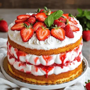 To make the best Strawberry Whipped Cream Cake, start with fresh strawberries. Look for bright red berries that are firm and fragrant. Avoid any that are dull or mushy. Fresh strawberries add the best flavor and sweetness. If you need gluten-free options, use a gluten-free flour blend. For those who need dairy-free options, substitute buttermilk with almond milk and the butter with coconut oil. Using heavy cream is key for making the whipped cream. It whips up nice and thick, creating a rich texture. Avoid light cream, as it won’t hold its shape well. Here’s what you need for the cake: - 1 ½ cups all-purpose flour - 1 cup granulated sugar - 1 ½ teaspoons baking powder - ½ teaspoon baking soda - ¼ teaspoon salt - ½ cup unsalted butter, softened - 2 large eggs - 1 teaspoon vanilla extract - ½ cup buttermilk - 1 cup fresh strawberries, diced - 1 ½ cups heavy cream - 2 tablespoons powdered sugar - 1 teaspoon vanilla extract (for whipped cream) - Additional strawberries for garnish For the full recipe, check out the complete guide to create this tasty dessert! First, preheat your oven to 350°F (175°C). Greasing your cake pan is key. Use butter or non-stick spray to coat the bottom and sides of a 9-inch round cake pan. This keeps the cake from sticking. In a large bowl, mix the dry ingredients. Combine 1 ½ cups of all-purpose flour, 1 cup of granulated sugar, 1 ½ teaspoons of baking powder, ½ teaspoon of baking soda, and ¼ teaspoon of salt. Whisk them together well. Now, it's time to add the wet ingredients. Add ½ cup of softened butter, 2 large eggs, 1 teaspoon of vanilla extract, and ½ cup of buttermilk to the dry mix. Use an electric mixer on medium speed. Mix until the batter is smooth. Next, gently fold in 1 cup of diced fresh strawberries. This adds flavor and makes the cake fruity. Pour the cake batter into your prepared pan. Spread it out evenly. Bake for 25-30 minutes. Check if it's done by inserting a toothpick into the center. If it comes out clean, the cake is ready. Once baked, let the cake cool in the pan for about 10 minutes. This step is important. It allows the cake to set and makes it easier to remove from the pan. After that, transfer it to a wire rack to cool completely. While the cake cools, prepare the whipped cream. In a large bowl, add 1 ½ cups of heavy cream, 2 tablespoons of powdered sugar, and 1 teaspoon of vanilla extract for flavor. Whip the cream using a hand mixer. Start on medium-high speed until you see stiff peaks form. This means the cream holds its shape well. Be careful not to over-mix; it can turn into butter if you whip too long. Once the cake is cool, slice it into two equal layers. Place one layer on a serving plate. Spread a generous amount of whipped cream on top and layer with fresh strawberries. Place the second layer on top and repeat the process. Finish by covering the cake with whipped cream and adding more strawberries for decoration. For the complete instructions, check out the Full Recipe. To ensure your cake is moist, use room temperature ingredients. Cold butter or eggs can lead to a dry cake. Mix the batter gently, and don’t over-mix it. This keeps air in, making the cake light and fluffy. When layering whipped cream and strawberries, start with a smooth layer of cream on the first cake layer. Place diced strawberries evenly on top. Repeat this with the second layer, adding more cream and strawberries. This creates a lovely contrast and bursts of flavor in each slice. For decorating, spread whipped cream smoothly on the top and sides. Add fresh strawberries on top for a pop of color. You can also drizzle strawberry sauce around the plate for extra flair. Mint leaves add a fresh touch. If your cake turns out dense, check your measurements. Too much flour can weigh it down. Make sure to sift your flour and measure it accurately. Also, avoid over-mixing the batter; this can create a heavy texture. If your whipped cream won't whip, check the cream's temperature. It needs to be very cold. Use a clean bowl and beaters to avoid any residue. Start whipping slowly, then increase the speed. This will help create the stiff peaks you want. For the full recipe, see the [Full Recipe]. {{image_2}} You can change up the flavor of your cake with a few simple tweaks. Adding lemon zest gives a bright taste. Just a teaspoon can make a big difference. You can also use a vanilla bean. It adds a rich and warm flavor that pairs well with strawberries. If you love chocolate, try adding cocoa powder. Just mix in 1/4 cup into the dry ingredients. You can also top the cake with chocolate shavings. This will give your cake a fun twist and a rich taste. Don't be afraid to get creative with fruits! Blueberries and raspberries can be great additions. Just fold in one cup of your chosen fruit with the strawberries. This adds more color and flavor to your cake. For extra texture, consider nuts. Chopped almonds or walnuts can add a nice crunch. Coconut flakes can also work well, giving a tropical vibe. Mix in 1/2 cup of either into your batter. These variations can elevate your Strawberry Dream Whipped Cream Cake. Check out the Full Recipe for more tips! To keep your Strawberry Whipped Cream Cake fresh, store it in the fridge. Place the cake in an airtight container. If you do not have one, cover it tightly with plastic wrap. This keeps moisture in and prevents it from drying out. The cake stays fresh for about 3 to 4 days in the fridge. The whipped cream may start to lose its texture after this time. For longer storage, freeze individual pieces. Wrap each piece in plastic wrap, then place them in a freezer bag. If you have leftover cake, you can refresh it. Take the cake out of the fridge and let it sit for about 15 minutes. This brings back some of its original flavor and texture. You can also add a new layer of whipped cream or fresh strawberries on top for a bright look. For frozen pieces, thaw them in the fridge overnight. This keeps the cake moist. You can warm them slightly in the microwave before serving. This way, the flavors of the strawberries shine through. If you want, add a dollop of fresh whipped cream to each slice. For the full recipe, check out the details above. Can I use frozen strawberries instead of fresh? Yes, you can use frozen strawberries. Just thaw them first. Drain any excess juice to keep the cake from getting soggy. Fresh strawberries bring a bright taste, but frozen works well too. How can I make this cake ahead of time? You can bake the cake a day in advance. Cool it completely, then wrap it well in plastic wrap. Store it in the fridge. You can also whip the cream ahead of time. Just keep it in the fridge until you're ready to layer. What’s the best way to serve the cake? Slice the cake into wedges and serve it chilled. Garnish each slice with extra strawberries. For a fun twist, drizzle some strawberry sauce on the plate before placing the cake slice. This adds a nice touch and makes it look fancy! - Calories and serving size breakdown: Each slice has about 250 calories. This is based on a serving size of 1/10 of the cake. - Any dietary concerns (sugar content, allergens): The cake contains sugar and gluten. If you have allergies, consider using gluten-free flour and a sugar substitute. Always check labels for allergens. For the full recipe, refer to the section above. In this article, we explored how to make a delicious strawberry whipped cream cake. We discussed choosing fresh ingredients, like strawberries and heavy cream, and shared simple steps for baking and decorating. You learned tips to keep your cake moist and how to troubleshoot issues, like a dense cake or whipped cream that won’t whip. Finally, we looked at storage and serving tips to keep your cake fresh. With these ideas, creating your perfect cake is easy and fun. A yummy strawberry whipped cream cake awaits you!