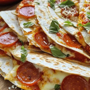 To make Pepperoni Pizza Quesadillas, you need a few key items: - 4 large flour tortillas - 1 cup shredded mozzarella cheese - 1 cup sliced pepperoni - 1/2 cup marinara sauce (plus more for dipping) - 1/2 teaspoon dried oregano - 1/2 teaspoon garlic powder - 1 tablespoon olive oil These ingredients are not just tasty; they also have some nutritional benefits. Mozzarella cheese gives you calcium and protein. Pepperoni adds flavor but also some fat. Tortillas are a good source of carbs, giving you energy. Marinara sauce has tomatoes, which are rich in vitamins. You can make your quesadillas even better with some extras: - Sliced black olives - Bell peppers These toppings add color and crunch. If you want cheese variety, try cheddar or pepper jack. For proteins, consider cooked chicken or sausage. You can mix and match these options to fit your taste. To make the cheese and pepperoni mixture, grab a small bowl. Add 1 cup of shredded mozzarella cheese. Next, toss in 1 cup of sliced pepperoni. Then, sprinkle in 1/2 teaspoon of dried oregano and 1/2 teaspoon of garlic powder. Mix it all well and set it aside. Now, let’s set up your workspace. Clear off a space on your counter. Gather all your ingredients, tools, and the skillet. This way, you can cook quickly and smoothly. First, heat a large skillet over medium heat. Add 1 tablespoon of olive oil. Make sure the oil gets hot. Once the oil is ready, place one tortilla in the skillet. Spread a thin layer of marinara sauce on top of it. Next, sprinkle half of the cheese and pepperoni mixture over the sauce. You can add optional sliced black olives or bell peppers if you want. Now, take another tortilla and place it on top of the filling. Gently press down. Cook the quesadilla for about 3-4 minutes. Look for a golden brown color on the bottom. Carefully flip it using a large spatula and cook the other side for another 3-4 minutes. The cheese should melt and the quesadilla should get golden. Remove the cooked quesadilla from the skillet and repeat with the rest of the tortillas and filling. Slice each quesadilla into wedges. Serve them warm on a plate. Pair them with more marinara sauce for dipping. For a nice touch, drizzle some marinara on top. You can also garnish with fresh basil or a sprinkle of parmesan cheese. This makes the meal look even better. For a complete meal, consider serving them with a fresh salad or some crunchy veggies. Enjoy your tasty pepperoni pizza quesadillas! To get crispy quesadillas, use a hot pan. Heat your skillet to medium. Add just enough oil to coat the bottom. This helps the tortillas get golden and crunchy. Flip them carefully with a spatula. If they feel soft, they need more time. To melt the cheese evenly, cover the skillet for a minute. This traps heat and helps the cheese melt faster. Keep an eye on the quesadilla so it doesn't burn. You can boost the flavor of your quesadillas easily. Try adding fresh basil or a pinch of red pepper flakes. Both add a nice kick. You can also sprinkle some Italian seasoning on top for a tasty twist. Adding a bit of parmesan cheese can also enhance the flavor. It gives a rich, savory taste. Don't forget to taste as you go to find your perfect mix! For cooking quesadillas, a non-stick skillet works best. It allows for easy flipping and clean-up. A cast-iron skillet also gives a nice sear. You can use a large spatula to turn your quesadillas. A pizza cutter makes slicing them quick and easy. These tools help keep the cooking process smooth and fun. For the full recipe, check the earlier section. {{image_2}} You can change the cheese in your quesadillas for fun flavors. Try using cheddar for a sharp taste. Pepper jack adds spice, while gouda gives a rich, smoky flavor. If you want a vegan or dairy-free option, use cashew cheese or a store-bought vegan cheese. These options melt nicely and taste great! Switch up the meat in your quesadillas to mix things up. You can use chicken, turkey, or even spicy sausage. For a vegetarian twist, try black beans or lentils. Adding veggies like spinach, mushrooms, or bell peppers can boost nutrition and flavor. They bring color and crunch, making your meal even better! You can cook your quesadillas in several ways. Baking them at 400°F for 10-15 minutes can make them crispy without oil. An air fryer works well too; cook them at 350°F for about 8 minutes. Whichever method you choose, make sure to check for that golden brown color! To keep your leftover quesadillas fresh, store them in an airtight container. This will help maintain their flavor and texture. Place a piece of parchment paper between quesadillas if stacking them. They last about 3 to 4 days in the fridge. Make sure to check for any signs of spoilage before eating. If you want to save quesadillas for later, freezing is a great option. First, let them cool completely. Then, wrap each quesadilla in plastic wrap. Place them in a freezer-safe bag or container. They can be frozen for up to 2 months. To reheat frozen quesadillas, take them out and let them thaw in the fridge overnight. You can heat them in a skillet over medium heat for a few minutes on each side. This keeps them nice and crispy. Alternatively, you can microwave them for a quicker option, but they might not be as crispy. Enjoy your Pepperoni Pizza Quesadillas anytime! How to make Pepperoni Pizza Quesadillas in advance? You can make these quesadillas ahead of time. Just prepare and cook them, then let them cool. Wrap each quesadilla in plastic wrap and store them in the fridge. When you are ready to eat, just reheat them in a skillet or microwave. This way, you can enjoy a quick meal without cooking again. Can I use corn tortillas instead of flour tortillas? Yes, you can use corn tortillas. They will give the quesadillas a different flavor and texture. Just make sure to adjust the cooking time since corn tortillas can cook faster. Enjoy your tasty twist! What to do if my quesadillas are soggy? If your quesadillas are soggy, it means they have too much moisture. Use less marinara sauce or let it drain before adding it. You can also cook them longer to help crisp them up. Make sure to use a hot skillet for better results. Tips for ensuring the quesadillas don’t burn while cooking To avoid burning your quesadillas, keep the heat on medium. Check them often and flip them carefully. If they start to brown too fast, lower the heat. Cooking slowly helps the cheese melt without burning the tortillas. Can I add different vegetables to the quesadilla? Absolutely! You can add any vegetables you like. Try bell peppers, onions, or mushrooms for added flavor. Just sauté them first to soften them up. This will enhance the taste and make your quesadilla even better. How to adjust the recipe for gluten-free diets? To make this recipe gluten-free, use gluten-free tortillas. Many stores sell them now. Also, check the labels on your cheese and marinara sauce to ensure they are gluten-free. Enjoy your delicious meal without worry! You’ve learned how to make Pepperoni Pizza Quesadillas from start to finish. We covered the key ingredients, tips for cooking, and variations to try. Remember, these quesadillas can be customized with different toppings and proteins. Keep experimenting with flavors and techniques to find your perfect dish. Enjoy your cooking adventure!