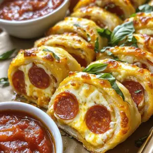 For Cheesy Pepperoni Roll-Ups, gather these simple ingredients: - 1 package refrigerated pizza dough - 1 cup shredded mozzarella cheese - 1/2 cup sliced pepperoni - 1/4 cup softened cream cheese - 1 teaspoon Italian seasoning - 1 tablespoon olive oil - 1/2 teaspoon garlic powder - Marinara sauce for dipping (optional) These ingredients create a tasty and fun snack. The dough forms the base, while cheese and pepperoni add flavor. Cream cheese makes it creamy, and the spices bring it all together. You can easily find these items at your local grocery store. When you prepare this dish, feel free to adjust the amounts. Want more cheese? Go for it! Prefer fewer pepperoni? That works too! The key is to have fun and make it your own. For the full recipe, check the details in the next section. Enjoy your cooking! - Preheat your oven to 400°F (200°C). Line a baking sheet with parchment paper. - Roll out the pizza dough on a floured surface. Aim for a rectangle shape, about 1/4 inch thick. - Spread the softened cream cheese evenly over the dough. Leave a small border around the edges. - Layer the shredded mozzarella cheese on top of the cream cheese. Add the sliced pepperoni next. - Starting from one long side, roll the dough into a tight log. Pinch the seams to seal it well. - Use a sharp knife to slice the roll-up into 1-inch thick pieces. Place them cut-side up on the baking sheet. - Brush the tops of the roll-ups with olive oil for a nice golden finish. - Bake in the preheated oven for 15-20 minutes. They are ready when golden brown and the cheese bubbles. - Remove from the oven and let them cool for a few minutes. Serve warm with marinara sauce for dipping. Check out the Full Recipe for more details! To make your Cheesy Pepperoni Roll-Ups truly delicious, focus on even layers. Spread the cream cheese smoothly. This helps the flavors mix well. Layer the mozzarella cheese and pepperoni evenly on top. You want each bite to taste great. Sealing the dough is key. After rolling, pinch the seams tightly. This keeps the filling inside while baking. If you notice any gaps, use a little water to help seal them. A good seal keeps all that cheesy goodness in! Dipping sauce enhances the roll-ups. I recommend marinara sauce. It adds a nice touch and pairs perfectly with the cheese. You can also try ranch or garlic sauce for variety. For presentation, place the roll-ups on a colorful plate. Sprinkle fresh herbs, like basil or parsley, on top. This adds color and freshness. You can even serve them with a side salad for a complete meal. If you have leftovers, store them properly. Place the roll-ups in an airtight container. They stay fresh for up to three days in the fridge. To reheat, preheat your oven to 350°F (175°C). Place the roll-ups on a baking sheet. Bake for about 10 minutes. This keeps them crispy and warm. Enjoy your tasty snack anytime! {{image_2}} You can make Cheesy Pepperoni Roll-Ups even better by adding different cheeses. Try cheddar, gouda, or provolone for a unique taste. Mixing cheeses adds depth and richness. You can also add vegetables. Spinach or bell peppers brighten the flavor and add nutrition. For meat lovers, swap in salami or cooked sausage for a fun twist. Using homemade pizza dough gives you control over the flavor and texture. It's fun to make, but store-bought dough saves time. If you're watching carbs, try gluten-free dough. Low-carb options help those on special diets enjoy these tasty snacks too. Want some heat? Add sliced jalapeños to your roll-ups. They bring a nice kick that pairs well with the cheese. If you prefer a sweet twist, think about making a dessert version. Use Nutella and banana slices for a fun treat. You can create savory or sweet snacks with just a few changes! Bake Cheesy Pepperoni Roll-Ups for about 15 to 20 minutes at 400°F (200°C). You want them golden brown and bubbly. Check them around the 15-minute mark. If they look done, take them out. If not, give them a few more minutes. Yes, you can freeze Cheesy Pepperoni Roll-Ups. After baking, let them cool completely. Place them in a single layer on a tray and freeze for a few hours. Once frozen, transfer them to a freezer bag. Remove as much air as you can. They can last up to three months in the freezer. When ready to eat, thaw in the fridge and reheat in the oven. If you need a substitute for cream cheese, try ricotta or sour cream. Both work well and add a nice creaminess. You can also use Greek yogurt for a healthier option. Each will change the flavor slightly, but they will still taste great. Cheesy Pepperoni Roll-Ups are quick and fun to make. You need just 15 minutes to prep and 20 minutes to bake. This recipe serves 12 roll-ups, perfect for sharing! Key notes on ingredients and preparation process: - Refrigerated pizza dough serves as the base. It’s easy to work with and saves time. - Cream cheese adds richness and helps hold the filling together. - Mozzarella cheese provides that gooey, melty texture we love. - Sliced pepperoni gives a spicy and savory kick. - Italian seasoning and garlic powder enhance the overall flavor. - Don’t forget to brush the tops with olive oil for a golden finish. When rolling the dough, make sure to keep it tight. This helps the roll-ups hold their shape. After baking, let them cool briefly. Serve them warm with marinara sauce for dipping. You can find the Full Recipe in the previous section. In this post, I shared a simple recipe for Cheesy Pepperoni Roll-Ups. You learned the essential ingredients, step-by-step instructions, and valuable tips for making them perfect. Don’t forget you can customize flavors and even try different doughs. Storage and reheating tips will help you enjoy these tasty bites later. As you make these roll-ups, remember: practice makes them even better. Enjoy the process, and happy cooking!