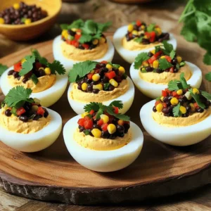 - 6 large eggs - 1/4 cup mayonnaise - 1 tablespoon Dijon mustard - 1 teaspoon apple cider vinegar - Salt and pepper to taste - 1 can black beans, rinsed and drained - 1 can corn, drained - 1 red bell pepper, diced - 1 jalapeño, seeded and minced - 1/2 red onion, finely chopped - 1/4 cup fresh cilantro, chopped - 2 tablespoons olive oil - 2 tablespoons lime juice - Salt and pepper to taste Each serving contains about 100 calories. The deviled eggs provide a good mix of protein and healthy fats. Each serving has around 6 grams of protein and 8 grams of fat. This dish is gluten-free and vegetarian. You can feel good about serving this tasty appetizer at your next event. For the full recipe, check out the detailed instructions provided earlier. The combination of creamy deviled eggs with fresh cowboy caviar makes for a delicious and colorful party treat. Boil the Eggs First, place the eggs in a pot and cover them with water. Make sure there is about an inch of water above the eggs. Bring the water to a boil over medium heat. Once it boils, cover the pot, remove it from heat, and let the eggs sit for 10 to 12 minutes. This method helps cook the eggs evenly. Cool and Peel Eggs After the eggs are done cooking, transfer them to an ice bath. Let them sit for about 5 minutes. This cooling step helps stop the cooking process and makes peeling easier. When you peel the eggs, do it under running water. This trick helps remove the shell without damaging the egg. Combine the Ingredients In a mixing bowl, combine the black beans, corn, diced red bell pepper, minced jalapeño, finely chopped red onion, and fresh cilantro. Toss everything together gently to mix the flavors. Prepare the Dressing In a smaller bowl, whisk together the olive oil, lime juice, salt, and pepper. This dressing adds a zesty kick to the cowboy caviar. Once mixed, pour it over the bean mixture. Toss again to coat all the ingredients evenly. Set this aside while you prepare the eggs. Make the Filling Slice the cooled eggs in half lengthwise. Carefully scoop out the yolks and place them in a mixing bowl. Add the mayonnaise, Dijon mustard, apple cider vinegar, salt, and pepper to the yolks. Mix well until you have a smooth and creamy filling. Combine and Fill Gently fold in half a cup of the prepared cowboy caviar into the yolk mixture. This creates a delicious blend of flavors. Spoon or pipe the yolk-cowboy caviar mixture back into the egg whites. Stuff the Eggs Once filled, you can top each deviled egg with a small dollop of the remaining cowboy caviar. This adds a nice visual touch and extra flavor. Arrange the deviled eggs on a platter and sprinkle with a bit of fresh cilantro for color. Serve with extra cowboy caviar on the side for dipping. Enjoy your tasty party appetizer! For the full recipe, check out the Cowboy Caviar Deviled Eggs section above. To make the best deviled eggs, start with great boiling. Place the eggs in a pot and cover them with water. Bring the water to a boil over medium heat. Once boiling, cover the pot and remove it from heat. Let the eggs sit for 10 to 12 minutes. This method cooks the eggs evenly. After boiling, cooling is key. Move the eggs to an ice bath for about five minutes. This stops the cooking and makes them easier to peel. Peeling under running water helps too. This technique reduces the chances of overcooking. To take your cowboy caviar to the next level, consider adding diced avocado or chopped tomatoes. These ingredients boost freshness and flavor. You can also sprinkle in some cumin or chili powder for an extra kick. For serving, keep it simple. Place the cowboy caviar in a bowl next to the deviled eggs. This way, guests can add more as they like. Freshness is key, so serve it right after you mix it. Make your deviled eggs stand out with fun serving ideas. Arrange them on a colorful platter for a festive look. A sprinkle of fresh cilantro adds a pop of color. For garnishing, don’t hold back. Use a small dollop of cowboy caviar on top of each egg. You can also add slices of jalapeño or a dash of paprika for flair. These touches create a feast for the eyes and taste buds! For the complete recipe, check the Full Recipe section. {{image_2}} You can swap out mayo for Greek yogurt. This makes the filling lighter and creamier. Greek yogurt adds a nice tang too. If you want more flavor, try adding spices. A dash of paprika or cayenne gives your eggs a nice kick. For a fun twist, make a Southwest-style version. Add ripe avocado to the filling for a creamy texture. You can also make a Mediterranean version. Mixing in feta cheese adds a salty taste and pairs well with the cowboy caviar. Both options will impress your guests. You can easily scale this recipe for larger gatherings. Just double or triple the ingredients as needed. For meal prep or lunch, make a smaller batch. These deviled eggs store well and taste great the next day. Just keep them in the fridge for best results. To keep your deviled eggs and cowboy caviar fresh, store them in the fridge. Use an airtight container to prevent them from drying out. Place a paper towel inside to absorb extra moisture. This helps maintain their creamy texture. For deviled eggs, cover them with plastic wrap if you don’t have a container. This avoids any odors from other foods in the fridge. I do not recommend freezing deviled eggs. The texture can change, and they might get watery. However, you can freeze cowboy caviar. To do this, place it in a freezer-safe container. Leave some space at the top since it will expand when frozen. When you're ready to use it, thaw the cowboy caviar in the fridge overnight. Stir it well before serving to mix the flavors back together. Deviled eggs last about 3 to 4 days in the fridge. Keep an eye on them. If they smell off or look slimy, it’s time to toss them. Cowboy caviar, on the other hand, can last about 5 days. Always check for signs of spoilage, like unusual colors or bad smells. If you notice any, it’s best to throw them out for safety. What is the best way to hard boil eggs? To hard boil eggs, place them in a pot. Cover them with water and bring it to a boil. Once boiling, cover the pot and turn off the heat. Let the eggs sit for 10-12 minutes. Then, cool them in an ice bath for a few minutes. This method helps keep the eggs tender. How can I prevent the yolks from turning green? Yolks can turn green due to overcooking. To avoid this, follow the boiling method I just mentioned. Also, cool the eggs quickly in ice water. This helps stop the cooking process and keeps yolks bright yellow. What can I serve with cowboy caviar? Cowboy caviar pairs well with tortilla chips, veggies, or as a topping on grilled meats. You can also use it as a spread on sandwiches. It adds a fresh, zesty flavor to any dish. How do you adjust the heat level in cowboy caviar? To adjust the heat, add more or fewer jalapeños. You can also include hot sauce or chili powder for extra spice. For a milder flavor, leave out the jalapeños completely. Can I make this recipe ahead of time? Yes, you can make both the deviled eggs and cowboy caviar ahead of time. Just store them in the fridge until you are ready to serve. This makes it easier to prepare for parties or gatherings. What are some popular variations of deviled eggs? Popular variations include adding avocado, bacon, or spicy sriracha. You can also try using different herbs or spices. Each twist adds its unique flavor to the classic deviled egg. Deviled eggs and cowboy caviar are fun, tasty dishes that anyone can make. We covered the simple ingredients, easy steps, and helpful tips for both recipes. You can wow your family or friends with these snacks. Remember to try different flavors and storing methods to keep them fresh. Experiment with variations to fit your taste. Enjoy making these delightful dishes and impressing everyone with your skills!