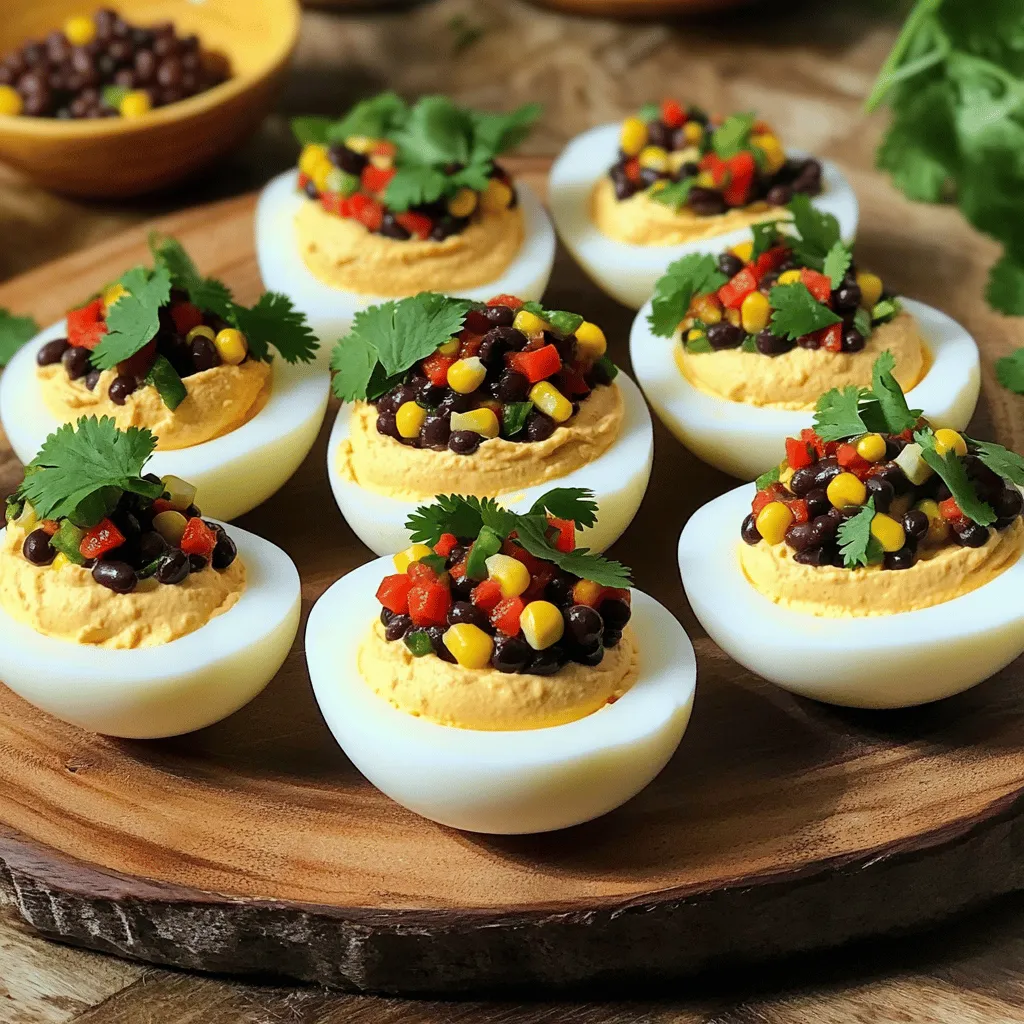 - 6 large eggs - 1/4 cup mayonnaise - 1 tablespoon Dijon mustard - 1 teaspoon apple cider vinegar - Salt and pepper to taste - 1 can black beans, rinsed and drained - 1 can corn, drained - 1 red bell pepper, diced - 1 jalapeño, seeded and minced - 1/2 red onion, finely chopped - 1/4 cup fresh cilantro, chopped - 2 tablespoons olive oil - 2 tablespoons lime juice - Salt and pepper to taste Each serving contains about 100 calories. The deviled eggs provide a good mix of protein and healthy fats. Each serving has around 6 grams of protein and 8 grams of fat. This dish is gluten-free and vegetarian. You can feel good about serving this tasty appetizer at your next event. For the full recipe, check out the detailed instructions provided earlier. The combination of creamy deviled eggs with fresh cowboy caviar makes for a delicious and colorful party treat. Boil the Eggs First, place the eggs in a pot and cover them with water. Make sure there is about an inch of water above the eggs. Bring the water to a boil over medium heat. Once it boils, cover the pot, remove it from heat, and let the eggs sit for 10 to 12 minutes. This method helps cook the eggs evenly. Cool and Peel Eggs After the eggs are done cooking, transfer them to an ice bath. Let them sit for about 5 minutes. This cooling step helps stop the cooking process and makes peeling easier. When you peel the eggs, do it under running water. This trick helps remove the shell without damaging the egg. Combine the Ingredients In a mixing bowl, combine the black beans, corn, diced red bell pepper, minced jalapeño, finely chopped red onion, and fresh cilantro. Toss everything together gently to mix the flavors. Prepare the Dressing In a smaller bowl, whisk together the olive oil, lime juice, salt, and pepper. This dressing adds a zesty kick to the cowboy caviar. Once mixed, pour it over the bean mixture. Toss again to coat all the ingredients evenly. Set this aside while you prepare the eggs. Make the Filling Slice the cooled eggs in half lengthwise. Carefully scoop out the yolks and place them in a mixing bowl. Add the mayonnaise, Dijon mustard, apple cider vinegar, salt, and pepper to the yolks. Mix well until you have a smooth and creamy filling. Combine and Fill Gently fold in half a cup of the prepared cowboy caviar into the yolk mixture. This creates a delicious blend of flavors. Spoon or pipe the yolk-cowboy caviar mixture back into the egg whites. Stuff the Eggs Once filled, you can top each deviled egg with a small dollop of the remaining cowboy caviar. This adds a nice visual touch and extra flavor. Arrange the deviled eggs on a platter and sprinkle with a bit of fresh cilantro for color. Serve with extra cowboy caviar on the side for dipping. Enjoy your tasty party appetizer! For the full recipe, check out the Cowboy Caviar Deviled Eggs section above. To make the best deviled eggs, start with great boiling. Place the eggs in a pot and cover them with water. Bring the water to a boil over medium heat. Once boiling, cover the pot and remove it from heat. Let the eggs sit for 10 to 12 minutes. This method cooks the eggs evenly. After boiling, cooling is key. Move the eggs to an ice bath for about five minutes. This stops the cooking and makes them easier to peel. Peeling under running water helps too. This technique reduces the chances of overcooking. To take your cowboy caviar to the next level, consider adding diced avocado or chopped tomatoes. These ingredients boost freshness and flavor. You can also sprinkle in some cumin or chili powder for an extra kick. For serving, keep it simple. Place the cowboy caviar in a bowl next to the deviled eggs. This way, guests can add more as they like. Freshness is key, so serve it right after you mix it. Make your deviled eggs stand out with fun serving ideas. Arrange them on a colorful platter for a festive look. A sprinkle of fresh cilantro adds a pop of color. For garnishing, don’t hold back. Use a small dollop of cowboy caviar on top of each egg. You can also add slices of jalapeño or a dash of paprika for flair. These touches create a feast for the eyes and taste buds! For the complete recipe, check the Full Recipe section. {{image_2}} You can swap out mayo for Greek yogurt. This makes the filling lighter and creamier. Greek yogurt adds a nice tang too. If you want more flavor, try adding spices. A dash of paprika or cayenne gives your eggs a nice kick. For a fun twist, make a Southwest-style version. Add ripe avocado to the filling for a creamy texture. You can also make a Mediterranean version. Mixing in feta cheese adds a salty taste and pairs well with the cowboy caviar. Both options will impress your guests. You can easily scale this recipe for larger gatherings. Just double or triple the ingredients as needed. For meal prep or lunch, make a smaller batch. These deviled eggs store well and taste great the next day. Just keep them in the fridge for best results. To keep your deviled eggs and cowboy caviar fresh, store them in the fridge. Use an airtight container to prevent them from drying out. Place a paper towel inside to absorb extra moisture. This helps maintain their creamy texture. For deviled eggs, cover them with plastic wrap if you don’t have a container. This avoids any odors from other foods in the fridge. I do not recommend freezing deviled eggs. The texture can change, and they might get watery. However, you can freeze cowboy caviar. To do this, place it in a freezer-safe container. Leave some space at the top since it will expand when frozen. When you're ready to use it, thaw the cowboy caviar in the fridge overnight. Stir it well before serving to mix the flavors back together. Deviled eggs last about 3 to 4 days in the fridge. Keep an eye on them. If they smell off or look slimy, it’s time to toss them. Cowboy caviar, on the other hand, can last about 5 days. Always check for signs of spoilage, like unusual colors or bad smells. If you notice any, it’s best to throw them out for safety. What is the best way to hard boil eggs? To hard boil eggs, place them in a pot. Cover them with water and bring it to a boil. Once boiling, cover the pot and turn off the heat. Let the eggs sit for 10-12 minutes. Then, cool them in an ice bath for a few minutes. This method helps keep the eggs tender. How can I prevent the yolks from turning green? Yolks can turn green due to overcooking. To avoid this, follow the boiling method I just mentioned. Also, cool the eggs quickly in ice water. This helps stop the cooking process and keeps yolks bright yellow. What can I serve with cowboy caviar? Cowboy caviar pairs well with tortilla chips, veggies, or as a topping on grilled meats. You can also use it as a spread on sandwiches. It adds a fresh, zesty flavor to any dish. How do you adjust the heat level in cowboy caviar? To adjust the heat, add more or fewer jalapeños. You can also include hot sauce or chili powder for extra spice. For a milder flavor, leave out the jalapeños completely. Can I make this recipe ahead of time? Yes, you can make both the deviled eggs and cowboy caviar ahead of time. Just store them in the fridge until you are ready to serve. This makes it easier to prepare for parties or gatherings. What are some popular variations of deviled eggs? Popular variations include adding avocado, bacon, or spicy sriracha. You can also try using different herbs or spices. Each twist adds its unique flavor to the classic deviled egg. Deviled eggs and cowboy caviar are fun, tasty dishes that anyone can make. We covered the simple ingredients, easy steps, and helpful tips for both recipes. You can wow your family or friends with these snacks. Remember to try different flavors and storing methods to keep them fresh. Experiment with variations to fit your taste. Enjoy making these delightful dishes and impressing everyone with your skills!