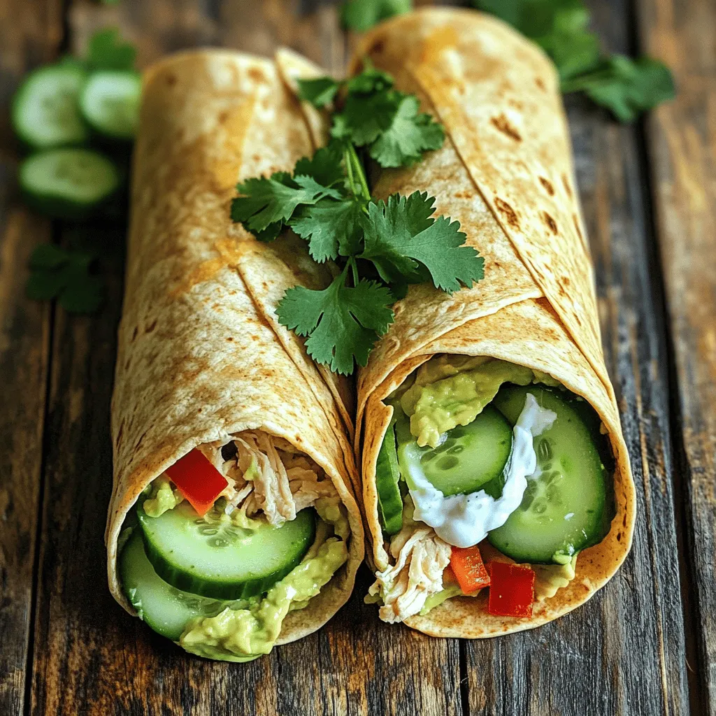 To make healthy chicken wraps, you need these key ingredients: - 2 large whole wheat tortillas - 1 cup cooked chicken breast, shredded - 1 ripe avocado, mashed - 1 small cucumber, thinly sliced - 1/2 red bell pepper, julienned - 1/4 cup Greek yogurt These ingredients create a tasty base. The tortillas are soft and hold everything together. Chicken adds protein, while avocado gives healthy fats. Cucumber and red bell pepper add crunch and color. To elevate your chicken wraps, don’t forget these seasonings: - 1 tablespoon lime juice - 1 teaspoon garlic powder - 1 teaspoon paprika - Salt and pepper to taste These flavors bring life to your wraps. The lime juice adds zest. Garlic powder gives depth, and paprika adds a subtle warmth. Salt and pepper enhance everything, making your wrap delicious. Want to jazz up your wraps? Consider these add-ins: - Fresh cilantro leaves for garnish - Spinach or kale for extra greens - Diced tomatoes for added juiciness These options make your wraps unique. Fresh cilantro gives a burst of flavor. Greens add nutrition, while tomatoes bring freshness. You can mix and match these add-ins based on your taste and mood. For the complete recipe, check out the Full Recipe section. First, grab a medium bowl. Add the shredded chicken, Greek yogurt, lime juice, garlic powder, paprika, salt, and pepper. Mix it all together until the chicken is well-coated. This step is key to adding flavor to your wraps. You want the chicken to taste zesty and fresh. Now, lay one whole wheat tortilla flat on your counter. Spread half of the mashed avocado on it. This adds a creamy texture. On one side, place half of the chicken mixture. Next, add the sliced cucumber, julienned red bell pepper, and a few cilantro leaves for that fresh kick. To roll, start from the side with the filling. Tuck in the sides as you roll away from you. This keeps everything inside. Once rolled, slice the wrap in half diagonally. It looks great and is easy to eat. Serve these wraps right away or wrap them in parchment for lunch later. For the full recipe, check out the details above! Pick a tortilla that fits your taste and needs. Whole wheat tortillas add fiber. You can also try corn or spinach tortillas for a twist. Make sure they are soft and fresh. This helps them roll better and taste great. If you have leftover wraps, store them in the fridge. Wrap them in plastic wrap or foil to keep them fresh. They can stay good for up to three days. To reheat, use a skillet on low heat. This keeps the tortilla soft. You can also enjoy them cold for a quick snack. Make these wraps your own! If you're vegan, swap chicken for chickpeas or tofu. Use dairy-free yogurt instead of Greek yogurt. For low-carb options, try lettuce wraps instead of tortillas. This way, you can enjoy a meal that fits your diet. Feel free to add your favorite veggies or sauces to mix things up. {{image_2}} You can enjoy healthy chicken wraps even if you're gluten-free. Use gluten-free tortillas made from rice or corn. They taste great and hold the filling well. You can also use lettuce leaves as a wrap. This cuts carbs and adds a fresh crunch. If you want to cut carbs, try using low-carb tortillas. Many brands now make wraps with fewer carbs. You can also use cauliflower wraps. They add flavor and keep things light. These options make your wraps tasty and healthy. You can change the flavors in your wraps to keep them fun. For a spicy kick, add jalapeños or hot sauce. For a Mediterranean twist, use feta cheese, olives, and hummus. These flavors make your wraps exciting and unique. Try mixing and matching ingredients for endless options. For more ideas, check out the Full Recipe for Zesty Avocado Chicken Wraps. To keep your chicken wraps fresh, store them in the fridge. Wrap each one in plastic wrap or foil. This keeps moisture in and air out. They taste best when eaten within two days. If you have leftovers, be sure to check them for any signs of spoilage. If they smell off, it’s best to toss them. You can freeze chicken wraps, but it’s best to do it before adding fresh veggies. Wrap each one tightly in plastic wrap, then place them in a freezer bag. This helps prevent freezer burn. They can stay good for up to three months. When you are ready to eat, thaw them in the fridge overnight. Reheat your wraps in the microwave for about 30 seconds. This warms them up without making them soggy. You can also use a skillet. Heat it over medium heat and cook the wrap for about 2-3 minutes on each side. This gives it a nice crispness. Enjoy your tasty Zesty Avocado Chicken Wraps from the Full Recipe! To make chicken wraps healthier, start with whole wheat tortillas. They add fiber and nutrients. Use lean chicken breast and reduce sauces. Fresh veggies like spinach and tomatoes boost vitamins. You can also swap out cheese for avocado for healthy fats. Yes, you can make chicken wraps ahead of time. Prepare the filling and store it in the fridge. Assemble the wraps just before eating. This keeps the tortillas fresh and prevents them from getting soggy. If you don’t have Greek yogurt, try cottage cheese or sour cream. You can also use mashed avocado for a creamy texture. These options keep the wraps tasty while adding health benefits. Yes, these wraps are great for meal prep. You can make several wraps and store them in the fridge. Just wrap them in parchment paper to keep them fresh. They last up to three days, making them perfect for busy weeks. To keep wraps from getting soggy, add moisture last. Spread creamy ingredients like avocado or yogurt close to the center. Layer dry ingredients, like veggies, first. Wrap tightly to reduce air exposure, and store in a cool place. For the full recipe, check out the Zesty Avocado Chicken Wraps. In this post, I covered how to make healthy chicken wraps. We discussed the key ingredients and flavors that make wraps yummy. You learned easy steps to prepare, assemble, and serve your wraps. I shared tips for choosing tortillas and storing leftovers. We explored variations for gluten-free and low-carb options. Finally, I answered common questions about making wraps healthier and meal prepping. With these insights, you can enjoy delicious, healthy wraps any time. Get creative and have fun with your wraps!