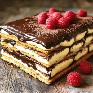 To create the No Bake Chocolate Eclair Icebox Cake, you will need the following ingredients: - 2 cups heavy whipping cream - 1 cup powdered sugar - 1 teaspoon vanilla extract - 1 box (14 oz) graham crackers - 1 package (3.4 oz) instant vanilla pudding mix - 2 ½ cups milk - 1 container (8 oz) whipped topping (thawed) - 1 cup semi-sweet chocolate chips - 2 tablespoons unsweetened cocoa powder - 1 tablespoon butter These ingredients come together to form a delicious dessert. The heavy whipping cream gives it a rich texture. The powdered sugar adds sweetness. Vanilla extract brings in a lovely flavor. The graham crackers provide a nice crunch. Instant vanilla pudding mix makes it easy to achieve a creamy layer. Milk helps the pudding set just right. Whipped topping adds lightness. The chocolate chips and cocoa powder create a rich ganache. Finally, butter helps in melting the chocolate smoothly. You can find the Full Recipe in the next section to guide you step-by-step. Enjoy making this delightful cake! To start, grab a large bowl. Pour in 2 cups of heavy whipping cream. Whip it until it thickens. Next, add 1 cup of powdered sugar and 1 teaspoon of vanilla extract. Keep whipping until you see stiff peaks form. This means your cream is ready. Set it aside for now. In another bowl, combine 1 package of instant vanilla pudding mix with 2 ½ cups of milk. Whisk this mixture until it is smooth. Let it sit for about 5 minutes to thicken. This will help create a creamy texture that blends well with the whipped cream. Now, it’s time to layer your cake. Start with a 9x13 inch dish. Place a layer of graham crackers at the bottom. Spread half of the pudding mixture over the crackers. Smooth it out evenly. Add another layer of graham crackers on top of the pudding. Then, spread the remaining pudding mixture over this layer. Finish with one last layer of graham crackers. Cover the dish with plastic wrap. Refrigerate for at least 4 hours, or even overnight if you can wait. This helps the layers set up nicely. While your cake chills, prepare the chocolate ganache. Melt 1 tablespoon of butter in a small saucepan over medium heat. Add 1 cup of semi-sweet chocolate chips. Stir until it becomes smooth. Remove from heat and whisk in 2 tablespoons of unsweetened cocoa powder. Let it cool slightly. After the icebox cake is set, pour the chocolate ganache over the top. Spread it evenly to cover the surface. Return it to the fridge for another 30 minutes. This will let the ganache firm up before you slice and serve. Enjoy your No Bake Chocolate Éclair Icebox Cake! For the full recipe, check the section above. To achieve perfect stiff peaks, start with cold cream. Cold cream whips better and faster. Use a large bowl to give the cream space to expand. Whip the cream on medium speed until it thickens. When it starts to hold shape, slowly add powdered sugar. This helps stabilize the cream. Be careful not to over-whip it. Over-whipping makes the cream grainy and difficult to spread. Even distribution is key to a great icebox cake. Use a spatula to smooth the pudding mixture over the graham crackers. Make sure you cover every corner. This ensures each bite has the same flavor and texture. To prevent soggy layers, let the pudding sit for a moment. This lets it thicken before you spread it on the crackers. The longer the layers sit, the better they hold together. For presentation, serve slices on dessert plates. A sprinkle of cocoa powder adds visual appeal. You can also add a fresh berry, like raspberries, for a pop of color. If you want a creamier look, garnish with a dollop of whipped cream. Pair this cake with coffee or milk. Both drinks complement the chocolate flavor well. For a fun twist, try serving it with a scoop of vanilla ice cream. Enjoy your delicious creation! {{image_2}} You can change up the flavors in your No Bake Chocolate Eclair Icebox Cake. One easy way is to swap the chocolate pudding for a different flavor. Try using butterscotch or strawberry pudding. Each choice brings a new twist to the classic taste. You can also add fruit layers. Fresh strawberries, bananas, or raspberries work great. Just slice the fruit and layer it between the graham crackers and pudding. This adds freshness and color to your cake. If you need dairy-free options, you can use coconut cream instead of heavy whipping cream. It gives a nice flavor and texture. Use almond milk or oat milk in place of regular milk. For the pudding mix, choose a dairy-free brand. For gluten-free options, make sure to pick gluten-free graham crackers. Many brands offer these, so you won’t miss out on the crunch. You can also check the pudding mix for gluten-free labels. Want to serve fewer people? You can scale the recipe down easily. Just use smaller amounts of each ingredient. A 9x9 inch dish works well for a smaller cake. You can also make mini dessert variations. Use small cups or jars to create individual servings. Layer the ingredients just like the full-size cake. This makes it fun and easy to share. Remember, these variations help you make the cake your own. Check the Full Recipe for all the details! You can store No Bake Chocolate Eclair Icebox Cake in the fridge for up to 4 days. Make sure to cover it tightly with plastic wrap. This helps keep it fresh and moist. Check for any signs of spoilage before serving, like off smells or a change in texture. If you want to keep it longer, consider freezing it. Yes, you can freeze No Bake Chocolate Eclair Icebox Cake! To freeze it, wrap the cake tightly in plastic wrap, then foil. This prevents freezer burn. It can stay frozen for about 2 months. When you're ready to enjoy it, move it to the fridge to thaw overnight. Serve it chilled for the best taste. A No Bake Chocolate Eclair Icebox Cake is a layered dessert. It uses graham crackers, pudding, and whipped cream. The layers create a creamy and rich treat that is easy to make. You don’t need an oven, making it simple for anyone. The chocolate ganache on top adds a sweet finish. This cake needs time to set in the fridge. It should chill for at least 4 hours. For the best results, let it sit overnight. This helps the layers blend well and firm up. Yes, you can use different chocolates for the ganache. Dark chocolate can give a richer taste. Milk chocolate will make it sweeter. You can also try white chocolate if you want a lighter flavor. Each type will change the cake's taste slightly. You will know the cake is ready when it is firm. The layers should hold together when sliced. The ganache should also be set on top. If it feels soft or wobbly, let it chill longer. If you need a substitute for heavy whipping cream, use coconut cream. Almond milk can also work, but it won’t whip. Another option is to use a store-bought whipped topping. Just make sure it is thawed before using. The No Bake Chocolate Eclair Icebox Cake brings simple ingredients and steps together. We looked at whipping cream, pudding, and chocolate ganache. Plus, I shared tips for perfect layers and presentation. You can also explore fun flavor changes and ways to adapt for diets. In the end, this dessert is easy and versatile. Whether you’re a pro or a beginner, you can create something delicious. Enjoy making this cake for friends and family. They will love it!