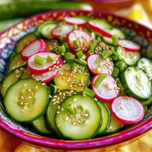 - 2 medium cucumbers, thinly sliced - 1 cup radishes, thinly sliced - 1 tablespoon sesame oil - 2 tablespoons rice vinegar - 1 tablespoon soy sauce - 1 teaspoon honey or maple syrup - 1 tablespoon fresh ginger, grated - 1 tablespoon sesame seeds, toasted - 1 green onion, chopped - Salt to taste Creating a vibrant Asian cucumber radish salad is easy and fun. The fresh produce forms the base of this dish. Start with two medium cucumbers. Slice them thinly for great crunch. Next, grab a cup of radishes. Their peppery flavor adds a nice kick. Now, let’s make the dressing. Combine one tablespoon of sesame oil with two tablespoons of rice vinegar. Add one tablespoon of soy sauce for depth. For a hint of sweetness, mix in one teaspoon of honey or maple syrup. Finally, add a tablespoon of fresh ginger. Grating it brings out the flavor better. To finish, we need some garnishes. Toast one tablespoon of sesame seeds for a nutty touch. Chop one green onion to add color. Don’t forget to add salt to taste. This salad not only looks good but tastes amazing too. You can find the full recipe [here](#). - Rinse and slice cucumbers and radishes - Using a mandoline or knife for thin slicing Start by rinsing your cucumbers and radishes under cold water. This helps remove any dirt. Next, use a mandoline or a sharp knife to slice the cucumbers and radishes thinly. Thin slices make the salad crunchy and refreshing. Aim for even slices to ensure a great texture. - Combine sliced vegetables in a large bowl - Toss gently to mix In a large bowl, add the sliced cucumbers and radishes. Make sure to combine them well. Toss them together gently until they mix evenly. This step is simple but essential for flavor. - Whisk together dressing components in a separate bowl - Ensure a well-combined mixture In a separate bowl, whisk together sesame oil, rice vinegar, soy sauce, honey (or maple syrup), and grated ginger. Mix well until all the ingredients blend smoothly. A good dressing makes the salad shine. - Pour dressing over vegetables and coat well - Add seasoning and garnishes Now, pour the dressing over the vegetables. Coat them well to ensure every bite is tasty. Add salt to taste, along with toasted sesame seeds and chopped green onion. Toss everything lightly to incorporate these extras. - Let the salad rest for 10-15 minutes - Serve chilled or at room temperature Allow the salad to rest for about 10-15 minutes. This lets the flavors meld together. Serve it chilled or at room temperature for a delightful side dish. You can find the Full Recipe for more details. Thin slices make a big difference in this salad. They create a crunchy texture and help flavors blend. Using a mandoline makes this easy and effective. A sharp knife works too, but you must be careful. Always cut away from your fingers to stay safe. You can change up your dressing easily! Try using agave syrup instead of honey for a vegan option. If you want less sweetness, reduce the honey or syrup. For a tangy kick, add a splash of lime juice. Tasting as you go helps find the right balance for your palate. This salad pairs well with grilled chicken or fish. It also complements spicy Asian dishes nicely. For a beautiful touch, serve it in a clear bowl. This way, the vibrant colors pop! You can sprinkle extra sesame seeds on top to catch the eye. For the full recipe, check out the [Full Recipe]. {{image_2}} You can make this salad heartier by adding protein. Chicken is a great choice. Simply grill or roast it and slice it thinly. Toss the chicken in with the cucumbers and radishes. If you prefer a plant-based option, tofu works well too. Press the tofu to remove excess water, then sauté or grill it. Cube the tofu and mix it into your salad for a filling meal. Want to spice things up? Add chili flakes for a kick. Just sprinkle a little on top before serving. You can also bring in fresh herbs like cilantro or mint. These herbs add a bright flavor and make the dish feel fresh. Chop them finely and mix them in right before you serve. This salad can change with the seasons. In spring or summer, add colorful bell peppers for crunch. In the fall, consider shredded carrots for sweetness. Feel free to swap out the dressing too. Try adding citrus juice or yogurt for a different taste. This keeps your salad exciting all year long! For more on how to make this delicious dish, check out the full recipe. To keep your Asian Cucumber Radish Salad fresh, store leftovers in the fridge. Use an airtight container to keep moisture out. This helps maintain that crunchy texture. Always cool the salad to room temperature before sealing it. This prevents condensation inside the container. The salad stays fresh for about 2-3 days in the fridge. After this time, the vegetables might lose their crunch. Look for signs of spoilage, like a slimy texture or off smells. If you notice any of these, it’s best to throw the salad away. Prep your salad a day in advance for easy meals. Slice cucumbers and radishes, but store them separately. This keeps them crisp until serving time. Make the dressing ahead and keep it in a small jar. Just mix everything together right before you eat. Enjoy your fresh salad with a burst of flavor! Yes, you can prep this salad ahead of time. To do this, slice the cucumbers and radishes and store them in an airtight container. Keep the dressing in a separate bowl. Combine everything just before serving. This way, the salad stays crunchy and fresh. Yes, this salad can be gluten-free. Use gluten-free soy sauce or tamari instead of regular soy sauce. This small change makes it safe for those with gluten intolerance. This salad pairs well with grilled chicken or fish. It also goes nicely with rice dishes or stir-fries. You can even serve it as a fresh side with tacos or burgers for a tasty twist. To add heat, you can include sliced jalapeños or red chili flakes. Another option is to add a dash of sriracha or chili oil to the dressing. Adjust the amount based on your spice level preference. For the full recipe, check out the detailed instructions and ingredients list. This blog post details how to make a fresh, tasty Asian cucumber radish salad. We focused on choosing the best ingredients, preparing them correctly, and mixing them well. I shared tips for different flavors and storage, so you can enjoy this salad at its best. In conclusion, this salad is a simple, healthy dish with many options. Enjoy trying new variations or serving ideas to suit your tastes!