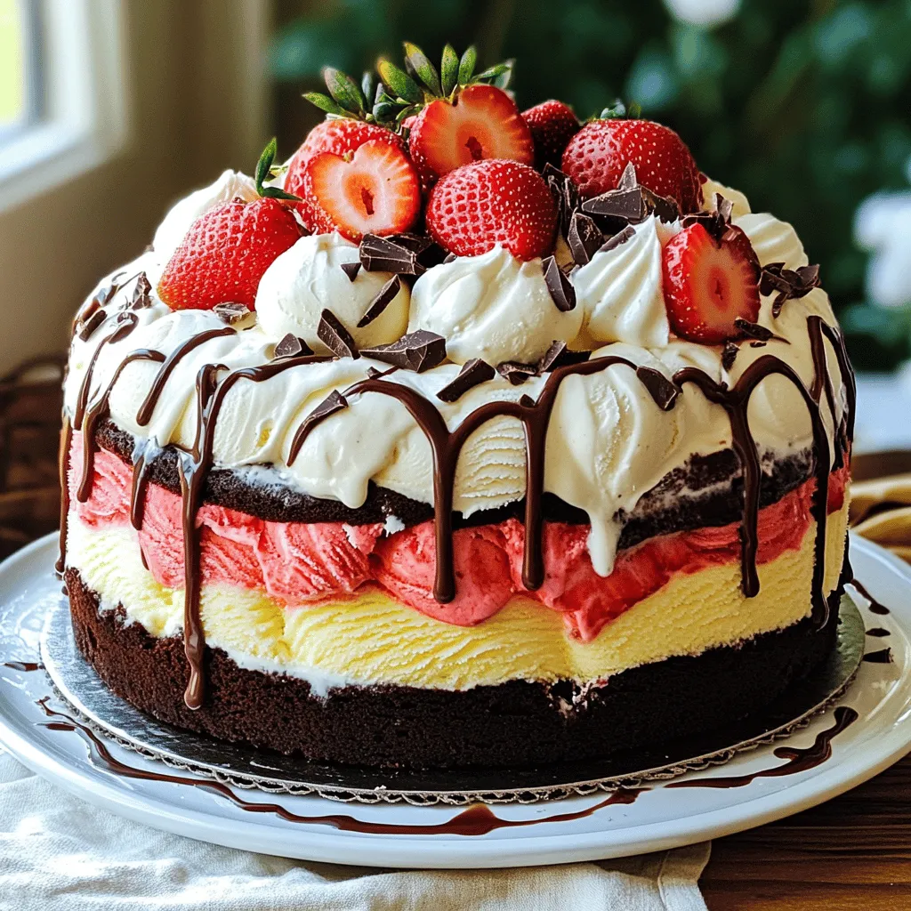 To make a Neapolitan ice cream cake, gather these simple ingredients: - 1 box of chocolate cake mix (plus ingredients required on the box) - 1 tub of softened strawberry ice cream - 1 tub of softened vanilla ice cream - 1 tub of softened chocolate ice cream - 1 cup of whipped cream (or whipped topping) - 1 cup of chocolate syrup - Fresh strawberries for garnish - Chocolate shavings for garnish Choose a good chocolate cake mix. It should have a rich flavor. Follow the instructions on the box. You will need eggs, water, and oil for the mix. These will help create a moist cake. For this recipe, I like to use popular brands. You can choose your favorite ice creams. Strawberry, vanilla, and chocolate are classic choices. Look for creamy textures. This helps the cake stay together when cut. Whipped cream is essential for frosting the cake. You can use store-bought or homemade. For garnishing, fresh strawberries and chocolate shavings add a nice touch. They make your cake look beautiful and tasty. To start, preheat your oven. Set it according to the box instructions for the chocolate cake mix. Next, prepare the cake batter. Follow the directions on the box carefully. Pour the batter into two 9-inch round cake pans. Bake the cakes until a toothpick comes out clean. This usually takes around 25 to 30 minutes. When done, take them out and let them cool completely on a wire rack. While the cakes cool, it's time to work on the ice cream. Take the softened strawberry, vanilla, and chocolate ice cream. Divide each flavor into the lined 9-inch cake pans. Use a spatula to press down and smooth the tops. Make sure each layer is even. Freeze these pans for at least 4 hours. This helps the ice cream become firm and easy to layer. Once the cakes and ice cream layers are ready, it's time to assemble. Remove the ice cream layers from the pans. Place one chocolate cake layer on a serving plate. Now, add the strawberry ice cream layer on top. Press it down gently so it sticks. Next, place the vanilla ice cream layer on the strawberry. Follow this with the second chocolate cake layer. Finally, top with the chocolate ice cream layer. Press down lightly once again. Now, spread whipped cream over the top and sides of the cake. This makes it look nice and creamy. Drizzle chocolate syrup over the top for extra flavor and a lovely look. For the final touch, garnish with fresh strawberries and chocolate shavings. Lastly, put the cake back in the freezer for about 30 minutes. This step helps everything stay in place before serving. For the full recipe, check out the details above. To make your Neapolitan Ice Cream Cake look great, you need even layers. Start with a flat surface for your cake. Level the tops of the baked cakes with a knife. This step helps the cake layers sit well on top of each other. For the ice cream, let it sit at room temperature for about 10 minutes before using. This softens it enough for easy spreading. When it is time to serve, use a sharp knife dipped in warm water. This method helps to slice through the layers smoothly. For a fun touch, place each slice on a chilled plate. You can also add a dollop of whipped cream and a fresh strawberry on top for a nice look. If your ice cream melts too quickly, try working in a cool kitchen. You can also put the cake back in the freezer for a bit. If your layers are uneven, you can trim the sides of the cake. This fix will help them line up better. Use a spatula to even out any ice cream that may have spilled over. These tips will help you create a beautiful Neapolitan Ice Cream Cake. For more details, check out the Full Recipe. {{image_2}} You can change the flavors in your Neapolitan ice cream cake. For cake mixes, use vanilla or red velvet instead of chocolate. This switch adds fun and new taste! For the ice cream, try mint chocolate chip, cookies and cream, or even coffee. Each option gives your cake a unique spin. If you want to make it special, add toppings on top! Fresh fruits, nuts, or sprinkles work well. You can even use crushed cookies for a fun crunch. Want a lighter version of this cake? You can choose lower-calorie ingredients. Use a sugar-free cake mix or low-fat ice cream. This way, you can still enjoy the cake without too many calories. If you're dairy-free, many great ice cream brands offer almond, coconut, or soy options. They taste great and fit your dietary needs. You can make this cake enjoyable for everyone! To keep your Neapolitan ice cream cake fresh, follow these tips: - Wrap the cake tightly in plastic wrap. This helps to seal in moisture. - Place the wrapped cake in an airtight container. This prevents ice crystals from forming. - Store in the freezer. It can last up to a month if stored well. To prevent freezer burn, make sure there is no air around the cake. You can also use aluminum foil for extra protection. This method keeps the flavors intact and the texture smooth. When it's time to enjoy your cake again, proper thawing is key: - Move the cake from the freezer to the fridge. Let it thaw for about 4 hours. - If you need it faster, leave it at room temperature for 30-60 minutes. Avoid using a microwave to thaw. This can melt the ice cream and ruin the texture. Once thawed, slice and serve right away for the best taste. Enjoy your delicious creation! You can keep Neapolitan Ice Cream Cake in the freezer for up to two weeks. This time frame ensures it stays fresh and tasty. After two weeks, the cake may start to lose its flavor and texture. To keep it at its best, wrap it tightly in plastic wrap or aluminum foil. This helps prevent freezer burn. Yes, you can make this cake ahead of time! You can prepare it a day or two before your event. Just follow the steps for baking and freezing. Store the cake in the freezer until you are ready to serve. If you want to make it even earlier, freeze the layers separately and assemble later. This method helps keep everything fresh. Neapolitan Ice Cream Cake pairs well with many desserts! Here are a few ideas: - Fresh fruit like berries or sliced bananas - Chocolate chip cookies for a crunchy side - A scoop of vanilla ice cream to enhance the flavors - Hot fudge or caramel sauce for drizzling - Sparkling water or lemonade for refreshing drinks These pairings can make your dessert table even more fun and delicious! You’ve learned how to make a delicious Neapolitan Ice Cream Cake from scratch. We covered the key ingredients, step-by-step preparation, and helpful tips for a perfect dessert. I shared ideas for variations and storage, ensuring your cake stays fresh. The joy of creating this treat is in the layers and flavors. Enjoy making it and sharing it with others. With practice, you’ll impress everyone with your skills. Remember, your homemade cake can be fun and rewarding. Now, go bake and delight your taste buds!