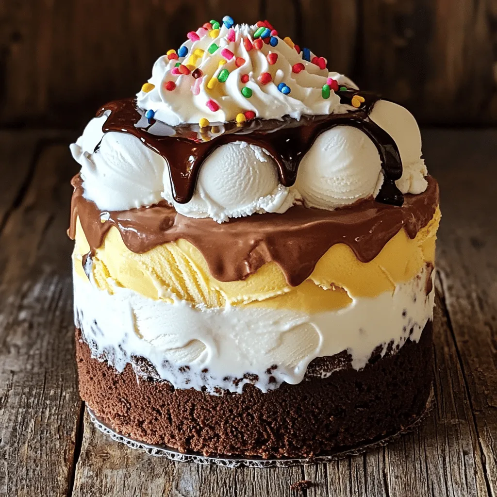 - 1 pint of vanilla ice cream, softened - 1 pint of chocolate ice cream, softened - 1 package (15 oz) chocolate wafer cookies - 1 cup heavy whipping cream - 1/4 cup powdered sugar - 1 teaspoon vanilla extract - 1 cup chocolate fudge sauce - Sprinkles for decoration When making a classic ice cream cake, you need simple yet tasty ingredients. The first two items are ice creams. I always choose vanilla and chocolate for a classic flavor. Make sure they are softened. This helps with spreading them later. Next, grab a package of chocolate wafer cookies. These cookies serve as the base and layers. Their crunch pairs well with the creamy ice cream. Heavy whipping cream is key. It helps create a light and fluffy topping. You’ll also need powdered sugar and vanilla extract. These add sweetness and flavor to the whipped cream. Chocolate fudge sauce brings a rich taste. It adds a lovely surprise between the ice cream layers. Finally, don’t forget sprinkles! They make the cake look festive and fun. With these ingredients, you can create a delightful ice cream cake. For the full recipe, check the first section. To start, grab a springform pan. This pan helps us create beautiful layers. First, take half of the chocolate wafer cookies. Place them in the bottom of the pan. If some cookies are big, break them to fit snugly. This layer will be the solid base for our cake. Next, we need to add ice cream. Take your softened vanilla ice cream and spread it over the cookies. Make it smooth and even. It’s important to freeze this layer for about 30 minutes. This helps it harden a bit. After that, drizzle half of the chocolate fudge sauce over the vanilla ice cream. Now, it’s time for the chocolate ice cream. Spread it out over the fudge sauce, smoothing it carefully. Now, we add another layer of cookies on top of the chocolate ice cream. Press gently to make them stick. Then, we will make whipped cream. In a bowl, whip heavy cream, powdered sugar, and vanilla extract together until soft peaks form. Spread this whipped cream over the top layer of cookies. Finally, cover the cake with plastic wrap. Freeze it for at least 4 hours. For best texture, let it freeze overnight. When you’re ready to serve, remove the sides of the pan. Drizzle the remaining fudge sauce on top and add some sprinkles for fun. Enjoy your delicious creation! For the full recipe, check the section above. To make a great ice cream cake, focus on the ice cream’s texture. - Use softened ice cream: Let your ice cream sit out for about 10 minutes. This helps it spread easily and evenly. - Freeze between layers: After spreading each ice cream layer, freeze for about 30 minutes. This prevents mixing between layers. Keep your ice cream cake from melting while you prepare it. - Work quickly: Have all your tools ready before you start. This helps you finish faster. - Use a cold pan: Start with a chilled springform pan. This helps keep the ice cream firm while you work. Decorating your ice cream cake can be fun and creative! - Sprinkles and toppings: Use colorful sprinkles, chocolate chips, or crushed cookies. They add a fun look and taste. - Creative serving: Serve slices on chilled plates. Drizzle extra fudge sauce on each slice for a special touch. Try different decorations to match the occasion. You can use fresh fruit or whipped cream for a fresh twist! Enjoy your delicious creation! {{image_2}} You can change flavors for your classic ice cream cake. Instead of vanilla and chocolate, try strawberry or mint chocolate. These fruity and fresh choices add a new twist. You can mix and match flavors based on what you love. If you want a colorful look, use different flavors in each layer. For cookies, don't feel stuck with just chocolate wafers. You can use graham crackers or Oreos for a fun crunch. Different cookies can bring new flavors and textures. Just be sure to crush them into small pieces to fit your cake well. If you have dietary needs, you can still enjoy this cake. For gluten-free options, look for gluten-free chocolate cookies. Many brands make great choices that taste just as good. You can also use gluten-free graham crackers for a tasty base. For those who need dairy-free options, use non-dairy ice cream. There are many flavors, like coconut or almond milk ice cream. You can also swap heavy cream with coconut cream for the whipped topping. This keeps the cake creamy while meeting your needs. For the complete recipe, check out the [Full Recipe]. To keep your ice cream cake fresh, wrap it well. Use plastic wrap or foil. This keeps ice crystals away and protects the cake from freezer odors. Place the wrapped cake in an airtight container for extra protection. For best flavor, store the cake in the freezer for up to 2 weeks. After this time, the taste may fade. If you plan to keep it longer, consider dividing it into smaller slices. This way, you can enjoy a slice whenever you want! You can slice the cake straight from the freezer. Use a sharp knife for clean cuts. Run the knife under warm water before cutting for easier slicing. To slightly soften the cake, let it sit at room temperature for about 10 minutes. This makes it easier to serve. If you prefer a softer texture, place it in the fridge for about 20 minutes before serving. Enjoy your delicious classic ice cream cake! Don't forget to check the Full Recipe for more details. Ice cream cake can last up to two weeks in the freezer. After that, the taste may change. For best quality, cover it well with plastic wrap. This keeps the ice cream from getting freezer burn. If you notice any ice crystals, it’s still safe to eat but may not taste as good. Yes, you can use homemade ice cream for this cake. Using your own ice cream adds a personal touch. Just make sure it is softened enough to spread easily. Store-bought ice cream works great too and saves time. Both options yield a tasty cake, so choose what suits you best. Classic ice cream cake is perfect for many events. Birthdays are the most popular choice. It’s a fun treat for kids and adults alike. You can also serve it at summer parties or family gatherings. Any celebration with friends or family works well. Just remember to keep it frozen until serving! You now have a complete guide to making a classic ice cream cake. We discussed key ingredients, step-by-step instructions, and tips for success. Remember, the right layers and textures make all the difference. Don’t be afraid to get creative with flavors or decorations! This cake is perfect for any fun occasion. Enjoy making it, and share it with friends and family. You’ll impress everyone with your delicious creation!