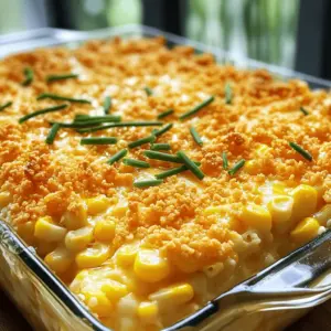 - 2 cups fresh or frozen corn kernels - 1 cup heavy cream - 1/2 cup honey - 3 large eggs - 1 cup grated cheddar cheese - 1 cup crushed cornflakes - 1/4 cup unsalted butter, melted - 1 teaspoon baking powder - Salt and pepper to taste - Optional: Fresh chives for garnish When I create Honey-Glazed Corn Casserole, I focus on using fresh and simple ingredients. The corn gives the dish a sweet and crunchy bite. Heavy cream adds richness, while honey brings a delightful sweetness. The eggs bind everything together, making it fluffy and light. For cheese lovers, I use grated cheddar, which melts beautifully. Cornflakes add a nice crunch on top. The melted butter enriches the flavors, and baking powder helps it rise. Seasoning with salt and pepper is key, so taste as you go! - Alternatives for heavy cream: You can use coconut cream or cashew cream for a lighter option. - Cheese substitutions: If you want a different taste, try mozzarella or pepper jack cheese. - Gluten-free options for cornflakes: Use gluten-free breadcrumbs or crushed nuts for a similar texture. These substitutions allow you to customize the recipe. Each swap can change the flavor and texture. Don’t hesitate to experiment with what you have at home. For the full recipe, check the details above. To start, preheat your oven to 350°F (175°C). This step is key for the perfect bake. While the oven heats, prepare your baking dish. Grease a 9-inch dish with butter or cooking spray. This prevents the casserole from sticking and helps it cook evenly. In a large mixing bowl, combine the corn kernels, heavy cream, honey, and eggs. Whisk them together until smooth. This step blends the flavors well. Next, stir in the grated cheddar cheese, melted butter, baking powder, and add salt and pepper to your taste. Mix again until everything is nicely combined. Finally, gently fold in the crushed cornflakes. This adds crunch to the casserole. Once your mixture is ready, pour it into the greased baking dish. Spread it evenly for uniform cooking. Place the dish in your preheated oven. Bake for 35-40 minutes. You’ll know it’s done when the top is golden brown. A toothpick inserted in the center should come out clean. After baking, let it rest for about 5 minutes. This helps the casserole firm up before serving. For a burst of color, sprinkle fresh chives on top just before plating. Enjoy your honey-glazed corn casserole! If you want the full recipe, check the previous section. To get the ideal crispness in your Honey-Glazed Corn Casserole, bake it for 35 to 40 minutes. This time lets the top brown nicely while keeping the inside moist. For an extra crunch, fold in the crushed cornflakes gently. This way, they stay light and airy, giving your casserole that lovely texture. Seasoning is key to a tasty dish. Use salt and pepper to enhance the flavors. Don’t be shy with the honey! Adding a bit more can deepen the sweet notes. You can also mix in a pinch of cinnamon for a unique twist that pairs well with the honey. To make your casserole shine, garnish it with fresh chives. Their green color adds a nice contrast. You can serve this dish at family dinners or potlucks. Pair it with grilled meats or a fresh salad for a balanced meal. For a festive touch, consider serving it in a colorful dish. Check the [Full Recipe] for more details on making this dish. {{image_2}} You can easily change the recipe to suit your taste. Adding vegetables is a great way to boost nutrition. Try mixing in diced bell peppers, zucchini, or spinach. These veggies add color and vitamins. You can also swap honey for different sweeteners. Maple syrup or agave nectar works well. Each sweetener gives a unique flavor to the dish. If you follow a vegan diet, you can adapt this recipe. Use plant-based cream instead of heavy cream. Replace eggs with flaxseed meal or applesauce. These swaps keep the texture creamy and delicious. For a low-carb version, consider using cauliflower rice instead of corn. This change cuts down on carbs while keeping a similar taste. Adding spices can give your casserole a global twist. Try using cumin or coriander for a Middle Eastern flair. You could add smoked paprika for a hint of Spanish flavor. Another option is to mix in Italian herbs like basil or oregano. These spices will change the way the dish tastes. You can also explore international-style variations. For instance, a Mexican version might include jalapeños and queso fresco. The possibilities are endless! For the full recipe details, check out the references above. To keep your honey-glazed corn casserole fresh, let it cool first. Cover the casserole tightly with plastic wrap or aluminum foil. This helps keep it moist. Store it in the fridge if you plan to eat it in a few days. Use an airtight container for longer storage. Recommended containers include glass or BPA-free plastic. These options prevent any unpleasant smells from mixing with your casserole. They also keep the dish safe from spills. When reheating, you want to preserve its taste and texture. The microwave is quick but may dry it out. To avoid this, cover the dish with a damp paper towel. Heat it in short bursts of 30 seconds, checking often. If you use the oven, preheat it to 350°F (175°C). Place the casserole in an oven-safe dish. Add a splash of cream or water to keep it moist. Reheat for about 20 minutes, or until it's warm throughout. Freezing your corn casserole is easy. Start by cooling it completely. Cut it into portions for easier thawing. Wrap each portion tightly in plastic wrap. Then, place them in a freezer-safe bag. Label your bags with the date. This way, you know how long they have been in the freezer. The casserole can last up to three months. To thaw, move it to the fridge overnight. Reheat as mentioned above when you're ready to enjoy it again. You can prepare the casserole a day ahead. Mix the ingredients and pour them into your baking dish. Cover it tightly with plastic wrap and store it in the fridge. When ready to bake, remove the wrap and bake as usual. This method helps the flavors blend. Yes, you can easily double the recipe. Just double each ingredient and use a larger baking dish. Ensure you adjust the baking time. Check for doneness with a toothpick to ensure it cooks through. This dish pairs well with grilled meats, like chicken or steak. You can also serve it alongside fresh salads or roasted vegetables. It makes a great side for holiday meals or family gatherings. The casserole lasts about three to four days in the fridge. Make sure to store it in an airtight container. Reheat it thoroughly before serving to enjoy its full flavor. Yes, you can use canned corn. Drain it well and rinse under cold water. This step helps reduce excess salt and preserves the dish's flavor. Using canned corn makes the recipe even quicker to prepare. For the full recipe, refer to the earlier section. This blog post covers every step to make a delicious Honey-Glazed Corn Casserole. You learned about key ingredients and possible substitutions, along with clear instructions for preparation and cooking. I shared tips for achieving the best texture and flavor. You even found ideas for variations that suit different diets and tastes. Enjoy the easy storage and reheating methods for leftovers. This dish is perfect for any occasion. Try it out, and make it your own!