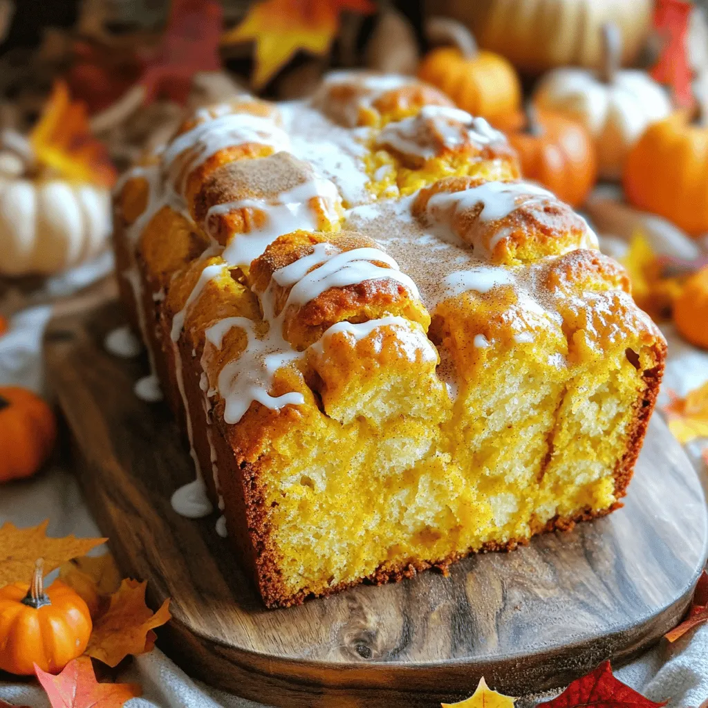 - 4 cups all-purpose flour - 2 teaspoons active dry yeast - 1/4 cup granulated sugar - 1 teaspoon salt - 1 tablespoon pumpkin pie spice - 1 cup warm milk - 1/2 cup unsalted butter - 1 cup pure pumpkin puree - 1 large egg - 1/2 cup brown sugar - 1 teaspoon cinnamon - 1/4 cup chopped pecans - 1/4 cup powdered sugar - 1-2 tablespoons milk for glaze Each ingredient plays a key role in making pumpkin spice pull-apart bread deliciously soft. The all-purpose flour forms the base for the dough, giving it structure. Active dry yeast helps the bread rise, creating that fluffy texture we love. Granulated sugar and brown sugar add sweetness and moisture. Pumpkin pie spice brings warmth and flavor, making every bite comforting. Warm milk activates the yeast, while melted butter adds richness. Pure pumpkin puree not only provides flavor but also ensures the bread stays moist. The egg helps bind everything together. If you want extra flavor or crunch, consider adding cinnamon and chopped pecans. A glaze made from powdered sugar and milk adds a sweet finish. You can mix and match these ingredients to suit your taste. Enjoy the process of creating this delightful treat! - Combine warm milk, sugar, and yeast in a small bowl. - Let it sit for 5-10 minutes until frothy. This step wakes up the yeast. A frothy mix shows that the yeast is active and ready to help your bread rise. - In a large bowl, mix flour, salt, and pumpkin pie spice. - Create a well in the center. Add the yeast mixture, melted butter, pumpkin puree, and egg. - Mix until a shaggy dough forms. - Transfer the dough to a floured surface. Knead for 5-7 minutes until smooth. This helps develop gluten, making the bread soft. - In a small bowl, prepare your cinnamon-sugar filling. Mix brown sugar, cinnamon, and chopped pecans if you like. - Roll out the dough into a large rectangle, about 12x18 inches. Brush the surface with melted butter. - Sprinkle the cinnamon-sugar mixture evenly over the dough. Cut the dough into six strips, then cut each strip into quarters. Stack these squares on top of each other. - Place the stack in a greased loaf pan. This shape helps create those lovely pull-apart layers. - Preheat your oven to 350°F (175°C). - Bake the pull-apart bread for 30-35 minutes. Look for a golden brown color. When tapped, it should sound hollow. - While the bread bakes, prepare the glaze. Whisk together powdered sugar and milk until smooth. - Once the bread cools for about 10 minutes, drizzle the glaze over it. This adds a sweet finish to your warm bread. To make perfect dough, you need warm milk. It should be about 110°F. This helps wake up the yeast. Mix warm milk, sugar, and yeast in a bowl. Let it sit for 5-10 minutes. You want it to be frothy. This means the yeast is ready to work. Kneading is key for good bread. After mixing your ingredients, knead the dough for 5-7 minutes. This builds the gluten. A strong gluten will help your bread rise and stay soft. Keep your surface lightly floured to prevent sticking. When baking, always check for doneness. To do this, tap the bread. If it sounds hollow, it’s done. The color matters too. Aim for a rich golden brown. This shows it baked well and has flavor. To achieve that golden crust, brush the top with melted butter before baking. This adds color and flavor. You can also place the bread on a middle rack. This ensures even heat circulation. Presentation makes a big difference. Serve the bread warm. Let guests pull apart their pieces. It’s fun and interactive! You can dust it with extra powdered sugar for a nice touch. Pair this bread with coffee or tea. The warm spices blend well with these drinks. It makes your gathering feel cozy and inviting. {{image_2}} You can spice up your pumpkin spice pull-apart bread. Try adding nutmeg or ginger for a warm kick. These spices enhance the flavor and make it more exciting. You can also mix in walnuts or almonds. Nuts give a nice crunch and add texture. They can make the bread even more satisfying. If you need a gluten-free version, use gluten-free flour instead of all-purpose flour. This swap works well and keeps the bread light and tasty. For a dairy-free option, use plant-based milk like almond or oat milk. These simple changes let everyone enjoy this bread without worry. Want to get creative? Add chocolate chips for a sweet twist that kids love. They melt and create little pockets of sweetness. You could also try making a cinnamon roll version. Roll the dough like a cinnamon roll, and bake it in a round pan. This twist adds fun and is perfect for brunch gatherings. Enjoy these variations and make this bread your own! To keep your pumpkin spice pull-apart bread at room temperature, wrap it tightly in plastic wrap. This method helps keep the bread soft and moist. You can also store it in an airtight container. Make sure to place the bread in a cool, dry area. Avoid direct sunlight or heat, as this can dry it out. For the best taste, eat it within three days. If you want to save bread for later, freezing is a great option. First, slice the bread or leave it whole. Wrap it well in plastic wrap, then place it in a freezer bag. Remove as much air as you can to avoid freezer burn. This bread can last for up to three months in the freezer. To thaw, move it to the fridge overnight. For a warm treat, reheat the slices in the oven at 350°F for 10-15 minutes. Got leftover bread? Don’t let it go to waste! You can turn it into tasty bread pudding. Just cube the bread and mix it with eggs, milk, and spices. Bake until set, and you'll have a new dessert. Another fun idea is to make French toast. Dip slices in an egg mixture and cook them in a skillet. Serve with syrup or fresh fruit for a delightful breakfast. Pumpkin spice pull-apart bread stays fresh for about 2-3 days at room temperature. To keep it longer, wrap it tightly in plastic wrap. Store it in an airtight container. This helps keep the bread soft and moist. If you want to keep it even longer, freeze it. Wrap the bread well and store it in the freezer. It can last for about 2-3 months. When you're ready to eat, thaw it overnight in the fridge. Yes, you can make pumpkin spice pull-apart bread gluten-free! Use a gluten-free all-purpose flour blend. Make sure it has xanthan gum in it, which helps with texture. You may need to adjust the liquid in the recipe. Gluten-free flours can absorb more moisture. Start with the same amount of milk, then add more if needed to form a soft dough. If you don't have pumpkin puree, you can use applesauce or mashed sweet potatoes. Both options give a nice flavor and moisture. You can also use butternut squash puree, as it has a similar taste. If you make your own puree, cook and blend the pumpkin or squash until smooth. Make sure it's not too watery! To make your bread less sweet, reduce the sugar in the recipe. You can cut the granulated sugar down to 2 tablespoons. For the brown sugar, you can also lower it to 1/4 cup. Taste your filling mix before adding it to the dough. This way, you can adjust the sweetness to your liking. Remember, the glaze adds extra sweetness, so you may want to skip it or use less. Yes, you can use instant yeast instead of active dry yeast. Instant yeast does not need to be activated in warm milk. Just mix it with your dry ingredients. Use the same amount of instant yeast as active dry yeast. Your dough may rise a little faster, so keep an eye on it. This can save you some time in your baking process! You now know how to make delicious pumpkin spice pull-apart bread. We covered all the key ingredients, mixed and kneaded the dough, and baked it to perfection. You learned tips for variations and how to store your bread for later enjoyment. Keep experimenting with flavors and adjustments to make it your own. Enjoy sharing this treat with others or savoring it yourself. This bread can warm up any occasion and bring joy to your kitchen!