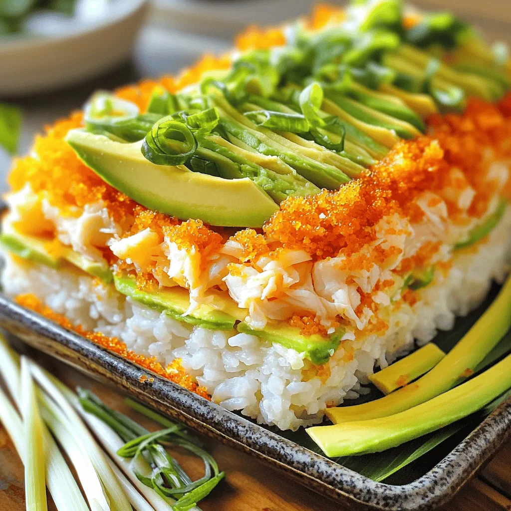 - 2 cups sushi rice - 2 1/2 cups water - 1/2 cup rice vinegar - 2 tablespoons sugar - 1 teaspoon salt - 1 lb imitation crab meat, shredded - 1/2 cup mayonnaise - 2 tablespoons sriracha (adjust for spice level) - 1 teaspoon sesame oil - 1 avocado, sliced - 1/4 cup chopped green onions - 1 sheet nori, cut into strips - Wasabi and pickled ginger, for serving The key ingredients for TikTok sushi bake focus on flavors and texture. Sushi rice is essential for that sticky base. The rice vinegar, sugar, and salt create a sweet and tangy mix. Shredded imitation crab gives a seafood taste without the cost. Mayonnaise brings creaminess, while sriracha adds spice. The avocado and green onions provide fresh, bright notes. - Cream cheese for a richer filling - Cucumber for extra crunch - Sesame seeds for garnish - Tobiko (fish roe) for a pop of flavor You can enhance the bake with optional ingredients. Cream cheese makes it creamy. Adding cucumber gives it a nice crunch. Sesame seeds can add a touch of nutty flavor. Tobiko can bring an additional layer of taste and texture. - Quinoa or brown rice instead of sushi rice - Canned tuna or shrimp for the seafood - Greek yogurt instead of mayonnaise for a healthier option - Chili garlic sauce instead of sriracha for a different heat If you need substitutions, I have you covered. Quinoa or brown rice can replace sushi rice. Canned tuna or shrimp can stand in for imitation crab. Greek yogurt works well in place of mayonnaise. For a twist on heat, try chili garlic sauce instead of sriracha. First, rinse 2 cups of sushi rice under cold water. Keep rinsing until the water runs clear. This step helps remove extra starch and makes the rice less sticky. Next, add the rinsed rice and 2 1/2 cups of water to a rice cooker or a pot. If using a pot, bring it to a boil, then lower the heat. Cover the pot and let it simmer for about 20 minutes. When done, remove it from the heat and let it sit for 10 minutes. This resting time lets the rice absorb any remaining moisture. While the rice cooks, we can make the vinegar mix. In a small saucepan, heat 1/2 cup of rice vinegar, 2 tablespoons of sugar, and 1 teaspoon of salt over low heat. Stir gently until the sugar dissolves. This should take just a few minutes. Once it's done, let it cool. This mixture adds a nice tangy flavor to the rice. After the rice has cooled for a bit, use a fork to fluff it. Then, gently fold in the vinegar mixture you made earlier. Make sure to mix it well. Now, spread the rice evenly in a greased baking dish, about 9x9 inches. In another bowl, mix 1 pound of shredded imitation crab meat, 1/2 cup of mayonnaise, 2 tablespoons of sriracha, and 1 teaspoon of sesame oil. Stir until everything is well combined. Spread this crab mixture evenly over the rice layer. Preheat your oven to 350°F (175°C). Once hot, place the baking dish in the oven. Bake the sushi mixture for about 15 to 20 minutes. You want the top to be slightly golden and bubbly. This step gives the bake a delicious texture. After baking, take the dish out and let it cool for a few minutes. Top it with sliced avocado and sprinkle chopped green onions on top. These garnishes add color and flavor. When ready to serve, cut portions from the sushi bake. Serve warm with nori strips, wasabi, and pickled ginger on the side for dipping. Enjoy! To make perfect sushi rice, start by rinsing it well. Use cold water and rinse until the water is clear. This helps remove excess starch. Next, use a rice cooker or pot for cooking. For every 2 cups of sushi rice, use 2.5 cups of water. Cook according to the rice cooker’s settings or bring it to a boil. Then, reduce the heat and cover it. Let it simmer for about 20 minutes. After cooking, let the rice sit for 10 minutes without lifting the lid. This step helps the rice become fluffy and sticky. When it comes to adding spice, start small. If you like heat, add more sriracha to the crab mixture. You can always add more, but you can’t take it out. For a milder flavor, use less sriracha. You may also mix in some mayonnaise to tone down the spice. This way, you can find the perfect balance that suits your taste buds. Presentation can make your sushi bake stand out. After baking, let it cool for a few minutes. Top with sliced avocado for a fresh look. Then, sprinkle chopped green onions for color and crunch. Serve with nori strips on the side. Add wasabi and pickled ginger for an authentic touch. Cutting the bake into squares makes it easy to serve. This way, everyone can enjoy a piece of this tasty dish! {{image_2}} You can easily make a vegetarian TikTok sushi bake. Replace imitation crab with cooked mushrooms, like shiitake or portobello. These add a rich flavor and meaty texture. For a vegan twist, swap mayonnaise for a vegan version. You can also use avocado or cashew cream for creaminess. Add veggies like bell peppers, cucumbers, or carrots for extra crunch. If you want to change the seafood, try real crab meat or shrimp. Cooked salmon also works well and adds a nice taste. If you prefer, use canned tuna or even smoked salmon. Each choice gives a different flavor profile, so experiment to find your favorite. Fresh seafood adds a nice touch but can be more costly. You can change the flavor of your sushi bake with different sauces. Instead of sriracha, try spicy mayo or sweet chili sauce. You can add sesame dressing for a nutty taste. For a fresh kick, mix in some lime juice or zest. These small changes make the dish fun and unique. Feel free to mix and match sauces to find your perfect blend! To keep your sushi bake fresh, let it cool first. Cover it tightly with plastic wrap or aluminum foil. Place it in the fridge. It can last about 3 to 4 days. Make sure to store it in an airtight container to avoid drying out. This keeps flavors intact. When you're ready to reheat, preheat your oven to 350°F (175°C). Place the sushi bake in an oven-safe dish. Cover it with foil to prevent it from drying out. Bake for about 15-20 minutes. You can also microwave it, but be cautious. Heat it in short bursts to avoid overheating. If you want to freeze it, let it cool completely. Cut it into portions for easy thawing. Wrap each piece in plastic wrap, then place in a freezer bag. Label the bag with the date. It can last up to 2 months in the freezer. To thaw, place it in the fridge overnight before reheating. TikTok Sushi Bake is a fun twist on sushi. It layers sushi rice with crab and sauce. You bake it in a dish until golden. It’s easy to share and enjoy with friends. Yes, you can prepare it ahead. After baking, let it cool. Cover it tightly and store it in the fridge. When ready, just reheat it in the oven. You can add your favorite ingredients. Try shrimp, veggies, or different sauces. You can also mix in cream cheese for extra creaminess. Get creative and make it your own! Serve it with nori strips for crunch. Wasabi and pickled ginger are great for dipping. A side salad or some edamame also works well. Enjoy it with loved ones for a fun meal. I do not recommend using regular rice. Sushi rice has a unique stickiness. This helps hold the bake together. If you must, use a short-grain rice for better results. In this post, I covered how to make TikTok Sushi Bake. You learned about key ingredients, step-by-step cooking instructions, and fun tips for success. I also shared variations to suit different diets and storage tips for leftovers. Now, it's time to get creative. Use this guide to whip up a tasty dish. Experiment with flavors and enjoy serving it to friends and family. Great food brings people together, so have fun with it!