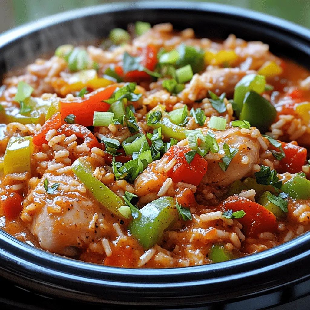 - 1.5 lbs chicken thighs, boneless and skinless, cut into bite-sized pieces - 1 medium onion, diced - 1 green bell pepper, diced - 1 red bell pepper, diced - 3 cloves garlic, minced - 1 can (14.5 oz) diced tomatoes, undrained - 1 cup chicken broth - 2 cups uncooked long-grain rice - 1 tablespoon Cajun seasoning - 1 teaspoon dried oregano - 1/2 teaspoon cayenne pepper (adjust to taste) - Salt and pepper to taste - 1 cup frozen peas - 4 green onions, sliced (for garnish) - Fresh parsley, chopped (for garnish) You can swap chicken thighs for chicken breasts if you prefer. They may be less juicy but will work. If you want a lower-carb option, use cauliflower rice instead of regular rice. For a vegetarian twist, replace chicken broth with vegetable broth and skip the chicken. You can also add tofu for protein. When picking chicken, look for meat with bright color and no weird smells. For the veggies, choose firm peppers and onions with smooth skin. Avoid any with soft spots or blemishes. Fresh garlic should be firm and dry, while tomatoes should feel heavy and firm. Always check the date on canned goods to ensure freshness. Fresh herbs like parsley should look vibrant and not wilted. Start by gathering your ingredients. You need chicken thighs, diced onions, green and red bell peppers, and minced garlic. Cut the chicken into small pieces. Then, dice the onions and bell peppers. This makes it easier to cook and eat. In your slow cooker, combine the chicken pieces, diced onions, green bell pepper, red bell pepper, and minced garlic. Next, add the can of diced tomatoes, chicken broth, and uncooked rice. Don't forget the Cajun seasoning, oregano, cayenne pepper, salt, and pepper. Stir everything well to mix. Cover your slow cooker with its lid. Set it to low heat for six hours or high heat for three hours. This allows the chicken and rice to soak up all the flavors. Check the jambalaya when the time is almost up. Taste it and adjust the seasoning if needed. About 15 minutes before serving, stir in the frozen peas. Cover the slow cooker again. This helps the peas heat up nicely. Once the chicken is cooked through and the rice is tender, turn off the slow cooker. Let it sit for a few minutes. When ready, serve hot. Garnish with sliced green onions and chopped parsley. Enjoy your delicious slow cooker chicken jambalaya! Not all slow cookers heat the same way. Some cook faster than others. If your slow cooker runs hot, check your jambalaya after about two hours on high. If it needs more time, let it go a bit longer. On low heat, you might need the full six hours. Always trust your slow cooker and check for doneness. To make your jambalaya even better, add a splash of hot sauce while it cooks. You can also toss in some chopped fresh herbs, like thyme or basil. If you love garlic, add more! Sautéing the onions and peppers before adding them to the slow cooker brings out great flavors. Just a few extra steps can really boost your dish. If you plan to feed a crowd, double the recipe. Just make sure your slow cooker has enough space. Use two slow cookers if needed. For meal prep, serve the jambalaya in single servings. It heats up well and tastes great later. Store it in airtight containers. This way, you have tasty meals ready to go throughout the week. {{image_2}} You can easily add other proteins to your Slow Cooker Chicken Jambalaya. Shrimp and sausage are great options. Just remember to adjust cooking times. - For Shrimp: Add shrimp in the last 15 minutes of cooking. This keeps them tender and juicy. - For Sausage: Use smoked sausage for a richer flavor. Slice it and add it with the other ingredients at the start. Feel free to mix and match proteins. It keeps the dish exciting and full of flavors. Making a vegetarian or vegan version of jambalaya is simple. You can swap out the chicken and broth for plant-based alternatives. - Use beans: Black beans or kidney beans add protein and heartiness. - Vegetable broth: This replaces chicken broth and adds depth. - Add more veggies: Use zucchini, corn, or mushrooms for added texture and flavor. This way, everyone can enjoy a bowl of delicious jambalaya. Adjusting the spice level of your jambalaya is easy. If you like it hot, add more cayenne pepper. If not, reduce the amount or skip it altogether. - For mild: Use just a pinch of cayenne or none at all. - For medium heat: Stick with the recipe’s cayenne amount. - For extra heat: Add hot sauce or diced jalapeños during cooking. Tailor the spice to your taste. This makes your jambalaya just right for you and your guests. After enjoying your Slow Cooker Chicken Jambalaya, let it cool down. Store it in an airtight container. This keeps it fresh and tasty. You can keep it in the fridge for up to four days. If you want to save it longer, freezing is a great option. To reheat, just scoop out your desired portion. Place it in a microwave-safe bowl. Heat on high for about two to three minutes. Stir halfway through for even warming. If you prefer the stove, warm it in a pot over low heat. Add a splash of broth if it looks dry. Freezing your jambalaya is simple. First, let it cool completely. Then, transfer it to a freezer-safe container or bag. Make sure to remove as much air as possible. It will stay good for about three months. When ready to eat, thaw it in the fridge overnight. Reheat as mentioned above. Enjoy that delicious flavor again! Yes, you can use brown rice. It will change the cooking time. Brown rice takes longer to cook. I recommend cooking it for 1 to 1.5 hours longer. Add extra liquid too. This will help the rice cook well. Slow Cooker Chicken Jambalaya lasts about 3 to 4 days in the fridge. Make sure to store it in an airtight container. This keeps it fresh and tasty. If you want it to last longer, freeze it instead. You can serve Jambalaya with many sides. Here are a few ideas: - A green salad - Cornbread - Garlic bread - Steamed vegetables Each side adds flavor and balance to the meal. Enjoy your Jambalaya with your favorite choice! In this blog post, we covered the key ingredients for Jambalaya, how to prepare it step by step, and useful tips. You learned about ingredient substitutions, flavor enhancements, and cooking for groups. We also discussed variations, storage practices, and answered common questions. Remember, making Jambalaya is easy and fun. You can adapt it to fit your tastes and needs. Use fresh ingredients, explore flavors, and enjoy a delicious meal that brings everyone together. Happy cooking!