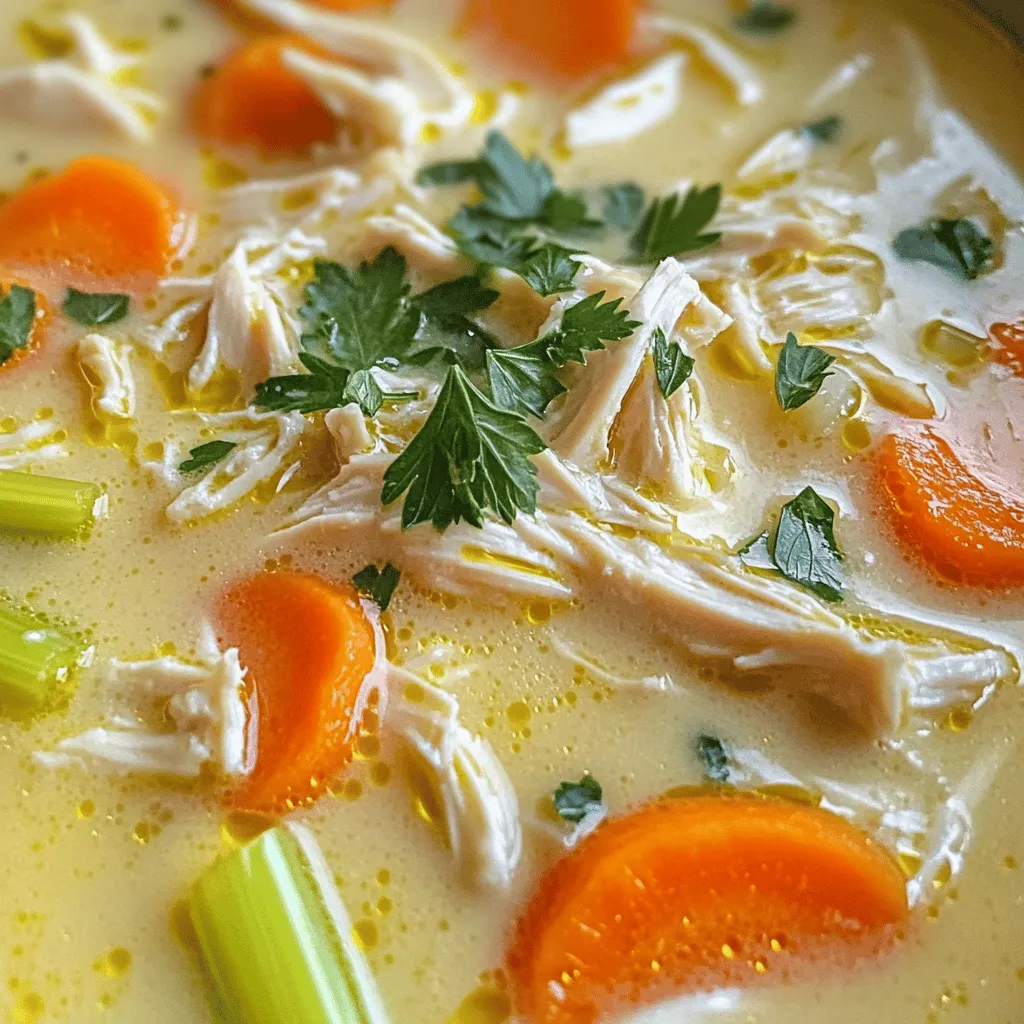 - Chicken and Vegetables - 2 boneless, skinless chicken breasts - 1 tablespoon olive oil - 1 medium onion, diced - 2 cloves garlic, minced - 3 medium carrots, chopped - 2 celery stalks, chopped - Seasonings and Broth - 4 cups chicken broth - 1 teaspoon dried thyme - 1 teaspoon dried basil - 1/2 teaspoon paprika - Salt and pepper to taste - Cream and Garnish - 1 cup heavy cream - Fresh parsley, chopped (for garnish) Gathering these ingredients is key for this dish. Each one plays a role in creating that rich, creamy flavor. The chicken forms the base, while the vegetables add a nice crunch. The blend of seasonings brings everything together. Finally, the cream adds the luxurious touch that makes this soup special. Using fresh parsley not only makes it pretty but also adds a fresh taste. You can find most of these ingredients in your local store. Let’s get cooking! First, let’s make the base. In a large pot, heat one tablespoon of olive oil over medium heat. Once hot, add one medium onion, diced. Sauté for about 3 to 4 minutes until it turns soft and clear. Next, add two cloves of minced garlic. Cook for another minute until you smell that great garlic aroma. Now, it’s time to add some color and flavor. Toss in three chopped carrots and two chopped celery stalks. Stir them around for about 5 minutes. You want them to start softening but not mushy. With the base ready, let’s focus on the chicken. Take two boneless, skinless chicken breasts and season them well. Use salt, pepper, one teaspoon of dried thyme, one teaspoon of dried basil, and half a teaspoon of paprika. Rub the spices into the chicken for great flavor. Next, place the seasoned chicken into the pot with the veggies. Pour in four cups of chicken broth. Bring the mixture to a gentle boil. Once boiling, reduce the heat, cover the pot, and let it simmer for about 15 to 20 minutes. You want the chicken to cook all the way through and be nice and tender. Now we finish our soup. Carefully remove the chicken from the pot. Use two forks to shred the chicken into bite-sized pieces. Return the shredded chicken back to the pot. It’s time for the creamy magic! Stir in one cup of heavy cream. Mix it well so that the cream blends into the soup. Let the soup simmer for another 5 minutes to heat everything through. Taste it and add more salt and pepper if needed. Finally, serve your delicious soup hot. Don’t forget to sprinkle some fresh chopped parsley on top for a nice touch! - Overcooking the Chicken: Cook the chicken just until it is done. If you leave it too long, the chicken will be dry. Tender chicken makes the soup rich. - Skipping Seasoning Adjustments: Taste as you go. You might need more salt or pepper. Each broth can taste different, so adjust to your liking. - Incorporating Additional Herbs: Fresh herbs add brightness. Try adding a sprig of rosemary or dill. They can elevate the taste of your soup. - Using Homemade Chicken Broth: Homemade broth brings deep flavor. If you have time, make your broth from scratch. It adds a personal touch and enhances the overall dish. This soup is all about layers of flavor. Keep these tips in mind to make your Creamy Marry Me Chicken Soup the best it can be. {{image_2}} Using Different Proteins You can switch out chicken for other meats. Turkey works great. You might also try pork or beef. For a vegetarian option, use chickpeas or lentils. They add protein and flavor. Adjust the cooking time based on your choice. Thinner meats cook faster, while thicker ones take longer. Dairy-Free Alternatives If you want a dairy-free version, use coconut milk instead of heavy cream. It offers a creamy texture and a hint of sweetness. Almond milk or soy milk can also work. Just make sure to add a little cornstarch to help thicken the soup. Adding Spicy Elements Want to spice things up? Add some red pepper flakes or a dash of hot sauce. This will warm the soup and excite your taste buds. You can also toss in some diced jalapeños for extra heat. Adjust the amount based on your spice level. Incorporating Vegetables Feel free to add more veggies for extra nutrition. Peas, corn, or bell peppers can brighten up the soup. Spinach or kale adds a nice green touch. Just chop them small and add them when you mix in the cream. They will cook down quickly and blend well. How do you store leftovers? After enjoying your Creamy Marry Me Chicken Soup, let it cool down. Pour it into an airtight container. Make sure the soup is covered well. Proper storage helps keep it fresh. You can store it in the fridge for up to three days. When you reheat it, warm it on low heat. Stir well to mix the flavors again. What are the best practices for freezing soup? To freeze your soup, first cool it completely. Then, pour it into freezer-safe containers. Leave some space at the top. The soup will expand as it freezes. Label each container with the date and name. You can freeze the soup for up to three months. When you're ready to enjoy it, thaw it overnight in the fridge. Reheat on the stove or in the microwave. Stir well before serving to bring back its creamy texture. You can serve this soup with warm bread or crusty rolls. A fresh salad adds a nice crunch, too. For a fun twist, try pairing it with garlic bread. The rich soup goes well with light sides. You can also serve it with a side of rice or quinoa for extra heartiness. Yes, you can make this soup in a slow cooker! Start by sautéing the onion and garlic on the stove. Then, add all the ingredients to the slow cooker. Cook on low for 6-8 hours or high for about 3-4 hours. Shred the chicken and stir in the cream just before serving. This method makes it easy to enjoy the flavors all day. Leftovers can last about 3-4 days in the fridge. Store the soup in an airtight container. Always let it cool before placing it in the fridge. Reheat the soup on the stove or in the microwave. If it thickens, add a little water or broth to loosen it up. Enjoy your delicious soup again! This blog post covered how to create Creamy Marry Me Chicken Soup. We started with the right ingredients, including chicken and vegetables. I shared easy steps for cooking the base and chicken. We also talked about tips for enhancing flavor and avoiding mistakes. Finally, I shared storage advice to keep your soup fresh. With all these details, you can make a delicious soup that delights. Dive in, and enjoy your cooking adventure!