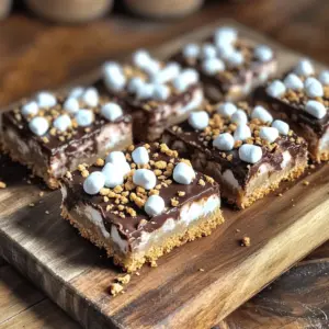 - 2 cups all-purpose flour - 1 teaspoon baking soda - ½ teaspoon salt - 1 cup unsalted butter, softened - 1 cup brown sugar, packed - ½ cup granulated sugar - 1 teaspoon vanilla extract - 2 large eggs - 2 cups chocolate chips (milk or semi-sweet) - 1 cup mini marshmallows - 1 cup graham cracker crumbs To make these S'mores Cookie Bars, you need a mix of simple, tasty ingredients. First, gather your flour, baking soda, and salt. These form the base of the cookie. Next, you will need butter, brown sugar, and granulated sugar. The butter must be soft to mix well. This mixture gives the bars their rich flavor and soft texture. Don't forget the vanilla extract and eggs. They add moisture and depth to the dough. Now, for the fun part: the chocolate chips, mini marshmallows, and graham cracker crumbs. These ingredients create that classic S'mores flavor. The chocolate brings sweetness, while the marshmallows add a gooey texture. The graham cracker crumbs give a crunchy bite. - Drizzle of melted chocolate - Extra graham cracker crumbs for topping - Mini marshmallows for garnish For extra flair, consider adding a drizzle of melted chocolate on top. It looks great and tastes even better. You can also sprinkle some extra graham cracker crumbs for a crunch. Mini marshmallows make a cute garnish too. They add a fun touch, making your bars even more inviting. 1. First, preheat your oven to 350°F (175°C). 2. Grease a 9x13 inch baking pan or line it with parchment paper. 3. In a medium bowl, mix together 2 cups of all-purpose flour, 1 teaspoon of baking soda, and ½ teaspoon of salt. Set this bowl aside. 1. In a large mixing bowl, cream 1 cup of softened unsalted butter, 1 cup of packed brown sugar, and ½ cup of granulated sugar. Mix until light and fluffy, about 3-4 minutes. 2. Next, add in 2 large eggs and 1 teaspoon of vanilla extract. Beat this mixture until it's well combined. 1. Gradually mix the dry ingredients into the wet mixture. Stir until just combined. Avoid overmixing. 2. Now, fold in 2 cups of chocolate chips, 1 cup of graham cracker crumbs, and 1 cup of mini marshmallows. Make sure they are evenly spread throughout the dough. 3. Spread the dough evenly into the prepared baking pan. Use a spatula to smooth the top. 1. Bake in the preheated oven for 25-30 minutes. Look for a golden brown color. 2. To check for doneness, insert a toothpick in the center. If it comes out clean, the bars are ready. 1. Let the bars cool in the pan for about 15 minutes. This helps them set. 2. For best results, cool them for a few more minutes on a wire rack. 3. Cut into squares for serving. Enjoy your delicious S'mores Cookie Bars! To bake the perfect S'mores cookie bars, avoid overmixing the dough. When you mix the wet and dry ingredients, stop as soon as they come together. Overmixing can make the bars tough. Check for doneness by looking for a golden brown color. Insert a toothpick in the center. If it comes out clean, your bars are ready. Remember, they will continue to cook a bit after you take them out. For a fun presentation, serve the bars on a wooden cutting board. Drizzle melted chocolate over the top for a special touch. You can also sprinkle extra graham cracker crumbs and mini marshmallows on top. This adds color and texture. Pair these bars with a scoop of vanilla ice cream or a glass of cold milk. The cool, creamy textures balance the warm cookie bars perfectly. To make your baking easier, use a 9x13 inch baking pan. Grease it well or line it with parchment paper for easy removal. A spatula helps spread the dough evenly in the pan. A whisk works well for mixing dry ingredients. Use a large mixing bowl for creaming butter and sugars together. These tools make the process smooth and fun! {{image_2}} You can switch up the flavors to make your S'mores Cookie Bars even better. Instead of using regular chocolate chips, try dark chocolate or white chocolate. Dark chocolate brings a rich taste, while white chocolate adds a creamy sweetness. You can also explore using different brands or types of chocolate chips to find your favorite. For sweeteners, consider using coconut sugar or honey. Coconut sugar gives a slight caramel flavor. Honey adds natural sweetness and moisture. Both options can give your cookie bars a unique twist. If you need gluten-free options, swap the all-purpose flour for a gluten-free blend. Many brands offer great mixes that work well in baking. Just make sure it includes xanthan gum for the right texture. For vegan substitutions, use dairy-free butter and flax eggs. To make a flax egg, mix one tablespoon of ground flaxseed with three tablespoons of water. Let it sit for a few minutes until it thickens. This will help bind the bars just like eggs do. You can also create themed S'mores Cookie Bars for special occasions. For Halloween, add orange food coloring to the dough and top with candy corn. For Christmas, mix in crushed peppermint candies or holiday-themed sprinkles. These fun ideas can make your treats festive and exciting! Store your S'mores cookie bars at room temperature. Use an airtight container to keep them fresh. If you live in a hot area, refrigerate them for extra safety. These bars can last about five days. To freeze the bars, first let them cool completely. Next, cut them into squares. Wrap each square in plastic wrap. Place the wrapped bars in a freezer bag. They can stay fresh for up to three months. To reheat, place a bar on a microwave-safe plate. Heat for about 10-15 seconds. This warms it up without making it too hot. You can also enjoy them cold for a tasty treat! You can use several fun options instead of graham cracker crumbs. Here are some ideas: - Crushed cookies: Try vanilla wafers or digestive biscuits. - Oreo crumbs: For a chocolate twist, crush Oreos. - Almond flour: This adds a nutty flavor and gluten-free option. - Bisquick: It works well for a quick substitute. These options will give your bars a unique taste while still providing that crunchy base. Yes, you can prepare these cookie bars in advance. Here are some tips: - Mix the dough: You can mix the dough a day before. Store it in the fridge. - Bake and cool: Bake them a day ahead. Store in an airtight container. - Freeze: You can freeze the baked bars for up to three months. Just thaw before serving. Making them early helps save time for your fun gathering. Chewy cookie bars are a delight! Here are some simple techniques: - Use brown sugar: This helps retain moisture. - Don't overbake: Bake until just golden brown. A toothpick should come out with a few moist crumbs. - Add extra marshmallows: They keep the bars soft and gooey. These tips will make sure your cookie bars stay chewy and delicious. Absolutely! S'mores Cookie Bars are perfect for kids. Here’s why: - Easy to make: Kids can help mix and spread the dough. - Safe ingredients: They use common baking items, which are safe. - Fun to eat: The gooey marshmallows and chocolate make them exciting. These cookie bars are a sweet treat that kids will love to make and eat! In this blog post, we explored how to make tasty S'mores Cookie Bars. You learned the key ingredients, step-by-step instructions, and helpful tips. I shared fun variations and storage tips to keep your treats fresh. Remember, these cookie bars are simple, fun to make, and loved by kids. Enjoy every bite, and don’t forget to share with friends!