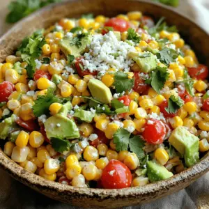 To make this tasty Mexican corn salad, you need to gather some fresh ingredients. Here’s what you will need: - 4 cups corn kernels (fresh or frozen) - 1 red bell pepper, diced - 1 green onion, chopped - 1 cup cherry tomatoes, halved - 1 avocado, diced - 1/2 cup crumbled cotija cheese (or feta cheese) - 1/4 cup mayonnaise - 2 tablespoons lime juice - 1 teaspoon chili powder - 1/2 teaspoon cumin - Salt and pepper to taste - Fresh cilantro, chopped (for garnish) These ingredients work well together. The corn gives a sweet base. The red bell pepper adds crunch. The green onion brings a mild onion flavor. Cherry tomatoes add juiciness. The avocado adds creaminess, while cotija cheese gives a salty bite. The dressing, with mayonnaise and lime juice, ties it all together. Chili powder and cumin add warmth. Fresh cilantro brightens the dish. When you choose your ingredients, look for fresh corn if you can. It boosts the flavor. If you use frozen corn, make sure to thaw it and drain it well. Each ingredient plays a key role in making this salad bright and delicious. First, decide if you want to use fresh or frozen corn. If you choose fresh corn, grill or boil the cobs until they are tender. This usually takes about 10 minutes. After cooking, let the corn cool. Once it is cool, cut the kernels off the cob and place them in a large bowl. For frozen corn, all you need to do is thaw it. You can do this by letting it sit at room temperature or running it under warm water. Make sure to drain any excess water before adding it to your bowl. Now that the corn is ready, it’s time to mix in the other vegetables. Add the diced red bell pepper, chopped green onion, halved cherry tomatoes, and diced avocado to the bowl with the corn. Stir everything together gently. Next, prepare the dressing in a separate small bowl. Combine the mayonnaise, lime juice, chili powder, cumin, salt, and pepper. Mix well until everything is smooth and blended. Drizzle the dressing over your corn mixture. Use a spatula to gently toss everything together. Make sure all the veggies are coated with the dressing. Taste the salad and adjust the seasoning if needed. Finally, fold in the crumbled cotija cheese. This adds a nice salty flavor. Garnish your salad with fresh chopped cilantro. This step makes the dish look colorful and fresh. Enjoy it right away or chill it for about 30 minutes for the best flavor. To make the best Mexican corn salad, start with selecting fresh corn. If you can, use corn on the cob. Look for cobs with bright green husks and golden silk. The kernels should feel plump and firm. If fresh corn isn't available, frozen corn works well too. Just be sure to thaw and drain it properly. Preparing ingredients ahead saves time. Dice the red bell pepper, chop the green onion, and halve the cherry tomatoes before you start mixing. You can also cut the avocado just before serving to keep it fresh and green. Want some heat? Add diced jalapeños or a splash of hot sauce. It gives the salad a nice kick. If you prefer a milder taste, leave out the spice. For cheese, cotija is traditional, but feta works nicely too. If you want a vegan option, try using a plant-based cheese or simply skip it. The salad will still taste amazing. Mexican corn salad pairs perfectly with grilled meats. Chicken, steak, or shrimp are all great choices. You can also serve it as a dip with tortilla chips. Just scoop it up for a tasty snack or appetizer. This salad is versatile and fits many occasions. Enjoy! {{image_2}} You can make this salad your own by adding different ingredients. Roasted red peppers add a sweet and smoky flavor. You can also use roasted corn for a deeper taste. Black beans are a great choice too. They add protein and make the salad heartier. Feel free to mix and match these ingredients to suit your taste. The dressing can change the whole vibe of the salad. You can substitute Greek yogurt for mayonnaise. This swap gives you a creamy texture with less fat. Another option is using a vinaigrette instead of a creamy dressing. A simple lime vinaigrette brightens up the dish and can be lighter. Want to bring a taste of Mexico to your salad? Incorporate traditional Mexican spices like chili powder or cumin. These spices give the salad a warm, bold flavor. You can also add fruits like mango or pineapple. These add a sweet, tropical note that plays well with the savory ingredients. To keep your Mexican corn salad fresh, refrigerate it right after serving. Place it in an airtight container. This will help keep the flavors intact and prevent it from drying out. Mexican corn salad lasts about 3 to 5 days in the fridge. Always check for signs of spoilage. Look for off smells or a mushy texture. If it smells bad or feels slimy, it’s best to throw it away. You don’t need to reheat leftovers. This salad tastes great cold. If you want to refresh it, add a little lime juice before serving. This adds freshness and brightens the flavors. Yes, you can use canned corn. It is easy and quick. Just drain and rinse it well. Canned corn is sweet and tender. However, it may lack the fresh taste of corn on the cob. Fresh corn provides a crunch that canned corn cannot match. If time is tight, canned corn works fine. For the best flavor, fresh or frozen corn is preferred. Yes, Mexican corn salad is healthy. It has lots of fresh veggies. Corn is high in fiber and vitamins. Bell peppers add vitamin C. Avocados bring healthy fats. Green onions and cilantro are good for digestion. The salad is colorful, tasty, and good for you. It’s a great side dish or light meal option. Making this salad vegan is easy! You can use vegan mayonnaise instead of regular mayo. For cheese, try using vegan feta or skip it altogether. The salad still tastes great without cheese. You can also add nuts or seeds for extra crunch. This way, you keep all the flavor and make it plant-based. In this blog post, we explored how to make a delicious Mexican corn salad. We covered the main ingredients, step-by-step preparation, and tips for freshness. You can customize your salad with different flavors or ingredients. Storing leftovers properly helps keep it fresh. Mexican corn salad is versatile and easy to make. I hope you enjoy creating this colorful dish at home!
