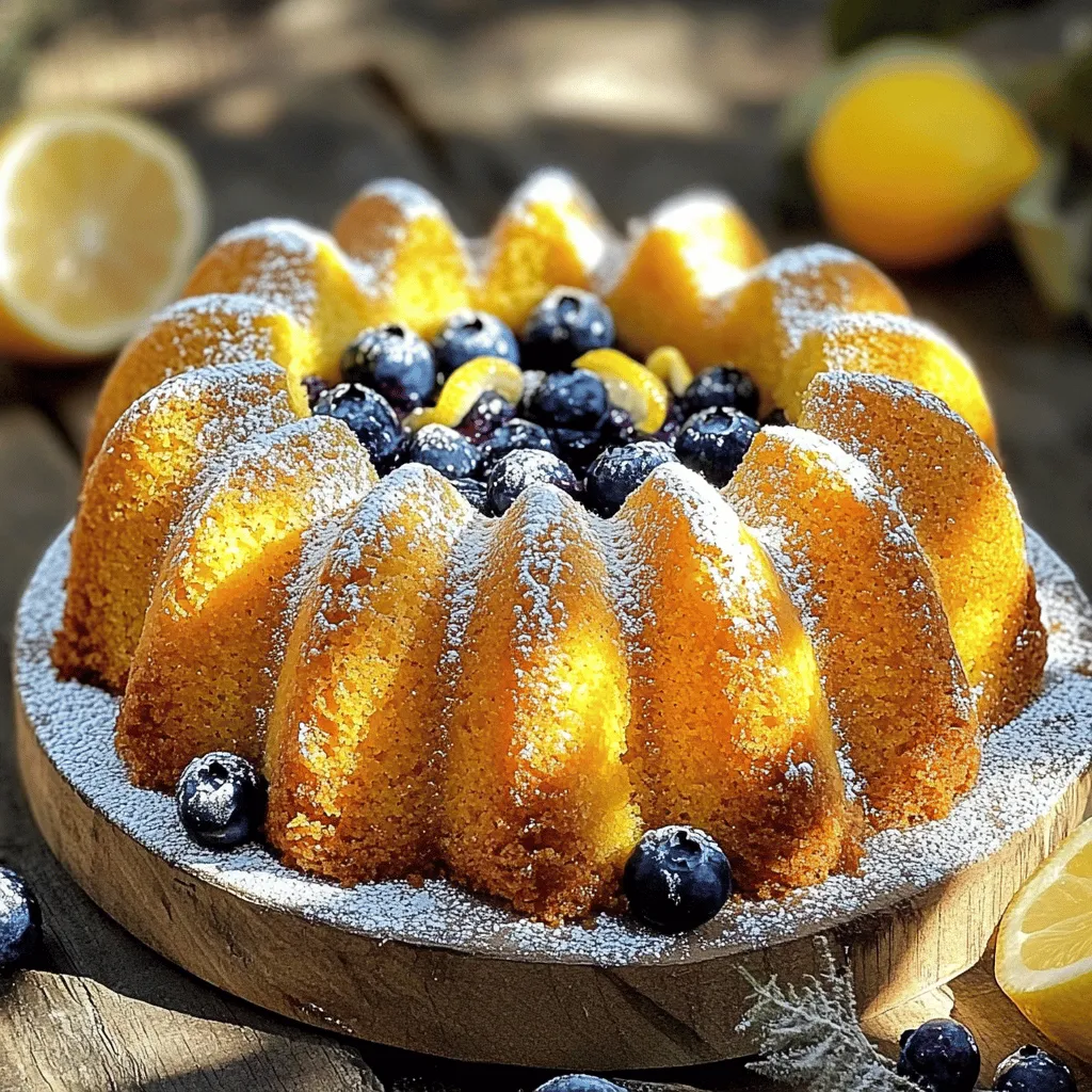 To make a tasty lemon blueberry pound cake, you need the following ingredients: - 1 cup unsalted butter, softened - 2 cups granulated sugar - 4 large eggs - 3 cups all-purpose flour - 1 tablespoon baking powder - 1/2 teaspoon salt - 1 cup buttermilk - Zest of 2 lemons - 1/4 cup fresh lemon juice - 2 cups fresh blueberries (or frozen, thawed and drained) - 1 teaspoon vanilla extract These ingredients create a soft, moist cake that bursts with lemon and blueberry flavor. The butter adds richness, while the sugar provides sweetness. Eggs help bind everything together. The flour gives your cake structure, and baking powder makes it rise. You can add a touch of sweetness with these optional decorations: - Powdered sugar for dusting This simple dusting can elevate your cake's look and taste. It adds a nice contrast to the bright blueberries. Choosing the right blueberries is key for flavor and texture. Here are my tips: - Look for plump, firm berries with a deep blue color. - Check for a white, powdery bloom on the surface; this shows freshness. - Avoid berries that are mushy or have leaks. Fresh blueberries make your cake juicy and flavorful. If fresh ones aren't available, frozen blueberries work too. Just thaw and drain them before use. Start by gathering all your ingredients. You will need: - 1 cup unsalted butter, softened - 2 cups granulated sugar - 4 large eggs - 3 cups all-purpose flour - 1 tablespoon baking powder - 1/2 teaspoon salt - 1 cup buttermilk - Zest of 2 lemons - 1/4 cup fresh lemon juice - 2 cups fresh blueberries - 1 teaspoon vanilla extract - Optional: Powdered sugar for dusting Next, preheat your oven to 350°F (175°C). Grease a 9x5-inch loaf pan. You can also line it with parchment paper. This will help the cake come out easily later. In a large bowl, cream the softened butter and sugar. Use an electric mixer on medium speed until fluffy. This should take about 3-4 minutes. Add the eggs one at a time. Mix well after each egg. Don’t forget to scrape the bowl’s sides to mix everything well. In a separate bowl, whisk together the flour, baking powder, and salt. Gradually add this dry mix to the wet mix. Alternate with the buttermilk. Start with the flour, mix, then add buttermilk, and repeat until combined. Now, gently fold in the lemon zest, lemon juice, blueberries, and vanilla extract. Use a spatula and be careful not to crush the blueberries. Pour the batter into your prepared loaf pan. Smooth the top with a spatula. Bake in the oven for 60-70 minutes. Check if it’s done by inserting a toothpick in the center. If it comes out clean, the cake is ready. If the top browns too quickly, cover it with aluminum foil for the last 20 minutes. After baking, take it out of the oven. Let it cool in the pan for about 10 minutes. Then, carefully transfer it to a wire rack to cool completely. Once cooled, you can dust the top with powdered sugar for an extra touch. Enjoy this fresh and flavorful treat! To keep your Lemon Blueberry Pound Cake moist, use fresh ingredients. Always use room temperature butter and eggs. This helps them blend better. Adding buttermilk also adds moisture and a slight tang. Don't skip the lemon juice; it keeps the cake soft and flavorful. Avoid over-mixing the batter once you add the flour. This can lead to a dense cake. Gently fold in the blueberries to prevent them from breaking. Many people make simple mistakes when baking. One key mistake is not preheating the oven. Always set your oven to 350°F before starting. Another mistake is not measuring ingredients correctly. Use a kitchen scale for precision. If you don’t have one, use measuring cups and spoons carefully. Lastly, don’t forget to check your cake with a toothpick. If it comes out clean, your cake is done! Having the right tools makes baking easier. Here’s a list of tools you need: - 9x5-inch loaf pan: This is the perfect size for your cake. - Electric mixer: It saves time when creaming butter and sugar. - Mixing bowls: Use at least two for mixing wet and dry ingredients separately. - Spatula: A silicone spatula helps you fold in ingredients gently. - Wire rack: This allows your cake to cool evenly after baking. Using these tools will help you create a perfect Lemon Blueberry Pound Cake every time! {{image_2}} You can switch up the blueberries for other fruits. Try raspberries or strawberries for a fresh taste. Cherries work well too. Just chop them into small pieces. Make sure to adjust the sugar if the fruit is very sweet or tart. To make a gluten-free version, swap all-purpose flour for a gluten-free blend. Look for one that works well in baking. You may need to add a little more liquid, like milk or water, to keep the batter moist. This way, everyone can enjoy this tasty treat. For a fun twist, add a lemon drizzle icing. Mix powdered sugar with fresh lemon juice until smooth. Drizzle it on top of the cooled cake for a sweet and tangy finish. It adds a nice shine and extra flavor. You can also sprinkle some zest on top for a pop of color. To keep your Lemon Blueberry Pound Cake fresh, store it in an airtight container. This helps it stay moist and keeps out air. If you do not have a container, wrap the cake tightly in plastic wrap. Place it in a cool, dry place, away from sunlight. Avoid storing it in the fridge, as this can dry it out. For best taste, eat the cake within three days. If you want to keep it longer, freezing is a great option. You can freeze your Lemon Blueberry Pound Cake for up to three months. First, let the cake cool completely. Wrap it tightly in plastic wrap, then in aluminum foil. This double wrap prevents freezer burn. Write the date on the foil so you know when you froze it. When you're ready to enjoy it, thaw the cake overnight in the fridge. For quicker thawing, leave it at room temperature for a few hours. If your cake feels dry after storage, don't worry! You can refresh it easily. Use a simple syrup made from equal parts water and sugar. Heat the mixture until the sugar dissolves. Brush the syrup over the top of the cake. This adds moisture and sweetness. Another option is to serve slices with a dollop of whipped cream or a scoop of ice cream. Both options bring back that fresh taste and make your cake shine again. Yes, you can use frozen blueberries. Just make sure to thaw and drain them first. This step helps keep the batter from becoming too wet. Frozen berries work well and still taste great in the cake. The cake lasts about 3 to 5 days at room temperature. Keep it in an airtight container to keep it fresh. If you want it to last longer, you can freeze it. It stays good for about 2 to 3 months in the freezer. The key to a fluffy pound cake is creaming the butter and sugar well. This step adds air to the batter. Also, adding eggs one at a time helps. Mixing well after each egg ensures a smooth batter. Finally, don’t overmix when adding flour; just mix until combined. This keeps the cake light and airy. In this article, we explored how to make a delicious lemon blueberry pound cake. We covered essential ingredients, with tips on selecting fresh blueberries and decoration ideas. You learned step-by-step instructions, from prepping to baking. I shared tips for a moist cake and common mistakes to avoid. We also discussed fun variations, storage tips, and answered common FAQs. Remember, baking is fun! Enjoy experimenting with flavors and sharing your cake with others.