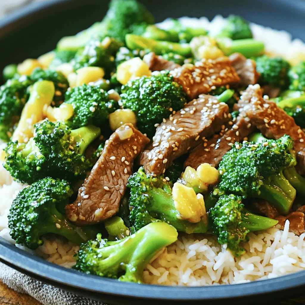 - 1 pound flank steak, thinly sliced against the grain - 4 cups broccoli florets - 3 cloves garlic, minced - 1 tablespoon ginger, grated - 1/4 cup soy sauce (low-sodium) - 2 tablespoons sesame oil - 1 tablespoon cornstarch - 1 tablespoon honey - 1/2 teaspoon red pepper flakes (optional) - Cooked jasmine rice for serving - 2 tablespoons sesame seeds for garnish To make One-Pan Beef & Broccoli, you need fresh and simple ingredients. The flank steak adds rich flavor, while broccoli brings color and crunch. Garlic and ginger add warmth and zest. For the sauce, low-sodium soy sauce keeps it light. Sesame oil gives a nutty taste, and honey balances the saltiness. Cornstarch helps thicken the sauce, and red pepper flakes add a little heat, if you like. When selecting your ingredients, choose the best quality. Fresh broccoli should be bright green and firm. The flank steak should be well-marbled for tenderness. You can easily adjust the recipe based on what you have. Have fun with it! - Combine 1 pound of flank steak, 1/4 cup of soy sauce, 1 tablespoon of cornstarch, and 1 tablespoon of honey in a bowl. - Toss the meat until it is well-coated. - Let it marinate for 15 minutes. This step adds flavor and tenderizes the beef. - Heat 2 tablespoons of sesame oil in a skillet over medium-high heat. - Once the oil is hot, add the marinated beef in a single layer. - Cook for 3-4 minutes until browned but not fully cooked. Remove the beef from the pan and set it aside. - In the same skillet, add the remaining sesame oil. - Sauté 3 cloves of minced garlic and 1 tablespoon of grated ginger for about 30 seconds. This creates a flavorful base. - Add 4 cups of broccoli florets to the skillet. Stir-fry for about 5 minutes until they are bright green and tender-crisp. - Add the beef back to the skillet with any juices. - Stir everything together and cook for another 2-3 minutes until the beef is fully cooked and the broccoli is tender. - Taste and adjust the seasoning if needed. Serve over cooked jasmine rice and garnish with sesame seeds. - Tips for slicing flank steak: Always slice flank steak against the grain. This helps the meat stay tender. Use a sharp knife for clean cuts. Aim for strips about 1/4 inch thick. - Best practices for marinating: Mix the flank steak with soy sauce, cornstarch, and honey. This blend adds flavor and helps the meat stay juicy. Let it marinate for at least 15 minutes. If you have time, marinate longer for deeper flavor. - Optimal cooking time for crisp-tender broccoli: Stir-fry broccoli for about 5 minutes. This timing gives you that perfect bright green color and crisp-tender bite. Keep a close eye on it! - Ways to retain bright green color: To keep broccoli bright, avoid overcooking. You can also shock it in cold water briefly after cooking. This method helps lock in that vibrant green hue. - Best rice options: Serve your beef and broccoli over jasmine rice. This rice has a lovely aroma and pairs well with the dish. You can also use brown rice for a healthier option. - Additional garnishes to enhance flavor: Sprinkle sesame seeds over the dish just before serving. They add a nice crunch and nutty flavor. You can also top it with sliced green onions for a fresh touch. {{image_2}} You can swap flank steak for other meats. Sirloin or ribeye works great. You may also choose chicken. Thinly slice it and marinate like you would beef. For a plant-based option, try tofu. Press it to remove water, then cut it into cubes. Marinate it the same way for full flavor. This recipe is flexible with veggies. You can add bell peppers, snap peas, or carrots. They add color and taste. For fresh ingredients, use seasonal veggies like asparagus in spring or squash in fall. This way, you keep things fresh and fun. Want more heat? Add extra red pepper flakes to spice things up. For different flavors, try teriyaki sauce or hoisin sauce. These options can give you a new twist. You can also mix soy sauce with lime juice for a zesty kick. Experiment and find what you love! You can store leftovers in the fridge for up to three days. Make sure to put them in an airtight container. This keeps the flavors fresh and prevents smells from mixing. To reheat, use the stove for best results. Just add a splash of water in a skillet. Heat on low and stir often until warm. This way, you keep the beef and broccoli tender. You can freeze this dish for up to three months. Place it in a freezer-safe container. Make sure to let it cool before freezing to avoid ice crystals. Thaw in the fridge overnight for best results. If you're in a hurry, use the microwave on defrost. Always reheat thoroughly before serving to ensure it’s safe to eat. Yes, you can prep this recipe in advance. Start by slicing the flank steak. Mix it with soy sauce, cornstarch, and honey. Let it marinate in the fridge for up to 24 hours. You can also wash and cut the broccoli ahead of time. Store it in an airtight container. When you're ready to cook, just heat the pan and follow the recipe steps. This saves time when you want a quick meal. To make this dish less spicy, skip the red pepper flakes. You can also add more honey to balance the heat. If you want a hint of spice without the burn, try using sweet chili sauce. Adding more broccoli can help tone down the spice too. This way, you keep the flavor but reduce the heat level. If you don’t have sesame oil, you can use other oils. Olive oil or avocado oil works well. These oils have a mild flavor. You can also use peanut oil for a nutty taste. Each option will still give good results in your dish. Just remember to keep the oil at medium-high heat for the best cooking. This blog post covers a tasty stir-fry recipe featuring flank steak and broccoli. You learned the key ingredients needed, including soy sauce and sesame oil. I provided step-by-step cooking instructions to make the process easy. I also shared tips for perfecting your dish and variations to suit your taste. In the end, this recipe is versatile and perfect for meals. You can adjust ingredients and store leftovers well. Try it out, and make your kitchen the place for great flavors!